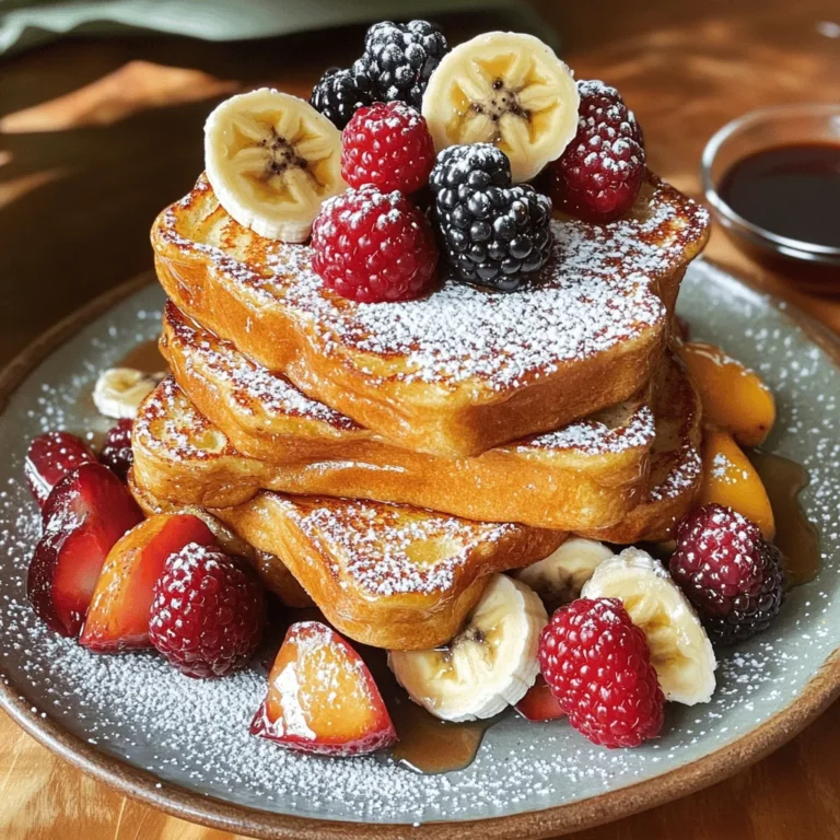 To make Classic French Toast, you need a few key items. Here’s what to gather: - 4 slices of thick brioche or challah bread - 2 large eggs - 1/2 cup milk (whole or almond) - 1 teaspoon vanilla extract - 1/2 teaspoon ground cinnamon - 1 tablespoon sugar (optional) - Butter, for frying - Maple syrup, for serving - Fresh berries or banana slices, for garnish These ingredients create a rich flavor and soft texture. The bread choice makes a big difference. Thick bread holds the egg mix well. Want to mix things up? You can add fun flavors! Try these options: - A pinch of nutmeg for warmth - Chocolate chips for sweetness - A splash of orange juice for zest - Fresh herbs like mint for a twist These add-ins can change the taste and make your French toast special. Feel free to experiment! Serving French toast is part of the fun. Here are some ideas: - Stack the slices high on a plate - Drizzle warm maple syrup on top - Dust with powdered sugar for a sweet touch - Add fresh berries or banana slices for color You can also serve it with whipped cream or yogurt. These toppings make your dish look great and taste even better! You can find the full recipe above for more details. To start, gather all your ingredients. You will need: - 4 slices of thick brioche or challah bread - 2 large eggs - 1/2 cup milk (whole or almond) - 1 teaspoon vanilla extract - 1/2 teaspoon ground cinnamon - 1 tablespoon sugar (optional) - Butter, for frying - Maple syrup, for serving - Fresh berries or banana slices, for garnish In a large bowl, whisk the eggs and milk together. Add the vanilla, cinnamon, and sugar if desired. Mix until smooth. Make sure there are no lumps. Preheat your skillet or griddle over medium heat. Add a pat of butter to coat the surface. Dip each slice of bread into the egg mixture. Ensure both sides are soaked but not too soggy. Let any excess drip off. Place the soaked bread onto the skillet. Cook each slice for 2-3 minutes. Look for a golden brown color. Flip and cook the other side until crispy. Add more butter to the skillet if needed. This helps prevent sticking. When done, remove the French toast from the skillet. Keep it warm while you finish cooking the rest of the slices. To plate your French toast, stack the slices neatly on a plate. Drizzle warm maple syrup over the top. Garnish with fresh berries or banana slices. A sprinkle of powdered sugar gives a nice touch too. For added flair, add a few mint leaves. This makes your dish pop and look inviting. For the full recipe, check the details above. Enjoy your delightful breakfast! For the best French toast, use thick bread. Brioche and challah are top picks. They soak up the egg mixture well and stay soft. Sourdough adds a nice tang. Whole grain bread offers a health boost. Avoid thin or dry bread. It won't hold up during cooking. Spices make a big difference. Ground cinnamon adds warmth. Nutmeg gives a cozy touch. You can also try cardamom for something unique. For toppings, think fresh fruit. Berries or banana slices work great. Drizzle warm maple syrup for sweetness. A sprinkle of powdered sugar looks nice too. Don’t rush the soaking! Ensure each slice is well soaked but not soggy. If the heat is too high, the outside burns while the inside stays raw. Use medium heat for even cooking. Also, don’t skip the butter. It helps achieve that perfect golden crust. Lastly, serve it fresh. It’s best when warm and crisp. For a full recipe, check the Golden Delight French Toast above. {{image_2}} You can play with flavors when making sweet French toast. Here are some ideas: - Nutella Swirl: Spread Nutella on one side of the bread before dipping it in the egg mix. - Fruit Stuffed: Add cream cheese and berries between two slices for a fruity surprise. - Pumpkin Spice: Mix in pumpkin puree and pumpkin spice into your egg mixture for a fall twist. - Chocolate Chip: Sprinkle chocolate chips on the bread while it cooks for a sweet treat. These sweet twists make your breakfast even more fun! Savory French toast is a great way to change things up. Here are some options: - Cheesy Spinach: Add shredded cheese and fresh spinach to the egg mix. - Herbed Tomato: Mix in chopped herbs like basil and tomatoes for a fresh flavor. - Bacon and Egg: Top your French toast with crispy bacon and a fried egg for a hearty meal. - Avocado Toast: Serve with smashed avocado and a sprinkle of salt for a healthy spin. Savory options can be just as delightful as sweet ones! Many cultures have their own versions of French toast. Here are a few to explore: - Spanish Torrija: Made with milk and cinnamon, then soaked and fried. Often served during Easter. - Italian Pane Dolce: Sweetened with sugar and flavored with citrus zest, served with syrup. - Mexican Caprese: Topped with cheese and fresh salsa for a spicy kick. - Korean French Toast: Stuffed with sweet red bean paste, offering a unique flavor. These variations show how French toast can fit into any meal! Once you finish your meal, it's key to store any leftover French toast properly. Place the cooled slices in an airtight container. This keeps them fresh and prevents them from drying out. You can store them in the fridge for up to three days. If you want to keep them longer, consider freezing. When it's time to enjoy your leftover French toast, reheating is simple. You can use a toaster, oven, or skillet. For the toaster, pop in a slice until it’s warm. If you use the oven, preheat it to 350°F. Place the slices on a baking sheet and heat for about 10 minutes. This method keeps the toast crispy. If you choose the skillet, heat it on low and flip the slices to warm them evenly. Freezing French toast is a great way to save food. After cooking, let the slices cool completely. Then, lay them flat on a baking sheet and freeze for about an hour. Once frozen, stack the slices in a freezer bag or container. Make sure to remove as much air as possible. You can freeze them for up to two months. When you’re ready to eat, just reheat as mentioned above for a quick meal. For the full recipe, see the earlier section! The best bread for French toast is thick brioche or challah. These breads soak up the egg mix well. They also get a nice crispy outside while staying soft inside. You can use other breads, like sourdough or Texas toast, but brioche and challah give the best results. Yes, you can make Classic French Toast dairy-free. Use almond milk or oat milk instead of regular milk. This keeps the taste great while making it safe for those who cannot have dairy. Just follow the same steps in the recipe for the best results. You can prepare French toast in advance by making it the night before. Cook the French toast, then let it cool. Place it in a container and store it in the fridge. In the morning, you can heat it up in the oven or on a skillet. This makes breakfast easy and quick. For full recipe details, check out the Golden Delight French Toast section. You now have a complete guide to making classic French toast. We covered the main ingredients, including fun variations and serving ideas. The step-by-step instructions make cooking easy. Remember to choose the best bread and avoid common mistakes for the best results. From sweet to savory, French toast can fit any taste. And don’t forget about how to store or reheat leftovers for later. Enjoy creating your perfect French toast dish that will delight everyone!