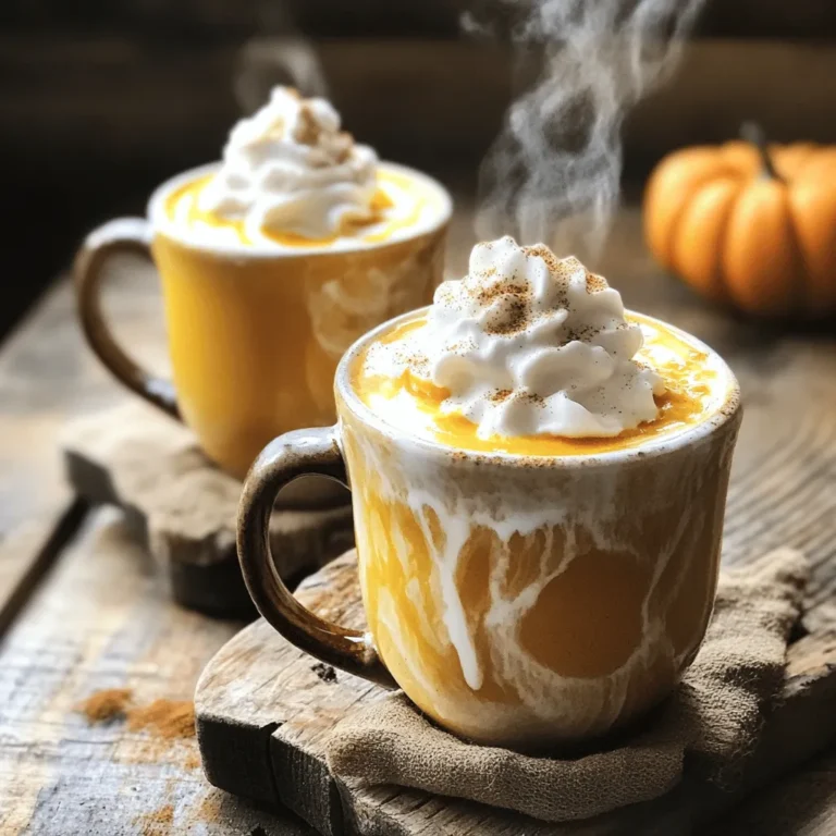 - 1 cup almond milk (or any milk of choice) - 1 cup water - 2 bags of black tea (or 2 tablespoons loose-leaf) - 1 tablespoon pumpkin puree - 1 tablespoon maple syrup - 1/2 teaspoon pumpkin pie spice - 1/4 teaspoon vanilla extract - 1/4 teaspoon ground cinnamon - Whipped cream (optional) You can make this drink your own with easy swaps. For a dairy-free option, use oat or coconut milk instead of almond milk. If you want less sugar, try using stevia or agave syrup instead of maple syrup. These changes keep the drink tasty and cozy. Using fresh pumpkin can enhance the flavor. Fresh pumpkin gives a vibrant taste and bright color. You can roast your pumpkin pieces to add depth to the drink. Canned pumpkin is a time-saver. It still tastes great and is easy to use. Both options work well, depending on your time and taste! For the full recipe, check out the detailed steps in the main article! To start, you need to heat the almond milk and water. In a saucepan, combine 1 cup of almond milk with 1 cup of water. Set the heat to medium. Watch it closely as it simmers. Do not let it boil. This step helps blend the flavors well. Next, steep the black tea. After the almond milk and water mix is warm, add two bags of black tea. Let them steep for about five minutes. This time allows the tea to develop a strong flavor. After steeping, remove the tea bags. Now, you are ready to mix in the good stuff. Start by whisking in the pumpkin and spices. Add 1 tablespoon of pumpkin puree and 1 tablespoon of maple syrup. Then, include 1/2 teaspoon of pumpkin pie spice, 1/4 teaspoon of vanilla extract, and 1/4 teaspoon of ground cinnamon. Whisk everything together until it is smooth. This step creates the rich flavor of the chai latte. You want to achieve the right consistency. Keep heating the mixture gently. Stir occasionally, but do not let it boil. Ensure it is warm and well combined. For a frothy drink, consider blending options. You can use a blender to froth it up. Pour the mixture into the blender and blend until creamy. If you prefer, use an immersion blender directly in the pan. This method is simple and effective. Now, for presentation tips. Pour the pumpkin spice chai latte into mugs. If you like, top it with whipped cream. Finish by sprinkling a bit more pumpkin pie spice or ground cinnamon on top. This adds a lovely touch to your cozy drink. Enjoy your homemade pumpkin spice chai latte! For more details, check the Full Recipe. To make your pumpkin spice chai latte even better, try adding more spices. You can mix in a pinch of nutmeg or cardamom for depth. You can also adjust the sweetness. If you like it sweeter, add more maple syrup or honey. For a different twist, use brown sugar or coconut sugar. Each option gives a unique taste to your latte. If you want a dairy-free drink, almond milk works great. You can also try oat milk or coconut milk. These options will keep your chai latte creamy and rich. For toppings, use coconut whipped cream or almond whipped cream. They add a nice touch while keeping it vegan. Batch preparation is a smart way to save time. You can make a large batch of chai base. Store it in the fridge for up to three days. When you want a latte, just heat it up and add milk. Using ready-made ingredients also helps. You can buy pumpkin puree or pumpkin spice blends to save time. This way, you’ll have a delicious drink in no time. Follow this [Full Recipe] for your perfect pumpkin spice chai latte! {{image_2}} You can use many types of milk for your chai latte. Almond milk is a great start. It adds a nutty flavor. If you want something richer, try coconut milk. It gives a creamy texture with a hint of sweetness. Oat milk is another choice. It froths well and has a mild taste. Soy milk works, too, offering a nice balance. Feel free to mix and match to find your perfect blend. Get creative with add-ins for your pumpkin spice chai latte. You can make a chocolate version by adding cocoa powder or chocolate syrup. This gives your drink a sweet twist. For caramel lovers, drizzle some caramel sauce on top. You can also add a shot of espresso for a caffeinated boost. This will give your latte a nice kick to start your day. If you prefer cold drinks, try an iced pumpkin spice chai latte. Start by brewing your chai as usual. Once it's ready, let it cool. Then, pour it over ice in a tall glass. You can blend it with ice for a refreshing, slushy drink. Add whipped cream on top for an indulgent treat. This version is perfect for warm days, keeping you cool and cozy. For the full recipe, check out the details above! To keep your pumpkin spice chai latte fresh, store it in an airtight container. This helps prevent any strange smells or flavors from getting in. Place it in the fridge and try to use it within three days. If you want to save some for later, you can freeze it. Just remember to leave some space in the container, as liquids expand when frozen. When reheating, use a saucepan over low heat. Stir it often to keep it from sticking. If you want to use the microwave, heat it in short bursts. Start with 30 seconds, then stir and check the temperature. This way, you keep the flavors intact and avoid overheating. Most of the ingredients in your chai latte have a good shelf life. Almond milk lasts about 7-10 days after opening, while canned pumpkin can stay fresh for a year if unopened. Black tea has a long shelf life, too, often lasting up to two years when stored correctly. Always check the labels and store them in a cool, dry place for best results. For the full recipe, check the earlier sections of the article. To make a Pumpkin Spice Chai Latte at home, gather these items: - 1 cup almond milk (or any milk of choice) - 1 cup water - 2 bags of black tea (or 2 tablespoons loose-leaf) - 1 tablespoon pumpkin puree - 1 tablespoon maple syrup (adjust to taste) - 1/2 teaspoon pumpkin pie spice (plus more for garnish) - 1/4 teaspoon vanilla extract - 1/4 teaspoon ground cinnamon - Whipped cream (optional) Start by heating the water and almond milk in a saucepan until it simmers. Add the black tea bags and steep for 5 minutes. Then, take the tea bags out. Mix in the pumpkin puree, maple syrup, pumpkin pie spice, vanilla, and cinnamon. Heat until warm, but don’t boil. You can blend it for a frothy finish. Pour it into mugs, add whipped cream if you like, and sprinkle more spice on top. For the full recipe, check out the details above. Pumpkin spice has many benefits. It contains cinnamon, ginger, nutmeg, and cloves. Each spice offers health perks. - Cinnamon: Helps lower blood sugar and reduces inflammation. - Ginger: Aids digestion and can ease nausea. - Nutmeg: Promotes good sleep and has antioxidant properties. - Cloves: Packed with antioxidants and may support liver health. These spices not only add flavor but also boost your health. Plus, pumpkin itself is full of vitamins A and C. It also provides fiber, which is good for digestion. Yes, you can use decaffeinated tea for your Pumpkin Spice Chai Latte. Many people enjoy chai without caffeine. Look for decaf black tea bags or loose-leaf options. This way, you can enjoy the rich flavors without the caffeine jitters. You may also find herbal chai blends that include spices without any tea leaves. So, you can sip on this cozy drink any time of day. You can find Pumpkin Spice Chai Latte at many grocery stores. Look for popular brands like Tazo or Stash. They often offer tea bags or instant mixes. If you prefer local coffee shops, many serve this drink during the fall season. You can also check online retailers for packaged mixes or specialty teas. This way, you can enjoy the taste of pumpkin spice chai latte wherever you are! This recipe for Pumpkin Spice Chai Latte is easy and fun. We covered ingredients, preparation steps, and tips for flavor. You can swap ingredients to fit your tastes. Making it vegan or finding shortcuts is possible. Try different milks or add chocolate for variety. Store leftovers to enjoy later. Now, it's your turn to create your perfect drink. Enjoy the warm flavors and share it with friends!