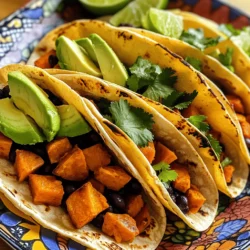 - 2 medium sweet potatoes, peeled and diced - 1 can (15 oz) black beans, rinsed and drained - 1 tablespoon olive oil - 1 teaspoon ground cumin - 1 teaspoon smoked paprika - ½ teaspoon chili powder - Salt and pepper to taste - 8 small corn tortillas - 1 avocado, sliced - ¼ cup fresh cilantro, chopped - 1 lime, cut into wedges - Optional toppings: diced red onion, crumbled feta cheese, or hot sauce Sweet potatoes add a natural sweetness and creamy texture. They are rich in vitamins A and C. Black beans provide protein and fiber, making the tacos filling. Olive oil helps the sweet potatoes roast perfectly, enhancing their flavor. Cumin and smoked paprika give a warm, earthy taste. Chili powder adds a gentle kick that balances the sweetness of the potatoes. When choosing sweet potatoes, look for ones that are firm and free from bruises. They should have smooth skin and be heavy for their size. For black beans, check the can for dents or bulges, which may indicate spoilage. Fresh cilantro should smell fragrant and have bright green leaves. When picking avocados, choose ones that yield gently to pressure; this means they are ripe and ready to eat. Make sure to check the lime for a smooth skin and a slight give, which shows it's juicy. Start by peeling and dicing the sweet potatoes. You want bite-sized pieces for even cooking. Rinse and drain the black beans in a colander. This removes excess sodium and makes them cleaner. Preheat your oven to 425°F (220°C). This helps the sweet potatoes roast nicely. In a bowl, mix the diced sweet potatoes with olive oil, cumin, smoked paprika, chili powder, salt, and pepper. Make sure each piece is well-coated. Spread the sweet potatoes on a baking sheet in a single layer. Roast them in the oven for about 25-30 minutes. Stir the potatoes halfway through for even cooking. While they roast, heat the black beans in a pot over medium heat. Add a pinch of salt and pepper for flavor. Once the sweet potatoes are tender, it's time to build your tacos. Warm the corn tortillas in a skillet for about 30 seconds on each side. This makes them soft and easy to fold. On each tortilla, place a generous spoonful of black beans. Top with roasted sweet potatoes. Add slices of avocado and a sprinkle of fresh cilantro. If you like, add diced red onion or crumbled feta. Finally, squeeze fresh lime juice over each taco. This adds a zesty kick to every bite. For the full recipe, refer to the complete instructions provided earlier. To roast sweet potatoes perfectly, start by cutting them evenly. Aim for small, bite-sized pieces. This helps them cook at the same rate. Toss them in olive oil and spices like cumin and smoked paprika. Spread them out on a baking sheet. Make sure they are not crowded; this ensures they roast, not steam. Roast at 425°F for 25-30 minutes. Stir them halfway through for even cooking. You want them tender and a little crispy. To boost flavor, add more spices. Try a pinch of cayenne for heat or garlic powder for depth. Fresh lime juice brightens the dish. Squeeze it over the tacos just before serving. Fresh cilantro adds a nice herb touch. You can also sprinkle some crumbled feta on top for creaminess. If you like crunch, add diced red onion or radishes for texture. Each bite should burst with flavor. You can swap sweet potatoes for butternut squash or even pumpkin. If you want more protein, add grilled chicken or shrimp. For a kick, try blackened fish. Tortillas can be corn, flour, or even lettuce wraps. Do you need a vegan option? Stick with black beans and skip the cheese. Get creative with toppings, too. Try salsa, guacamole, or even a drizzle of chipotle sauce. For the full recipe, refer to the provided details. {{image_2}} You can make these tacos even better by adding proteins. Try shredded chicken or ground turkey for a heartier dish. If you prefer plant-based options, try tofu or tempeh. Simply season your protein with similar spices to the sweet potatoes for a cohesive flavor. This adds texture and boosts protein content. Toppings can change the whole taco experience. Besides avocado and cilantro, consider adding diced red onion or crumbled feta cheese. Spice it up with jalapeños or drizzle hot sauce for heat. Fresh lime juice brightens every bite. Don’t forget to balance flavors; sweet, spicy, and creamy work well together. To keep these tacos gluten-free, use corn tortillas as listed in the recipe. Ensure any toppings like sauces or cheese are also gluten-free. You can explore gluten-free grains too. Quinoa or brown rice can add a nice base to your taco. This keeps your meal tasty and safe for everyone. You can find the Full Recipe to get started on this delicious dish! To keep your sweet potato and black bean tacos fresh, store the leftovers in airtight containers. Separate the tortillas from the filling to prevent sogginess. Place the sweet potatoes and black beans in one container. Store the tortillas in another. This way, they stay fresh and ready for your next meal. When you're ready to enjoy your tacos again, reheat the sweet potato and black bean mix in a skillet. Heat over medium until warm, stirring occasionally. For the tortillas, warm them in a dry skillet for about 30 seconds on each side. This method keeps them soft and tasty. You can freeze the sweet potato and black bean filling for later use. Allow it to cool completely before placing it in a freezer-safe container. It can last up to three months in the freezer. When you're ready to eat, thaw it in the fridge overnight and reheat as mentioned above. Just remember to use fresh tortillas for the best taste. For the full recipe, check the details above. Yes, you can prepare these tacos ahead of time. Cook the sweet potatoes and black beans a day before. Store them in the fridge in separate containers. When ready to serve, warm them up. Heat the tortillas just before serving for the best taste. You have many options for toppings. Here are some great ideas: - Diced red onion - Crumbled feta cheese - Hot sauce - Fresh jalapeños - Salsa or pico de gallo - Shredded lettuce - Sour cream or yogurt These toppings add more flavor and texture to your tacos. Yes, these tacos are vegan-friendly. They use sweet potatoes, black beans, and corn tortillas. You can skip cheese or sour cream to keep them vegan. Enjoy them with avocado and fresh herbs for a tasty meal. For the full recipe, check out the Sweet Potato & Black Bean Tacos. In this post, we explored key ingredients, step-by-step cooking, and useful tips for sweet potato and black bean tacos. You can select fresh produce for maximum flavor. I also shared ideas for variations, storage, and answers to common questions. With these insights, you can easily create a delicious meal. Enjoy making these tacos your own, using the tips to boost taste and creativity. Happy cooking!