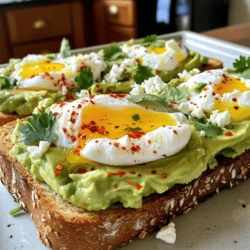 - 2 ripe avocados - 4 slices of whole grain bread - 4 large eggs To make tasty avocado toast, you need ripe avocados. Ripe avocados are soft and ready to mash. Whole grain bread adds fiber and crunch. It’s best to use a good-quality bread. Large eggs will become the star of the dish. They will poach nicely and add protein. - 1 tablespoon white vinegar - 1 teaspoon red pepper flakes - Juice of 1 lemon White vinegar helps the eggs hold their shape while poaching. It makes a big difference! Red pepper flakes add heat and flavor. You can adjust the amount based on your taste. Fresh lemon juice brightens the avocado mix. It adds a zesty kick you will love. - Feta cheese - Microgreens - Fresh herbs Optional toppings can elevate your avocado toast. Feta cheese adds a creamy and salty touch. Microgreens bring a fresh crunch and color. Fresh herbs, like cilantro or parsley, will add extra flavor. You can mix and match to find your favorite combination. For the full recipe, check out the [Full Recipe]. To start, take four slices of whole grain bread. Place the slices in a toaster or on a baking sheet. Toast until the bread is golden and crisp, which usually takes about 3 to 5 minutes. Keep an eye on it. You want it just right—not too dark. Next, grab two ripe avocados. Cut them in half and scoop out the flesh into a bowl. Use a fork to mash the avocado until it’s creamy but still a bit chunky. This adds texture. Squeeze in the juice of one lemon. Add salt and pepper to taste. For a kick, mix in one teaspoon of red pepper flakes. This will make your avocado mix flavorful. Now, let’s poach the eggs. Fill a medium saucepan with water and add one tablespoon of white vinegar. Bring the water to a gentle simmer over medium heat. Crack each egg into a small bowl. Stir the water to create a gentle whirlpool. Carefully slide each egg into the water one at a time. Poach for about 3 to 4 minutes. The whites should be set, but the yolk should remain runny. Once done, use a slotted spoon to lift the eggs out. Place them on a plate lined with paper towels. This helps soak up the extra water and keeps them from getting soggy. Now, spread the creamy avocado mixture generously on each slice of toasted bread. Top each avocado toast with a poached egg. For extra flavor, sprinkle some red pepper flakes on top. You can also garnish with fresh cilantro or parsley. If you like, crumble some feta cheese or add microgreens for a tasty touch. Enjoy your delicious creation! For a complete guide, check out the Full Recipe. To make great avocado toast, you need ripe avocados. Here are some signs to look for: - They should feel slightly soft when you squeeze them gently. - The skin color can vary from green to dark purple, depending on the type. - Check the stem; if it comes off easily and is green underneath, the avocado is ripe. When it comes to storage, keep unripe avocados at room temperature. Once ripe, store them in the fridge to slow down the ripening process. Use them within a few days for the best taste. Poaching an egg can be tricky. Here are some common mistakes to avoid: - Don't let the water boil too hard. It should be a gentle simmer. - Avoid adding too many eggs at once; it can crowd the pot. For perfect poached eggs, follow these steps: 1. Add a tablespoon of white vinegar to the simmering water. This helps the egg whites stay together. 2. Crack the egg into a small bowl first. This makes it easier to slide into the water. 3. Create a gentle whirlpool in the water before adding the egg. This helps shape the egg as it cooks. Cook for about 3-4 minutes. The whites should be firm, but the yolk should still be runny. Make your avocado toast look beautiful. Here’s how: - Spread mashed avocado evenly on the toast, leaving some edges visible. - Carefully place the poached egg on top, making sure it’s centered. - Sprinkle red pepper flakes and fresh herbs for color and flavor. For a brunch spread, pair your toast with: - Fresh fruit like berries or melon. - A light salad with mixed greens and a simple vinaigrette. For the full recipe, check out the [Full Recipe]. Enjoy your meal! {{image_2}} You can choose different types of bread for your avocado toast. Sourdough is chewy and has a tangy taste. Whole grain bread adds a nutty flavor and more fiber. Both options work well with avocado. If you need gluten-free bread, many brands offer tasty choices. Look for gluten-free whole grain or sourdough options. They can still give you that perfect crunch. Adding spices or herbs can make your avocado mix exciting. Try mixing in garlic powder, cumin, or paprika for a kick. Fresh herbs like basil or dill also add freshness. Cheese can take your toast to the next level. Feta cheese adds a salty flavor. You can also try goat cheese or ricotta for creaminess. Each cheese brings its own unique taste. Seasonal ingredients can brighten up your avocado toast. In spring, add fresh radishes or peas for crunch. In summer, try diced tomatoes or peaches for sweetness. For a cozy winter twist, sprinkle roasted squash or sautéed kale on top. During the fall, add apple slices or pomegranate seeds for a festive flair. This approach makes your avocado toast not just a meal, but a celebration of flavors. You can find the Full Recipe to experiment with all these variations. To keep your leftover avocado fresh, prevent browning. First, squeeze lemon juice on it. The acid slows down the browning process. Next, store it in an airtight container. You can also cover it tightly with plastic wrap. Press the wrap directly onto the flesh. This keeps air out and helps maintain freshness. It is best to eat assembled toast right away. The bread can get soggy if stored. If you must store it, keep the avocado and toast separate. Wrap each slice of bread in foil or plastic. For the avocado, use the lemon juice method mentioned earlier. When you are ready to eat, assemble the toast for the best taste. To reheat toast, use a toaster or an oven. Avoid microwaving, as it makes the bread chewy. For the oven, preheat it to 350°F (175°C). Place the toast on a baking sheet. Heat for about 5-7 minutes until warm. This keeps the texture nice and crisp. If you have leftover poached eggs, reheat them gently in warm water. This method helps maintain their delicate texture. Enjoy your flavorful avocado toast with poached egg! For the full recipe, check out the earlier section. To poach an egg well, start with fresh eggs. Use a pot with water. Add a splash of white vinegar to help the egg hold its shape. Heat the water until it simmers, not boils. Create a whirlpool with a spoon. Crack the egg into a small bowl, then gently slide it into the water. Poach the egg for about 3-4 minutes. The white should be firm, and the yolk should be soft. Using a slotted spoon, take it out and let it drain on a paper towel. You can make your avocado toast healthier by using whole grain bread. Whole grain has more fiber and nutrients. Add extra veggies like spinach or tomatoes for vitamins. You can also skip the feta cheese or use a smaller amount. Try using less oil or butter when toasting your bread. Squeeze more lemon juice into your avocado for flavor without many calories. Yes, you can prepare parts of your avocado toast ahead of time. You can mash the avocado a few hours before, but it may turn brown. To stop this, add extra lemon juice. You can also toast the bread in advance and store it in an airtight container. Just put it in the toaster again to warm it up. Poach the eggs right before serving for the best taste and texture. Many toppings can enhance your avocado toast. Some popular options include: - Feta cheese - Microgreens - Sliced radishes - Cherry tomatoes - Smoked salmon - Sriracha sauce - Fresh herbs like cilantro or parsley These add flavor and make your dish look amazing! For the full recipe, check out the details above. Avocado toast is simple and amazing. You need ripe avocados, whole grain bread, and eggs. Adding lemon juice and red pepper flakes brings flavor to life. Don't forget to try toppings like feta cheese or microgreens. Remember to choose ripe avocados for the best taste. Poaching eggs can be tricky, but with practice, you'll master it. You can make many variations too! Store leftovers wisely to enjoy later. Get creative and enjoy every bite of your avocado toast!