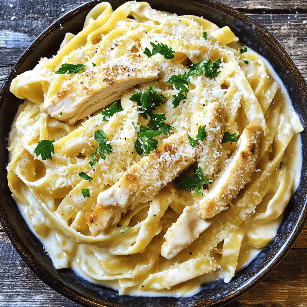 - 12 oz fettuccine pasta - 2 boneless, skinless chicken breasts - 2 tablespoons olive oil - 1 cup heavy cream - 1 cup grated Parmesan cheese The main ingredients create the base of your Chicken Alfredo. Fettuccine pasta gives a nice, chewy texture. Chicken breasts add protein and flavor. Olive oil helps cook the chicken and adds richness. Heavy cream makes the sauce creamy and smooth. Parmesan cheese offers a salty, nutty flavor that ties everything together. - Salt and pepper - 3 cloves garlic, minced - 1 teaspoon Italian seasoning - Fresh parsley, chopped (for garnish) Seasoning brings life to your dish. Salt and pepper enhance the natural flavors. Minced garlic adds a delicious aroma and taste. Italian seasoning gives a blend of herbs, making the dish more vibrant. Finally, fresh parsley adds a touch of color and freshness as a garnish. For the full recipe, refer to the previous section. To start, bring a large pot of salted water to a boil. This step is key for flavor. Once boiling, add 12 ounces of fettuccine pasta. Cook it according to the package instructions, usually around 8-10 minutes. You want it al dente, which means it will be firm but not hard. After cooking, drain the pasta and set it aside. Don’t forget to keep about 1 cup of pasta water for later. While the pasta cooks, let’s prepare the chicken. Take two boneless, skinless chicken breasts and butterfly them. This means cutting them thin so they cook faster. Season both sides with salt and pepper to enhance the flavor. Now, heat 2 tablespoons of olive oil in a large skillet over medium-high heat. Once hot, add the chicken breasts. Cook them for about 6-7 minutes on each side or until they are golden brown. It's best to ensure they are cooked through. After cooking, remove the chicken and let it rest for a few minutes. Slice it into strips for easy serving. In the same skillet, add 3 cloves of minced garlic. Sauté it for about 1 minute until it smells great. Next, pour in 1 cup of heavy cream. Stir it well and let it simmer for 2-3 minutes. Now, we add flavor. Gradually whisk in 1 cup of grated Parmesan cheese. This will make the sauce creamy and rich. If it’s too thick, add some reserved pasta water until you reach your desired consistency. Sprinkle in 1 teaspoon of Italian seasoning for extra taste. Time to bring it all together! Add the cooked fettuccine to the Alfredo sauce. Toss it gently to coat the pasta evenly. Then, place the sliced chicken on top and mix it in. When serving, garnish with chopped fresh parsley and more Parmesan if you like. This adds a nice touch and a pop of color. Enjoy your easy Chicken Alfredo pasta! For more details, check the Full Recipe. To make your Easy Chicken Alfredo Pasta truly shine, use fresh herbs. Fresh parsley or basil adds a bright touch. You can also try experimenting with different cheeses. While Parmesan is classic, adding mozzarella or even a bit of goat cheese can create a unique taste. For a creamy sauce, add some reserved pasta water. This helps achieve the right consistency without making the sauce too thick. To avoid lumps in your sauce, whisk in the cheese gradually. This way, it melts evenly and integrates smoothly. Cooking chicken perfectly is key. Aim for about 6-7 minutes per side on medium-high heat. This ensures a golden crust and juicy meat. For pasta, follow package instructions for al dente. Remember to keep some pasta water handy for the sauce. You can find the full recipe for this dish to guide you through each step. {{image_2}} You can make Chicken Alfredo tastier by adding vegetables. Broccoli and spinach are great choices. Just steam the broccoli for a few minutes. You can toss it into the pasta at the end. Spinach wilts quickly. Add it in the last minute of cooking. Roasted red peppers add a smoky flavor. You can use jarred ones or roast fresh peppers. They will give your dish a nice color and taste. If you want a change, try shrimp Alfredo. Shrimp cooks fast and adds a sweet flavor. Just sauté shrimp in the same pan after cooking the chicken. You can also try vegetarian Alfredo. Use mushrooms or tofu instead of meat. Both options are tasty and healthy. For those needing gluten-free options, you can choose gluten-free pasta. Many brands now offer great options that taste good. For a lower-fat sauce, use half-and-half instead of heavy cream. You can also mix in some low-fat cheese. These swaps keep your dish creamy but lighter. To keep your Chicken Alfredo fresh, store it in an airtight container. Glass or plastic containers work well. Make sure to let the pasta cool before sealing it. This helps prevent moisture build-up. Place the leftovers in the fridge. They will stay good for about 3-4 days. When it’s time to enjoy your leftovers, you have two main options: microwave or stovetop. - Microwave: Place the pasta in a bowl. Cover it with a damp paper towel. Heat in short bursts, stirring in between, until warm. This helps keep it moist. - Stovetop: Heat a small amount of olive oil in a pan. Add the pasta and a splash of water to help with steam. Stir often until heated through. This method keeps the texture better. If you want to save your Chicken Alfredo for later, freezing is a great option. - How to properly freeze: Allow the pasta to cool completely. Then, scoop it into airtight freezer bags or containers. Remove as much air as possible. This helps prevent freezer burn. - Thawing and reheating instructions: To thaw, place the container in the fridge overnight. If you’re in a hurry, you can use the microwave on the defrost setting. Reheat using the stovetop method mentioned earlier for the best texture. To make Chicken Alfredo pasta from scratch, follow these steps: 1. Cook the Pasta: Boil salted water and cook 12 oz of fettuccine until al dente. 2. Prepare the Chicken: Butterfly two boneless, skinless chicken breasts and season with salt and pepper. 3. Sear the Chicken: Heat 2 tablespoons of olive oil in a skillet. Cook the chicken for 6-7 minutes on each side until golden. 4. Make the Alfredo Sauce: Sauté 3 minced garlic cloves in the same skillet. Add 1 cup of heavy cream and simmer. 5. Add Cheese and Seasoning: Whisk in 1 cup of grated Parmesan cheese until creamy. Stir in 1 teaspoon of Italian seasoning. 6. Combine Pasta and Sauce: Toss the cooked fettuccine in the sauce. Add the sliced chicken and mix well. 7. Serve: Plate and garnish with chopped parsley. For a full recipe, refer to the earlier sections. Yes, you can use milk instead of heavy cream. However, the sauce may not be as rich or thick. Milk will make a lighter sauce. If you want creaminess, try using half-and-half or a mix of milk and cream. This gives a balance between lightness and creaminess. For sides, consider: - Steamed Broccoli: Adds color and nutrition. - Garlic Bread: Perfect for mopping up sauce. - Caesar Salad: A classic pairing with creamy pasta. You can also serve a simple green salad with a light vinaigrette. This balances the richness of the Chicken Alfredo. You now have a complete guide to making Chicken Alfredo. We covered the main ingredients, step-by-step instructions, and helpful tips. I shared ways to enhance flavor and offered easy variations. When you follow these steps, your Chicken Alfredo will impress everyone. Remember to store leftovers properly for later enjoyment. Cooking can be fun and rewarding when you try new things in the kitchen. Enjoy your cooking journey!