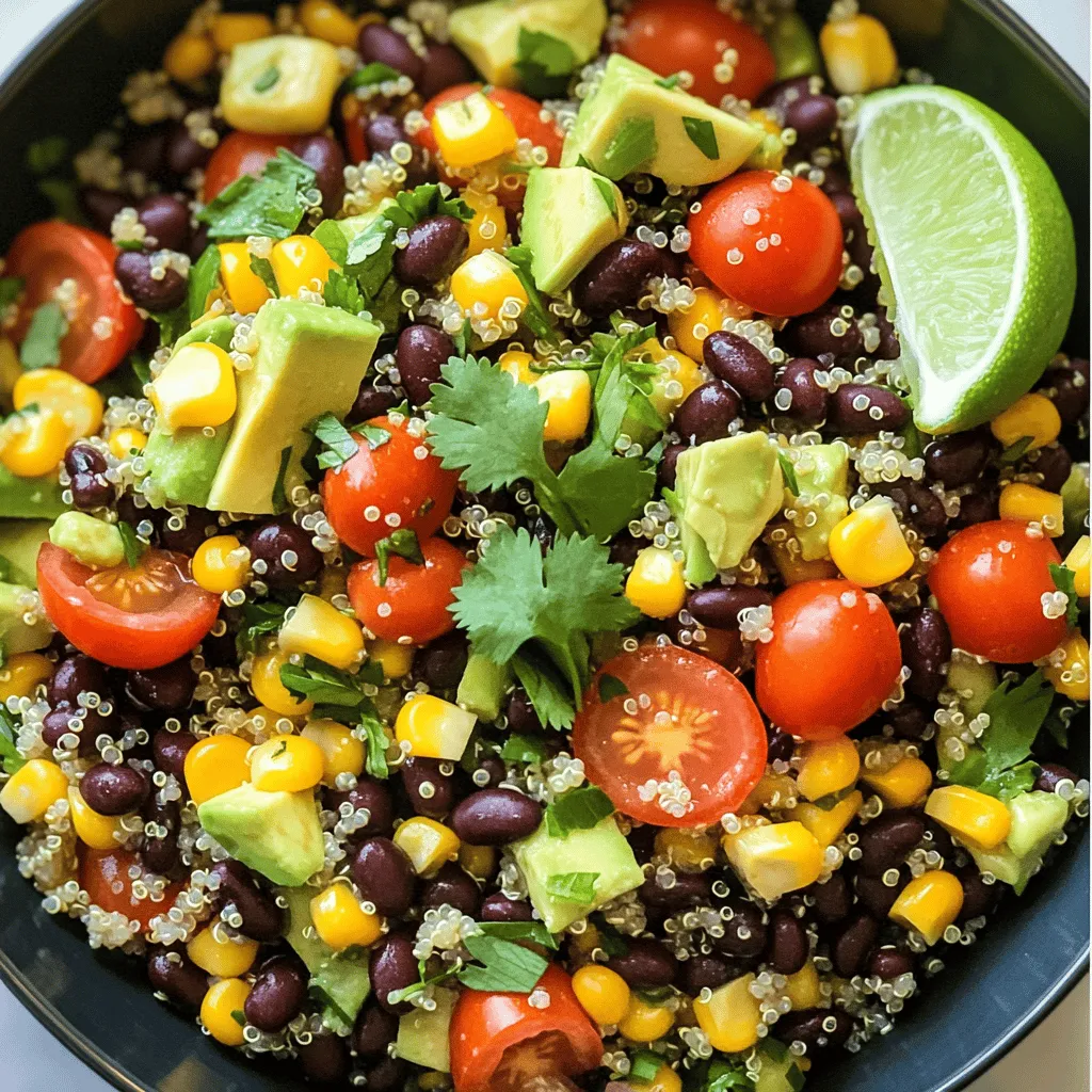 To make a zesty quinoa black bean salad, you need a mix of fresh ingredients. Here is the complete list: - 1 cup quinoa, rinsed and drained - 2 cups water - 1 can (15 oz) black beans, rinsed and drained - 1 cup cherry tomatoes, halved - 1 red bell pepper, diced - 1 avocado, diced - 1/4 cup red onion, finely chopped - 1/2 cup corn (fresh or canned) - 1/4 cup fresh cilantro, chopped - 2 tablespoons olive oil - 2 tablespoons lime juice - 1 teaspoon cumin - Salt and pepper to taste These ingredients work together to create a colorful, healthy dish. The quinoa brings protein and fiber. Black beans add heartiness. Fresh veggies like tomatoes and bell peppers give crunch and color. The lime juice and cilantro add freshness and zest. You can find the full recipe to guide you through the steps. Each bite will be a burst of flavor! - Bring 2 cups of water to a boil in a medium saucepan. - Add 1 cup of rinsed quinoa to the boiling water. Reduce the heat to low. Cover and simmer for 15 minutes. The quinoa will absorb water and become fluffy. - In a large mixing bowl, combine these chopped vegetables: - 1 can (15 oz) black beans, rinsed and drained - 1 cup cherry tomatoes, halved - 1 red bell pepper, diced - 1 avocado, diced - 1/4 cup red onion, finely chopped - 1/2 cup corn (fresh or canned) - 1/4 cup fresh cilantro, chopped - In a small bowl, whisk together: - 2 tablespoons olive oil - 2 tablespoons lime juice - 1 teaspoon cumin - Salt and pepper to taste - Once the quinoa cools, fluff it with a fork. - Add the quinoa to the vegetable mixture in the large bowl. - Pour the dressing over the salad. Gently toss until everything is well combined. - Taste the salad and adjust the seasoning if needed. This Zesty Quinoa Black Bean Salad is fresh and full of flavor. For the full recipe, visit the recipe section. To cook fluffy quinoa, rinse it well before cooking. Rinsing removes a bitter coating called saponin. Use two parts water for one part quinoa. Boil the water, then add the quinoa. Lower the heat and cover the pot. Let it simmer for about 15 minutes. When done, let it sit for another 10 minutes. Fluff it with a fork to separate the grains. To avoid bitter flavors, always rinse your quinoa. This step is key. If you skip it, you might taste a musty flavor. A good rinse will help you enjoy the true nutty taste of quinoa. Try different dressings to change the salad's taste. You can use tahini or yogurt for a creamy texture. A touch of honey adds sweetness, while balsamic vinegar brings a tangy kick. Adding spices can make your dressing pop. Cumin and chili powder give it warmth. If you like heat, add a pinch of cayenne pepper. These spices can make the salad even more exciting. For a great look, serve the salad in a large bowl. Add extra cilantro on top for color. A lime wedge on the side adds a fresh touch. This makes the salad more inviting. Pair this salad with grilled chicken or fish for a full meal. You can also enjoy it with tortilla chips for a fun crunch. Each bite bursts with flavor and freshness. Enjoy this zesty quinoa black bean salad your way! For the complete recipe, check the Full Recipe section. {{image_2}} You can make this salad even better with more veggies. Spinach adds a nice crunch. Cucumber adds a fresh, cool touch. You can also add protein like grilled chicken or feta cheese for more flavor. These extras make the dish heartier and more satisfying. This salad is easy to adapt for different diets. It’s vegan and gluten-free as it is. For low-carb versions, skip the corn and avocado. You can replace quinoa with cauliflower rice for fewer carbs. This way, everyone can enjoy it! Using seasonal produce can make this salad shine. In summer, add fresh berries for sweetness. In fall, try roasted squash for a warm touch. Adjusting flavors helps keep the dish exciting throughout the year. Experiment with spices and herbs based on what's fresh. For the full recipe, check out the detailed steps above! After making your zesty quinoa black bean salad, you will want to store it well. First, let the salad cool down at room temperature. Then, place it in an airtight container. This will keep it fresh longer. You can store it in the fridge for up to three days. If you want to keep it longer, you can freeze it. Just make sure to pack it tightly in a freezer-safe container. It will last for about three months in the freezer. The best containers for storing your salad are glass or BPA-free plastic. Glass containers are great because they do not stain or hold odors. If you use plastic, make sure it is labeled as food safe. Portioning your salad into smaller containers helps with meal prep. This way, you can grab a single serving when you need it. Your zesty quinoa black bean salad stays fresh for about three days in the fridge. If you see any brown spots on the avocado or the vegetables look wilted, it's time to toss it. If you freeze the salad, it can last up to three months, but the texture might change. Always look for signs of spoilage before eating. If you need a substitute for quinoa, try these gluten-free grains: - Brown rice - Millet - Buckwheat - Wild rice These grains have similar textures and can work well in this salad. They also add unique flavors. Each choice brings its own taste and health benefits. Brown rice offers fiber, while millet is rich in minerals. Yes, you can make this salad in advance. To keep it fresh, follow these tips: - Prepare the quinoa and veggies separately. - Store the dressing in a jar. - Combine everything just before serving. This way, the salad stays crisp and colorful. Prepping ahead saves time on busy days. Enjoy fresh flavors even when you plan ahead! Absolutely! This salad is great for meal prep. Here’s how to do it right: - Portion the salad into containers. - Keep the dressing separate until serving. - Use airtight containers to maintain freshness. This method makes it easy to grab a healthy meal. You can enjoy it throughout the week with no hassle. Try to mix in different veggies for variety! This blog post shared a simple and tasty quinoa salad recipe. You learned about ingredients, cooking steps, and storage tips. We discussed variations to suit your taste and dietary needs. Remember, you can mix it up with new veggies and proteins. Enjoy this dish fresh, or store leftovers for later. Keep exploring flavors to make this salad your own. It’s healthy, easy, and fun to prepare. Enjoy every bite!