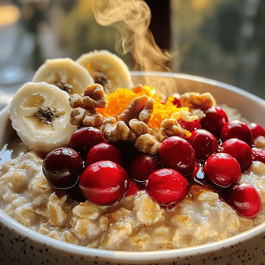 - Rolled Oats - Cranberries (Fresh or Dried) - Orange (Zest and Juice) The heart of this recipe is the rolled oats. They provide a great base and a chewy texture. I recommend using whole rolled oats for the best flavor. Next, cranberries add a tangy twist. You can use fresh or dried cranberries, depending on what you have. Fresh cranberries give a burst of flavor, while dried ones add sweetness. Finally, the orange zest and juice brighten the dish. The zest brings a punch, while the juice adds sweetness. - Sweeteners (Maple Syrup or Honey) - Nuts (Walnuts or Almonds) - Toppings (Banana, Yogurt) You can also add sweeteners like maple syrup or honey. They enhance the dish's taste. If you want more crunch, add nuts like walnuts or almonds. They provide healthy fats and protein. For toppings, consider sliced banana or a dollop of yogurt. These extra touches make your oatmeal even better. - Caloric Breakdown - Key Nutrients Cranberry orange oatmeal is not only tasty but also healthy. A serving has about 300-350 calories. It’s packed with fiber, vitamins, and minerals. Oats are rich in fiber, which helps digestion. Cranberries add antioxidants, and oranges provide vitamin C. Together, they make a balanced meal. For the full recipe, check out the details above. First, we need to boil water or almond milk. I prefer almond milk for a creamier texture. In a medium saucepan, add 2 cups of water or almond milk. Bring it to a boil over medium heat. Once the liquid is boiling, stir in 1 cup of rolled oats and 1/4 teaspoon of salt. Reduce the heat to low. Let the oats simmer for about 5 minutes. Stir occasionally to prevent sticking. Now it’s time to add some flavor. I like using fresh or dried cranberries. Add 1 cup of cranberries to the oats. Then, add the zest and juice of 1 orange. This will give a bright, fresh taste to your oatmeal. Next, drizzle in 2 tablespoons of maple syrup or honey. This adds some sweetness. Don’t forget to sprinkle in 1 teaspoon of ground cinnamon. Stir everything together and cook for another 2-3 minutes. The cranberries will soften, and the mixture will thicken nicely. After cooking, remove the saucepan from heat. Let it sit for a minute to cool slightly. Now, stir in 1/4 cup of chopped nuts like walnuts or almonds. This adds a nice crunch to the dish. Serve your oatmeal warm. You can top it with sliced banana, extra cranberries, or a dollop of yogurt for an extra treat. Enjoy this delightful meal! For the complete recipe, check out the Full Recipe section. Achieving Perfect Texture To get the best texture, use rolled oats. They cook well and remain chewy. Bring your water or almond milk to a boil first. Stir in the oats and salt. Cook on low heat. This keeps the oats tender and creamy. Avoiding Clumps To avoid clumps, stir the oats often while cooking. Use a whisk if needed. This helps separate the oats and keeps them smooth. If you see any clumps, break them apart with a spoon as you stir. Alternative Spices You can add more flavor with spices. Try nutmeg or ginger for a warm taste. A pinch of vanilla extract also brightens the dish. These spices work well with cranberries and orange. Sweetness Adjustments Adjust the sweetness to your liking. If you prefer it sweeter, add more maple syrup or honey. For less sweetness, cut back on these. You can also use mashed banana for natural sweetness. Eye-Catching Presentation Techniques Make your oatmeal look great. Serve it in a bowl with layers. Add cranberries on top for a burst of color. A sprinkle of nuts adds a nice crunch and contrast. Garnishing Tips Garnish with fresh orange slices or zest. This adds a pop of color and fresh aroma. A dollop of yogurt on top gives a creamy finish. These small touches make your dish more inviting. {{image_2}} You can change the fruits in your oatmeal based on the season. Try adding diced apples in the fall, or fresh berries in summer. Mixing different fruits gives your oatmeal a fun twist. For example, combine cranberries with chopped pears for a sweet and tart blend. If you need gluten-free options, use certified gluten-free oats. This makes the recipe safe for those with gluten intolerance. For vegan substitutions, replace honey with maple syrup. You can also swap almond milk for regular milk to keep it dairy-free. Scaling the recipe is easy. If you want to serve more people, just double or triple the ingredients. For meal prep, make a big batch and store it in the fridge. You can reheat individual portions during the week. This way, you enjoy a healthy breakfast without the fuss each morning. Check out the [Full Recipe] to get started! Store any leftover cranberry orange oatmeal in an airtight container. This keeps it fresh and prevents odors. Always let it cool before sealing. It lasts up to three days in the fridge. Reheat oatmeal in the microwave or on the stove. For the microwave, use a bowl and heat for 30 seconds. Stir and check the warmth. On the stove, add a splash of water or milk. Heat over low heat, stirring often. This helps keep its creamy texture and flavor. You can freeze oatmeal for later. Portion it into single servings in freezer-safe containers. Be sure to leave space at the top for expansion. It stays good for about three months in the freezer. When ready to eat, thaw overnight in the fridge. Reheat it on the stove or microwave as mentioned before. Adjust with a little liquid if needed. Enjoy your warm, flavorful meal! How to make Cranberry Orange Oatmeal vegan? To make this oatmeal vegan, simply use almond milk instead of cow’s milk. Swap out the honey for maple syrup. This keeps the recipe plant-based while still offering great taste. Can I use instant oats instead of rolled oats? Yes, you can use instant oats. They cook faster but will change the texture. Instant oats will create a creamier oatmeal. Just reduce the cooking time to avoid mushiness. What can I substitute for maple syrup? You can use agave nectar or honey as a sweetener. Both will add sweetness without changing the flavor much. If you want a lower-calorie option, use stevia or a sugar substitute. Can I use dried orange zest? Yes, dried orange zest is a fine substitute for fresh zest. Just use a smaller amount, as dried zest has a stronger flavor. About half a teaspoon should work well. What are the health benefits of oats? Oats are full of fiber, which helps digestion. They can lower cholesterol and keep you full longer. They also provide energy, making them a great breakfast choice. Are cranberries good for digestion? Yes, cranberries are good for digestion. They have fiber that helps keep your gut healthy. Plus, they are rich in antioxidants, which can support overall health. This article showed how to make delicious cranberry orange oatmeal. You learned about essential and optional ingredients, as well as tips for the best taste. We covered variations to fit your diet and storage ideas to keep leftovers fresh. Incorporating oats into your meals can bring health benefits. You can make this dish your own by mixing flavors or adjusting sweetness. Enjoy creating a warm bowl of oatmeal that makes breakfast exciting and nutritious.