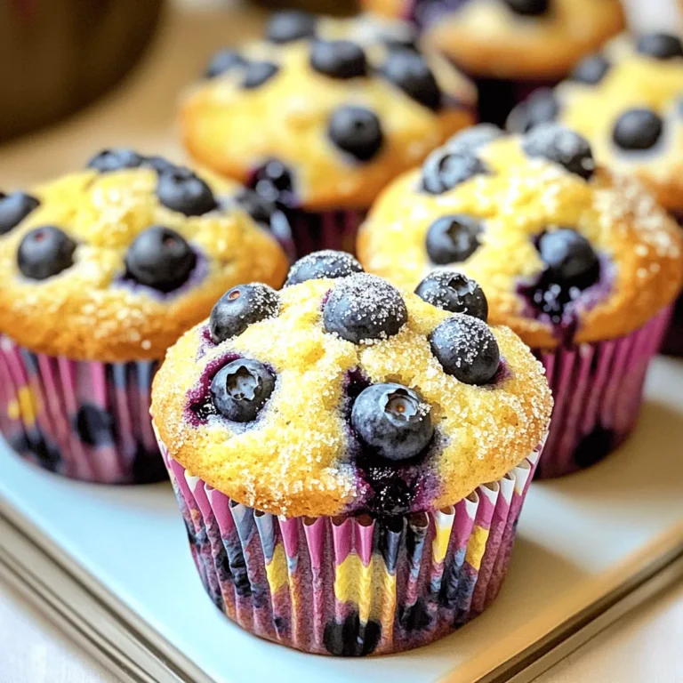 - 1 cup all-purpose flour - 1 cup whole wheat flour - 1/2 cup granulated sugar - 1/4 cup brown sugar, packed - 2 tsp baking powder - 1/2 tsp baking soda - 1/2 tsp salt - 1/2 cup unsalted butter, melted - 1/2 cup buttermilk - 2 large eggs - Zest of 1 large lemon - 1/4 cup fresh lemon juice - 1 1/2 cups fresh blueberries (or frozen, thawed) - 1 tsp vanilla extract Selecting the right ingredients is key for the best lemon blueberry muffins. Each part adds flavor and texture. - Selecting ripe blueberries: Look for firm, plump blueberries. They should be a deep blue color. Avoid any that are soft or mushy. Fresh blueberries give the best taste. - Choosing the right type of flour: All-purpose flour gives a light and fluffy texture. Whole wheat flour adds a nutty flavor and more fiber. A mix of both works well for balance. - Freshness of eggs and dairy: Use fresh eggs and buttermilk. This ensures the muffins rise well and taste great. Check the expiration dates before buying. For the full recipe, you can follow the instructions I shared earlier. Each ingredient plays a role in making your muffins delicious. 1. First, preheat your oven to 375°F (190°C). This step is key for even baking. 2. Next, prepare your muffin tin. Line it with paper liners or grease it lightly. This helps muffins come out easily. 1. In a large bowl, combine the all-purpose flour and whole wheat flour. 2. Add the granulated sugar, brown sugar, baking powder, baking soda, and salt. Mix well until you see no lumps. This blend gives your muffins the right rise and flavor. 1. In another bowl, prepare the wet mixture. Mix melted butter and buttermilk together. 2. Next, add the eggs, lemon zest, lemon juice, and vanilla extract. Stir until it’s smooth. The lemon adds a bright taste. 1. Pour the wet mixture into the dry ingredients. Gently mix them until just combined. Be careful not to overmix, or your muffins may become tough. 2. Now, fold in the fresh blueberries. Make sure they are evenly distributed in the batter. This adds bursts of flavor in each bite. 3. Portion the batter into the muffin cups. Fill each cup about 3/4 full for the best rise. 1. Place the muffin tin in the preheated oven. Bake for 18-20 minutes. A toothpick inserted into the center should come out clean. 2. Once baked, let the muffins cool in the tin for about 5 minutes. Then, transfer them to a wire rack to cool completely. This keeps the muffins fluffy and moist. Follow this guide, and you'll enjoy perfect lemon blueberry muffins. For the full recipe, check the details above. To make great lemon blueberry muffins, avoid overmixing. Mix wet and dry ingredients just until they blend. This keeps your muffins light and fluffy. To test for doneness, use a toothpick. Insert it in the center; if it comes out clean, your muffins are ready. You can add spices for extra flavor. Try cinnamon or nutmeg to complement the lemon. You might also want to add a splash of almond or coconut extract for a twist. Incorporating nuts can add crunch. Chopped walnuts or pecans work well with these muffins. When serving, place muffins on a pretty plate. This makes them look inviting. You can also dust them with powdered sugar for a touch of sweetness. Fresh berries or lemon slices on the side add color and appeal. Don’t forget to share the Full Recipe with friends! {{image_2}} You can make gluten-free muffins by using different flours. Almond flour or oat flour works well. Blend these flours with a gluten-free baking mix for best results. You may need to adjust cooking times. Start with the same time and check for doneness. Sometimes, gluten-free muffins take a bit longer. To make vegan muffins, replace eggs with flax eggs or applesauce. Use plant-based milk instead of buttermilk. Almond or soy milk are great choices. For flavor, add more lemon zest or a splash of vanilla. You can also use coconut oil as a butter substitute. This keeps the muffins moist and tasty. You can switch up the flavors in your muffins. Try lemon poppy seed muffins by adding poppy seeds to the batter. Mix in different berries like raspberries or strawberries for a fruity twist. Each berry brings its unique taste to the muffins. This way, you can enjoy a new treat every time. For the full recipe, check out the [Full Recipe]. Store your lemon blueberry muffins at room temperature. Use an airtight container to keep them fresh. They stay good for up to three days this way. For longer storage, wrap each muffin in plastic wrap. This keeps them moist and tasty. You can then place them in a zip-top bag. This method is great for keeping flavors intact. To reheat your muffins, use the microwave or oven. For the microwave, place a muffin on a plate. Heat it for about 10 to 15 seconds. This warms it up without drying it out. If you prefer the oven, preheat it to 350°F (175°C). Wrap the muffin in foil and heat for about 10 minutes. This keeps the muffin soft and delicious. Freezing muffins is a smart way to save them for later. Place cooled muffins in a single layer on a baking sheet. Freeze them for about an hour. Once solid, transfer them to a zip-top bag. This prevents them from sticking together. When ready to eat, take out a muffin and let it thaw at room temperature. You can also reheat it in the microwave or oven. Enjoy your tasty treat anytime! You can find the full recipe in the previous section. You can tell if your muffins are done by looking for a golden brown color. They should also spring back when you touch them lightly. Another great way is to use a toothpick. Stick it into the center of a muffin. If it comes out clean, your muffins are ready! This simple check helps ensure perfect muffins every time. Yes, you can use frozen blueberries in your muffins. However, they may change the texture a bit. Frozen berries can make the batter more watery. To avoid this, let them thaw and drain any excess moisture before adding them. This keeps your muffins fluffy and tasty. If you want a stronger lemon flavor, add more lemon zest or juice to the batter. You can also make a lemon glaze. Mix powdered sugar with lemon juice for a sweet topping. This extra touch gives your muffins a bright, zesty kick. To keep your muffins fresh, cover them with plastic wrap or aluminum foil. Store them in an airtight container at room temperature. For longer storage, place them in the fridge or freezer. This way, your muffins stay moist and delightful for days. In this post, we covered how to make delightful lemon blueberry muffins. You learned about key ingredients, tips for selection, and detailed steps for mixing and baking. Remember, using fresh blueberries and quality flour makes a big difference. Consider the variations for gluten-free or vegan muffins to fit your diet. Store your muffins properly to keep them fresh. Enjoy the process and share these treats with others. Baking these muffins can be a fun and tasty journey!