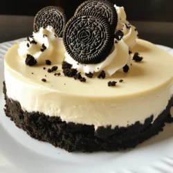 To make this delicious treat, gather these simple ingredients: - 24 Oreo cookies (plus extra for garnish) - 1/4 cup unsalted butter, melted - 16 oz cream cheese, softened - 1/2 cup powdered sugar - 1 teaspoon vanilla extract - 1 1/2 cups heavy whipping cream - 1/2 cup crushed Oreo cookies (for the filling) These ingredients work together to give you a rich and creamy cheesecake. The Oreo cookies add a wonderful crunch and flavor. The cream cheese creates that smooth texture we all love. You can add some fun garnishes to make your cheesecake shine: - Whole Oreo cookies - Whipped cream - Chocolate sauce - Crushed Oreos These add-ons make your dessert look fancy. They also enhance the taste. I love using whole Oreos on top. It makes each slice feel special. Here’s what you need to make your cheesecake: - 9-inch springform pan - Food processor or plastic bag and rolling pin - Mixing bowls - Electric mixer - Spatula - Plastic wrap Having the right tools makes the process easy. A springform pan helps you remove the cheesecake easily. A food processor saves time when crushing the cookies. You’ll be amazed at how simple it is to whip this up with the right gear. For the full recipe, check out the details above. Start with 24 Oreo cookies. Crush them in a food processor. Aim for fine crumbs. Add 1/4 cup of melted unsalted butter to the crumbs. Mix until it looks like wet sand. Grab a 9-inch springform pan. Press this mixture into the bottom of the pan firmly. Make sure it's even. Pop it in the fridge while you work on the filling. In a large bowl, beat 16 oz of softened cream cheese. Use an electric mixer at medium speed. Mix until it’s creamy and smooth. Slowly add 1/2 cup of powdered sugar. Add 1 teaspoon of vanilla extract too. Keep mixing until it’s all combined. In a separate bowl, whip 1 1/2 cups of heavy cream. You want stiff peaks, so don’t overwhip. Now, fold this whipped cream into the cream cheese mixture. Do this gently until no streaks remain. Finally, fold in 1/2 cup of crushed Oreo cookies to add a nice crunch. Take the crust out of the fridge. Spoon the cream cheese filling over the crust. Use a spatula to smooth the top. Cover the pan with plastic wrap. Let it chill in the fridge for at least 4 hours. For best results, let it rest overnight. When it's set, take it out of the springform pan. Decorate the top with whole Oreos and more crushed Oreos for a fun look. Now, you’re ready to slice and serve! Whipping cream is key for a light cheesecake. Start with very cold heavy cream. Use a clean bowl and beaters to help it whip better. Beat on medium speed until soft peaks form. Watch closely; stop once you see stiff peaks. Overwhipping can turn it into butter. A well-set cheesecake is creamy and firm. Make sure to chill it for at least four hours. Overnight is even better. The cold helps it set nicely. Avoid opening the fridge often; it can change the temperature. Use a springform pan for easy removal, too. Presentation makes your cheesecake shine. Cut clean slices with a hot knife for neat edges. Serve on individual plates for a gourmet feel. Drizzle with chocolate sauce or add whipped cream on top. Garnish with whole Oreo cookies or crushed Oreos for a fun touch. For more ideas, check the Full Recipe. {{image_2}} You can easily change the flavor of your no-bake Oreo cheesecake. Try adding mint extract for a fresh twist. Use just a tiny amount, about 1/4 teaspoon. Chocolate lovers can mix in cocoa powder for a richer taste. You can also fold in peanut butter for a nutty surprise. Each of these options will give your dessert a fun new flavor. If you want to mix things up, use other cookies for the crust. Chocolate sandwich cookies work well if you want a similar taste. You could try vanilla wafers for a lighter flavor. Graham crackers also make a great base. Each choice will create a different taste and texture for your cheesecake. You can turn your cheesecake into parfaits for a fun twist. Layer the cheesecake filling in cups with crushed Oreos. Start with a layer of filling, then add cookies, and repeat. This makes a great dessert for parties or gatherings. Each person can have their own cup, which is easy to serve. You can even top it with whipped cream for extra flair. For the full recipe, check the [Full Recipe] link. To keep your No-Bake Oreo Cheesecake fresh, cover it tightly with plastic wrap. This keeps air out and prevents it from drying. Store it in the fridge. It stays good for about 4-5 days. If you want to save some for later, you can freeze the cheesecake. First, let it set in the fridge. Then, slice it into pieces. Wrap each slice in plastic wrap. Place the wrapped slices in a freezer-safe bag or container. It can last for about 1-2 months in the freezer. To thaw, just move it to the fridge for a few hours or overnight before serving. The best containers for storing your cheesecake are airtight ones. A glass container with a lid works great. You can also use a plastic food storage container. Make sure the lid closes tightly to keep your cheesecake safe and fresh. For the best taste, try to eat it within a week or two. This easy and delicious dessert is perfect for sharing or enjoying all by yourself! For the full recipe, click here: [Full Recipe]. Yes, you can make this cheesecake ahead of time. In fact, it tastes better when chilled overnight. Prepare it a day before your event for the best flavor. Just cover it in plastic wrap and keep it in the fridge. This will let all the flavors blend well. Plus, it saves you time on the day of your party. If you need a cream cheese substitute, try Greek yogurt. It gives a nice tang and creamy texture. You can also use mascarpone cheese for a richer taste. Just keep in mind that the flavor might change a little. Each option can make your cheesecake unique, so choose what you like best. To stop your cheesecake from cracking, beat the cream cheese well. Make sure it is smooth and free of lumps. Also, avoid overmixing once you add the whipped cream. This keeps air out. Lastly, let it chill slowly in the fridge. A sudden temperature change can cause cracks. Follow these tips for a perfect, smooth cheesecake. You learned how to make a no-bake Oreo cheesecake using simple steps. From the crust to the filling, each part adds great taste. I shared tips for perfecting your whip and serving. You can try fun flavors and easy storage ideas to keep your cheesecake fresh. Remember, this treat is simple and fun to make. With these steps, you can impress friends and family. Enjoy your cheesecake journey; each bite will be worth it!