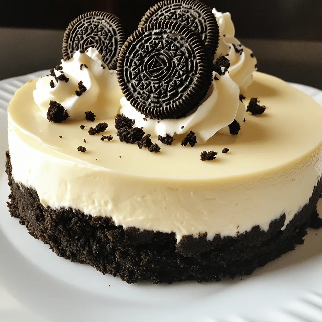 To make this delicious treat, gather these simple ingredients: - 24 Oreo cookies (plus extra for garnish) - 1/4 cup unsalted butter, melted - 16 oz cream cheese, softened - 1/2 cup powdered sugar - 1 teaspoon vanilla extract - 1 1/2 cups heavy whipping cream - 1/2 cup crushed Oreo cookies (for the filling) These ingredients work together to give you a rich and creamy cheesecake. The Oreo cookies add a wonderful crunch and flavor. The cream cheese creates that smooth texture we all love. You can add some fun garnishes to make your cheesecake shine: - Whole Oreo cookies - Whipped cream - Chocolate sauce - Crushed Oreos These add-ons make your dessert look fancy. They also enhance the taste. I love using whole Oreos on top. It makes each slice feel special. Here’s what you need to make your cheesecake: - 9-inch springform pan - Food processor or plastic bag and rolling pin - Mixing bowls - Electric mixer - Spatula - Plastic wrap Having the right tools makes the process easy. A springform pan helps you remove the cheesecake easily. A food processor saves time when crushing the cookies. You’ll be amazed at how simple it is to whip this up with the right gear. For the full recipe, check out the details above. Start with 24 Oreo cookies. Crush them in a food processor. Aim for fine crumbs. Add 1/4 cup of melted unsalted butter to the crumbs. Mix until it looks like wet sand. Grab a 9-inch springform pan. Press this mixture into the bottom of the pan firmly. Make sure it's even. Pop it in the fridge while you work on the filling. In a large bowl, beat 16 oz of softened cream cheese. Use an electric mixer at medium speed. Mix until it’s creamy and smooth. Slowly add 1/2 cup of powdered sugar. Add 1 teaspoon of vanilla extract too. Keep mixing until it’s all combined. In a separate bowl, whip 1 1/2 cups of heavy cream. You want stiff peaks, so don’t overwhip. Now, fold this whipped cream into the cream cheese mixture. Do this gently until no streaks remain. Finally, fold in 1/2 cup of crushed Oreo cookies to add a nice crunch. Take the crust out of the fridge. Spoon the cream cheese filling over the crust. Use a spatula to smooth the top. Cover the pan with plastic wrap. Let it chill in the fridge for at least 4 hours. For best results, let it rest overnight. When it's set, take it out of the springform pan. Decorate the top with whole Oreos and more crushed Oreos for a fun look. Now, you’re ready to slice and serve! Whipping cream is key for a light cheesecake. Start with very cold heavy cream. Use a clean bowl and beaters to help it whip better. Beat on medium speed until soft peaks form. Watch closely; stop once you see stiff peaks. Overwhipping can turn it into butter. A well-set cheesecake is creamy and firm. Make sure to chill it for at least four hours. Overnight is even better. The cold helps it set nicely. Avoid opening the fridge often; it can change the temperature. Use a springform pan for easy removal, too. Presentation makes your cheesecake shine. Cut clean slices with a hot knife for neat edges. Serve on individual plates for a gourmet feel. Drizzle with chocolate sauce or add whipped cream on top. Garnish with whole Oreo cookies or crushed Oreos for a fun touch. For more ideas, check the Full Recipe. {{image_2}} You can easily change the flavor of your no-bake Oreo cheesecake. Try adding mint extract for a fresh twist. Use just a tiny amount, about 1/4 teaspoon. Chocolate lovers can mix in cocoa powder for a richer taste. You can also fold in peanut butter for a nutty surprise. Each of these options will give your dessert a fun new flavor. If you want to mix things up, use other cookies for the crust. Chocolate sandwich cookies work well if you want a similar taste. You could try vanilla wafers for a lighter flavor. Graham crackers also make a great base. Each choice will create a different taste and texture for your cheesecake. You can turn your cheesecake into parfaits for a fun twist. Layer the cheesecake filling in cups with crushed Oreos. Start with a layer of filling, then add cookies, and repeat. This makes a great dessert for parties or gatherings. Each person can have their own cup, which is easy to serve. You can even top it with whipped cream for extra flair. For the full recipe, check the [Full Recipe] link. To keep your No-Bake Oreo Cheesecake fresh, cover it tightly with plastic wrap. This keeps air out and prevents it from drying. Store it in the fridge. It stays good for about 4-5 days. If you want to save some for later, you can freeze the cheesecake. First, let it set in the fridge. Then, slice it into pieces. Wrap each slice in plastic wrap. Place the wrapped slices in a freezer-safe bag or container. It can last for about 1-2 months in the freezer. To thaw, just move it to the fridge for a few hours or overnight before serving. The best containers for storing your cheesecake are airtight ones. A glass container with a lid works great. You can also use a plastic food storage container. Make sure the lid closes tightly to keep your cheesecake safe and fresh. For the best taste, try to eat it within a week or two. This easy and delicious dessert is perfect for sharing or enjoying all by yourself! For the full recipe, click here: [Full Recipe]. Yes, you can make this cheesecake ahead of time. In fact, it tastes better when chilled overnight. Prepare it a day before your event for the best flavor. Just cover it in plastic wrap and keep it in the fridge. This will let all the flavors blend well. Plus, it saves you time on the day of your party. If you need a cream cheese substitute, try Greek yogurt. It gives a nice tang and creamy texture. You can also use mascarpone cheese for a richer taste. Just keep in mind that the flavor might change a little. Each option can make your cheesecake unique, so choose what you like best. To stop your cheesecake from cracking, beat the cream cheese well. Make sure it is smooth and free of lumps. Also, avoid overmixing once you add the whipped cream. This keeps air out. Lastly, let it chill slowly in the fridge. A sudden temperature change can cause cracks. Follow these tips for a perfect, smooth cheesecake. You learned how to make a no-bake Oreo cheesecake using simple steps. From the crust to the filling, each part adds great taste. I shared tips for perfecting your whip and serving. You can try fun flavors and easy storage ideas to keep your cheesecake fresh. Remember, this treat is simple and fun to make. With these steps, you can impress friends and family. Enjoy your cheesecake journey; each bite will be worth it!