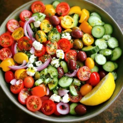 - 2 cups cherry tomatoes, halved - 1 cucumber, diced - 1 bell pepper (any color), diced - ½ red onion, thinly sliced Fresh vegetables create the heart of a Healthy Greek Salad. Cherry tomatoes add a pop of color and sweetness. Cucumbers bring a refreshing crunch. Bell peppers give a nice crunch and a subtle sweetness. Red onion adds a sharp bite. Together, they form a vibrant mix, making your salad visually appealing and nutritious. - 1 cup Kalamata olives, pitted - 1 cup feta cheese, crumbled - 2 tablespoons fresh oregano, chopped Next, we add Kalamata olives for a briny flavor. Feta cheese gives a creamy texture and salty taste. Fresh oregano brings a fragrant, herbal note. These ingredients elevate the salad, making it a true Mediterranean delight. You can use the Full Recipe to see how to combine all these flavors perfectly. - 3 tablespoons extra virgin olive oil - 1 tablespoon red wine vinegar (optional, for tanginess) - Salt and pepper to taste The dressing binds everything together. Extra virgin olive oil adds richness and healthy fats. Red wine vinegar provides a nice tang. Seasoning with salt and pepper enhances all the flavors. A well-made dressing is key to a delicious Healthy Greek Salad. 1. Start by washing your fresh vegetables. Clean the cherry tomatoes, cucumber, bell pepper, and red onion. 2. Next, chop the cherry tomatoes in half. Dice the cucumber and bell pepper into small pieces. Slice the red onion thinly. 3. In a large bowl, combine all these chopped vegetables. Add the Kalamata olives and crumbled feta cheese. 4. Sprinkle the fresh oregano over the mixture. This adds a great flavor. 1. In a separate small bowl, pour in the extra virgin olive oil. 2. If you want some tanginess, add the red wine vinegar. 3. Use a whisk to mix the olive oil and vinegar together. Season with salt and pepper to taste. 4. Drizzle the dressing over the salad in the large bowl. 1. Now, gently toss the salad. Be careful not to break the feta too much. 2. Taste the salad to see if you need more salt or pepper. Adjust as needed. For the full recipe, check out the detailed instructions provided. Enjoy your healthy Greek salad! What nutrients are in tomatoes? Tomatoes are packed with vitamins C and K. They also contain potassium and folate. These nutrients help your body in many ways. They support your immune system and keep your skin healthy. What are the benefits of cucumbers and bell peppers? Cucumbers are mostly water, which keeps you hydrated. They also provide fiber, aiding digestion. Bell peppers are rich in vitamins A and C. They can boost your eye health and improve your skin. What is the nutritional profile of feta cheese? Feta cheese is lower in fat than many other cheeses. It has protein, calcium, and vitamin B12. These nutrients support strong bones and muscles. What are the health benefits of Kalamata olives? Kalamata olives are full of healthy fats. They contain antioxidants that help protect your cells. These olives may also lower the risk of heart disease. Why are healthy fats important? Healthy fats are vital for your body. They provide energy and help absorb vitamins. Olive oil supports heart health and can lower cholesterol. What are the antioxidant properties of olive oil? Olive oil has many antioxidants. These compounds fight inflammation and protect your body from damage. Using olive oil in your salad adds flavor and health benefits. For a full recipe, check out the Colorful Mediterranean Bliss Salad. {{image_2}} To make your Greek salad even healthier, add more colors. Use a variety of vegetables and herbs. Try adding spinach, radishes, or colorful bell peppers. Each color gives different nutrients. You can also use fresh herbs like parsley or mint for extra flavor. Using organic ingredients is a great choice too. Organic veggies often have more nutrients and fewer chemicals. You can find organic options at most stores or local farmers' markets. Preventing crumbling feta is key. To keep the feta intact, add it last. Toss the salad gently after adding the dressing. This helps keep the texture just right. Balancing ingredient ratios is also important. Aim for equal parts of each ingredient. This way, every bite is full of flavor and texture. If you like more olives or feta, adjust to your taste. Serving bowls can make a big difference. Use a large, shallow bowl to show off your salad. This allows guests to see all the vibrant colors. Garnish with whole olives or a sprinkle of oregano on top. A wedge of lemon on the side adds a nice touch. Enhancing visual appeal is easy. Use bright colors and fresh herbs to catch the eye. A beautiful salad not only tastes good but looks great too. Enjoy serving this colorful Mediterranean bliss! For the full recipe, check out the [Full Recipe]. For a vegan Greek salad, you can skip the feta cheese. Use marinated tofu or avocado for creaminess. This keeps it rich and delicious. You can also add more herbs for flavor. If you need a gluten-free option, you’re in luck! The classic ingredients are already gluten-free. Just make sure your olives and dressing do not have gluten. Always check labels to be safe. Want to add protein? Grilled chicken works great. It adds heartiness to your salad. If you prefer plant-based protein, try chickpeas. They are filling and nutritious. You can also get creative with dressings. A lemon-based dressing adds a fresh zing. For a creamier touch, use yogurt dressing. Both options enhance the salad's flavor, making it even more enjoyable. In summer, try adding zucchini or avocados. They bring a nice texture and taste. You’ll feel refreshed with each bite. As fall approaches, consider using roasted vegetables. Roasted bell peppers or sweet potatoes add warmth. It’s a cozy twist on the classic Greek salad. For the full recipe, check the details above! To keep your Healthy Greek Salad fresh, store each ingredient separately. This stops the veggies from getting soggy. You can use airtight containers for this. Glass containers work well since they do not absorb smells. Meal prepping makes your week easy. Chop the vegetables in advance and store them in containers. You can add the olives and feta cheese later. Dress the salad just before serving. This keeps everything crisp and tasty. Your salad stays fresh in the fridge for up to three days. After this, it may start to lose its crunch. Watch for signs of spoilage, like a slimy texture or off smells. If you see these, it’s best to toss the salad. Enjoy your Healthy Greek Salad while it’s fresh! You can find the Full Recipe above. Yes, you can prep this salad ahead of time. Here are some tips to keep it fresh: - Chop veggies: Cut the tomatoes, cucumber, and bell pepper a few hours before serving. - Store separately: Keep the dressing in a jar until you are ready to eat. - Add cheese last: Feta cheese should be added just before serving to keep it from getting soggy. If you need a substitute for feta cheese, here are some great options: - Tofu: Crumbled firm tofu can mimic feta’s texture. - Nutritional yeast: This adds a cheesy flavor without dairy. - Vegan feta: Many brands offer dairy-free feta made from nuts or soy. Yes, you can make a low-carb Greek salad! Here are some suggestions: - Reduce tomatoes: Use less cherry tomatoes to cut down on carbs. - Skip the olives: While tasty, they add extra carbs; you can leave them out. - Load on veggies: Add more cucumbers and bell peppers for bulk without carbs. For the full recipe, check out the detailed instructions above. This blog post covered how to create a vibrant Greek salad. We explored the fresh vegetables and essential ingredients that make this dish shine. I shared steps for preparation, dressing, and final touches. You learned about the many health benefits of using these ingredients. Remember, you can adjust flavors and textures to suit your taste. Meal prep and storage tips help keep your salad fresh. Enjoy experimenting with variations to keep it exciting. A Greek salad can be a healthy, tasty addition to any meal.