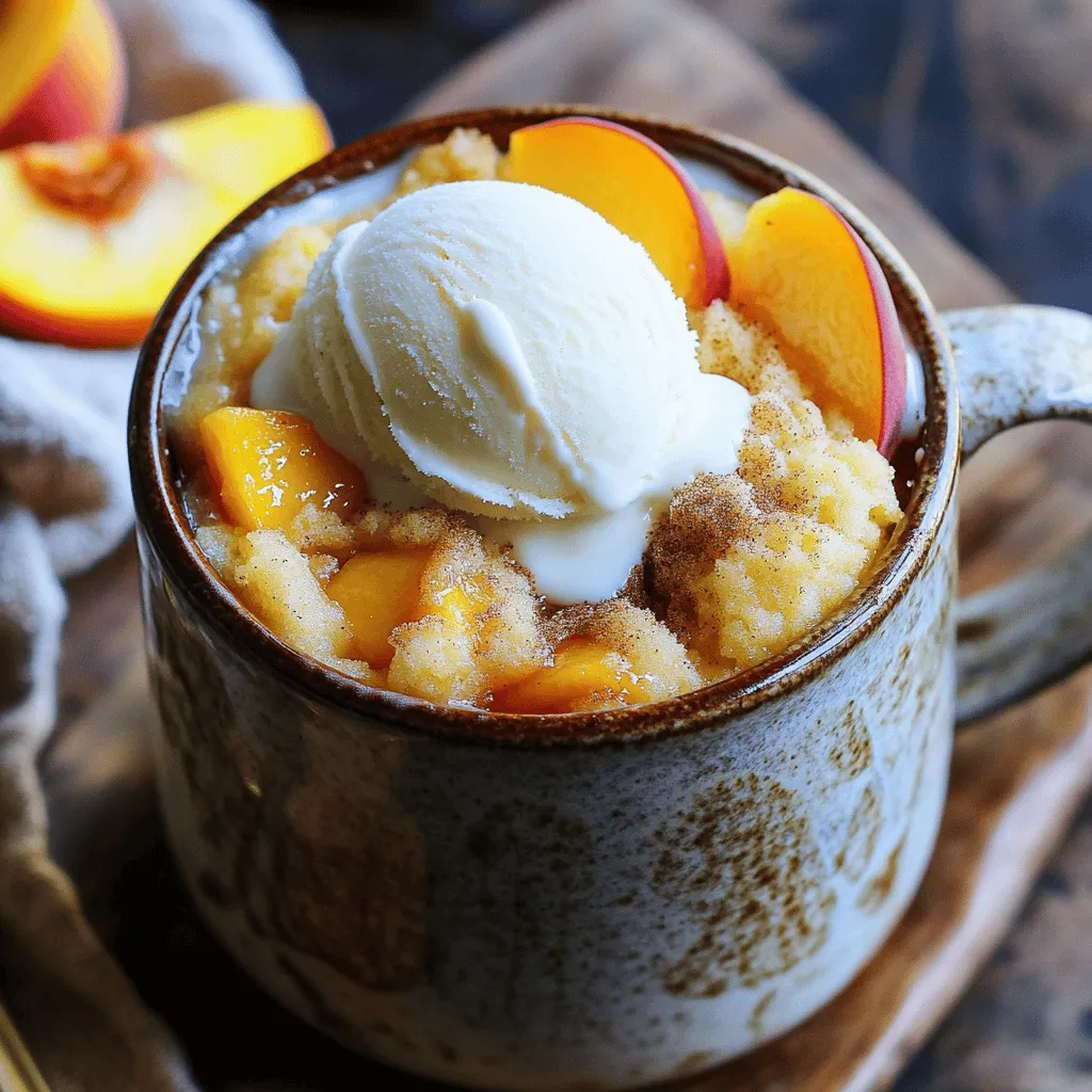 To make a Peach Cobbler Mug Cake, you need simple ingredients. These items are easy to find and fun to use. Here’s a list of what you need: - 1/4 cup all-purpose flour - 1/4 cup granulated sugar - 1/4 teaspoon baking powder - 1/8 teaspoon salt - 1/4 cup milk - 2 tablespoons unsalted butter, melted - 1/4 teaspoon vanilla extract - 1 small peach, diced (or half a cup of canned peaches, drained) - 1 tablespoon brown sugar (for topping) - 1/2 teaspoon ground cinnamon (for topping) These ingredients work together to create a warm and sweet dessert. You can use fresh peaches when they are in season. If not, canned peaches work just as well. The choice of brown sugar and cinnamon adds a nice touch. For the full recipe, check out the detailed instructions. Enjoy making this quick and easy treat! To make your Peach Cobbler Mug Cake, follow these simple steps. You can have a warm treat in just a few minutes! 1. Combine dry ingredients in a mug Start by taking a microwave-safe mug. Add 1/4 cup of all-purpose flour, 1/4 cup of granulated sugar, 1/4 teaspoon of baking powder, and 1/8 teaspoon of salt. Mix these dry ingredients well with a fork. 2. Add milk, butter, and vanilla Next, pour in 1/4 cup of milk and 2 tablespoons of melted unsalted butter. Add 1/4 teaspoon of vanilla extract for flavor. Stir it all together until you have a nice, smooth batter. 3. Incorporate peach pieces Now, fold in your diced peach pieces. You can use one small fresh peach or half a cup of canned peaches, drained. Make sure the peach pieces are evenly mixed into the batter. 4. Prepare topping mixture In a small bowl, mix together 1 tablespoon of brown sugar and 1/2 teaspoon of ground cinnamon. This will be your sweet topping. Sprinkle this mixture over the top of the batter in your mug. 5. Microwave cooking instructions Place the mug in the microwave and cook on high for about 1 minute and 30 seconds. Keep an eye on it. If it rises too much, pause the microwave and let it settle. After cooking, let the mug cake cool for a minute before enjoying. It should be soft, fluffy, and warm. For the full recipe, check out the details! - Avoiding overflow in the microwave: To stop spills, use a large mug. A 12 oz mug works best. Watch it closely as it cooks. If it rises too fast, pause the microwave. Let it settle before cooking more. This keeps your microwave clean and your cake perfect. - Ensuring even mixing of ingredients: Mix dry ingredients well before adding wet ones. This helps prevent clumps. Scrape the sides of the mug to get all the flour. A smooth batter makes for a fluffy cake. Fold the peaches gently to keep them whole. - Adjusting cook time based on microwave wattage: Microwaves vary in power. If yours is stronger, check the cake after 1 minute. If it’s weaker, you may need 2 minutes. Always test with a toothpick. If it comes out clean, your mug cake is done. - Topping with ice cream or whipped cream: For a rich treat, add a scoop of vanilla ice cream. The cold cream blends well with the warm cake. Whipped cream is another great option. Both add sweetness and creaminess to each bite. - Garnishing with fresh peach slices: Fresh peach slices on top give a nice touch. They add color and a bit of crunch. They also enhance the peach flavor. This makes your mug cake look extra tempting! {{image_2}} You can switch up the fruit in your peach cobbler mug cake. Feel free to use apples or berries. Both options add a unique twist. Apples give a sweet and tart flavor. Berries, like blueberries or raspberries, add a burst of color and taste. You might even want to mix fruits. Try adding chocolate chips for a fun surprise. Their rich taste pairs well with any fruit. If you want a healthier version, consider using whole wheat flour. This swap boosts fiber and nutrients. Your cake will still taste great, but it will be better for you! You can also replace regular milk with nut milk. Almond or oat milk works well. These options make the mug cake dairy-free while keeping it creamy and delicious. To keep your Peach Cobbler Mug Cake fresh, store it in the fridge. Place it in an airtight container or cover the mug with plastic wrap. It will last for about three days. If you want to reheat it, pop it back in the microwave. Heat for about 15 to 20 seconds. Check if it is warm enough before enjoying it again. If you want to freeze your mug cake, let it cool first. Wrap it tightly with plastic wrap or foil. You can also use a freezer-safe container. The mug cake can stay in the freezer for up to a month. When you’re ready to eat it, take it out and let it thaw in the fridge overnight. You can also thaw it in the microwave. Heat it for 30 seconds or until soft. Enjoy your treat! You can store the mug cake in the fridge for up to two days. Cover it with plastic wrap to keep it fresh. If you want to enjoy it later, just warm it in the microwave for about 20 seconds. Yes, you can use frozen peaches! Just let them thaw first. Drain any extra juice to keep the mug cake from getting too soggy. They will still add great flavor. No microwave? No problem! You can bake the mug cake in a small oven-safe dish. Preheat the oven to 350°F (175°C). Bake for about 20 minutes or until a toothpick comes out clean. You can easily double the recipe. Just use a larger mug or dish. Be sure to adjust the cooking time. If using a microwave, cook in shorter bursts and check for doneness often. You learned how to make a delicious peach mug cake using simple ingredients. We covered key steps from mixing to microwaving. Remember to adjust cook times based on your microwave. Try topping it with ice cream or other fruits for variety. You can also store leftovers or freeze the cake for later. Enjoy experimenting with flavors and share this treat with friends. Mug cakes are quick, fun, and perfect for any peach lover!