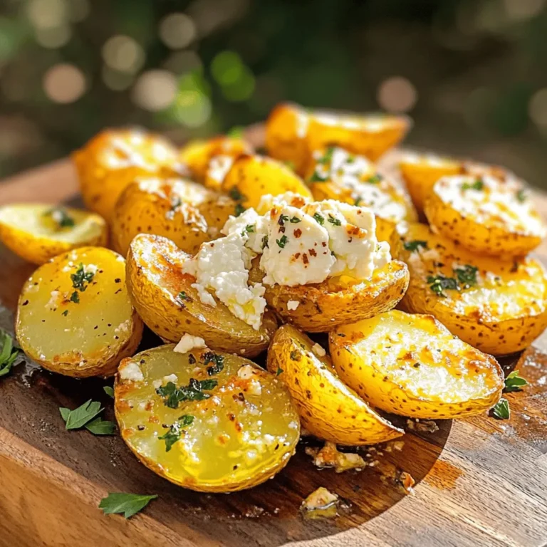 - 1.5 kg baby potatoes, halved - 200 g feta cheese, crumbled - 3 tablespoons olive oil - 4 cloves garlic, minced - 1 tablespoon dried oregano - 1 teaspoon lemon zest - 1 teaspoon smoked paprika - Salt and pepper to taste - Fresh parsley, chopped (for garnish) When measuring ingredients, be precise for the best taste. Use a kitchen scale for the potatoes and cheese. A tablespoon works great for olive oil and dried herbs. For the garlic, one clove equals about one teaspoon when minced. You can also use a zester for the lemon zest. Always choose fresh ingredients for the best flavor. Look for firm, smooth baby potatoes without blemishes. The feta cheese should be creamy and crumbly, not dry. Use high-quality olive oil for richness. Fresh garlic will give a stronger taste than pre-minced options. When selecting oregano, dried is fine, but fresh will add a lovely touch. For the lemon, pick one that feels heavy for its size; it will be juicier and more flavorful. By using quality ingredients, you ensure your Greek Feta Roast Potatoes are a hit. For the complete recipe, check out the Full Recipe section. To start, you need to gather your ingredients. Here’s what you will need: - 1.5 kg baby potatoes, halved - 200 g feta cheese, crumbled - 3 tablespoons olive oil - 4 cloves garlic, minced - 1 tablespoon dried oregano - 1 teaspoon lemon zest - 1 teaspoon smoked paprika - Salt and pepper to taste - Fresh parsley, chopped (for garnish) First, preheat your oven to 220°C (430°F). In a large bowl, mix the halved potatoes with olive oil, minced garlic, dried oregano, lemon zest, smoked paprika, salt, and pepper. Toss everything until the potatoes are evenly coated. This step is key for flavor! Next, spread the potatoes on a large baking tray lined with parchment paper. Make sure they’re in one layer. This helps them roast evenly. Place the tray in the oven and roast for about 30-35 minutes. They should turn golden and crispy. Remember to toss them halfway through cooking for the best results. After the initial roasting, take the tray out of the oven. Sprinkle the crumbled feta cheese over the hot potatoes. Return the tray to the oven and bake for another 5 minutes. This will slightly soften the feta without letting it melt completely. Once the potatoes are done, remove the tray from the oven. Garnish the dish with fresh parsley before serving. This adds a pop of color and freshness. For a beautiful presentation, serve the potatoes hot on a rustic wooden board. Drizzle a bit of olive oil on top and finish with a sprinkle of parsley. Enjoy your Greek Feta Roast Potatoes! For the complete method, check out the Full Recipe. To get crispy potatoes, start with small baby potatoes. Halving them helps create more surface area. Use enough olive oil. I recommend three tablespoons. This oil coats the potatoes and helps them crisp. Make sure your oven is hot, too. Set it to 220°C (430°F) before cooking. Toss the potatoes halfway through roasting. This way, they brown evenly on all sides. To boost flavor, add garlic and herbs. I use four cloves of minced garlic and one tablespoon of dried oregano. These ingredients add depth to the dish. A teaspoon of lemon zest brightens the taste. Smoked paprika gives a nice smoky flavor, too. Don't skip the feta cheese! Crumble it over the hot potatoes for a salty kick. Fresh parsley adds color and freshness. Avoid overcrowding the baking tray. If the potatoes are too close, they will steam instead of roast. This will make them soft, not crispy. Always use parchment paper; it helps with cleanup and prevents sticking. Don't forget to toss the potatoes while they cook. This ensures they brown nicely on all sides. Lastly, check your feta. It should soften but not melt completely. Follow the Full Recipe for best results. {{image_2}} You can change this dish by adding more flavors. Here are some fun ideas: - Cherry tomatoes: Add halved tomatoes for sweetness. - Olives: Toss in some olives for a salty kick. - Red onion: Use slices for a sweet and savory touch. - Spinach: Fold in fresh spinach for a pop of color and nutrition. - Chili flakes: Add heat with some chili flakes. Each of these ingredients brings a unique taste. Feel free to mix and match based on what you like. This dish can fit many diets. For a vegan version, skip the feta cheese. You can use a vegan cheese alternative. For gluten-free, this recipe is already safe. Just ensure your ingredients are gluten-free. These changes keep the dish tasty while meeting diet needs. Serve Greek feta roast potatoes in fun ways. Here are some ideas: - As a side: Pair with grilled chicken or fish for a complete meal. - In a salad: Toss warm potatoes in a fresh salad for a hearty addition. - On a platter: Serve on a large plate for sharing at parties. - With dips: Offer yogurt or tzatziki on the side for extra flavor. These ideas help you enjoy the dish in different styles. Check out the Full Recipe for more details! After cooking Greek Feta Roast Potatoes, let them cool to room temperature. Store leftovers in an airtight container. Keep them in the fridge if you plan to eat them again within a few days. They taste best within three days. If you want to keep them longer, freezing is a great option. To reheat, you can use an oven or a microwave. For the oven, preheat it to 180°C (350°F). Spread the potatoes on a baking sheet and heat for about 10-15 minutes. This keeps them crispy. If using a microwave, place them in a bowl and heat for one to two minutes. However, they may lose some crispness. To freeze, make sure the potatoes are completely cool. Place them in a freezer-safe bag or container. They can last up to three months in the freezer. When you want to eat them, thaw them in the fridge overnight. Reheat them in the oven for the best taste. For the full recipe, check out the earlier section. To make Greek Feta Roast Potatoes, first, gather your ingredients. You need baby potatoes, feta cheese, olive oil, garlic, oregano, lemon zest, smoked paprika, salt, and pepper. 1. Preheat your oven to 220°C (430°F). 2. In a bowl, mix halved baby potatoes with olive oil, minced garlic, oregano, lemon zest, smoked paprika, salt, and pepper. 3. Toss the mix well until the potatoes are coated. 4. Spread the potatoes on a baking tray lined with parchment paper. 5. Roast them for 30-35 minutes until they turn golden and crispy. 6. Halfway through, toss the potatoes for even cooking. 7. After roasting, sprinkle crumbled feta over the hot potatoes. 8. Bake for another 5 minutes. Remove when the feta softens but doesn’t melt. 9. Garnish with fresh parsley before serving. This process creates crispy, flavorful potatoes that shine with the creamy feta. Yes, you can use other cheeses. Feta brings a unique taste, but you could try goat cheese or ricotta. Both choices will change the flavor slightly. Goat cheese adds tanginess, while ricotta offers creaminess. Just remember, the cheese should be crumbled and placed on the potatoes during the last few minutes of baking. This way, it warms up without fully melting. These potatoes pair well with many dishes. You can serve them alongside grilled chicken or lamb. Their flavors match perfectly. You might also enjoy them with a fresh Greek salad. The crunchy veggies balance the creamy feta. For a lighter meal, serve with tzatziki sauce or a yogurt dip. Each option enhances the overall meal experience. For the complete recipe, check the Full Recipe link! In this post, I shared how to make Greek Feta Roast Potatoes. I covered ingredients, preparation steps, and cooking details. I also shared tips for crispy potatoes and flavor boosts. You learned about variations and storage advice, ensuring your dish stays fresh. In conclusion, cooking these potatoes is fun and rewarding. Explore your own twists and enjoy every bite!