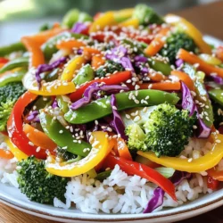 - Bell peppers (red, yellow, green) - Broccoli florets - Carrots - Sugar snap peas - Red cabbage - Sesame oil - Soy sauce (or tamari) - Honey or maple syrup - Garlic and ginger - Cooked rice - Quinoa - Sesame seeds for garnish In this Rainbow Veggie Stir Fry, I love using fresh vegetables. Each one adds color and nutrition. The bell peppers give sweetness and crunch. Broccoli florets bring a nice texture and flavor. Carrots add a hint of earthiness, while sugar snap peas offer a delightful snap. Red cabbage not only looks pretty but also adds a slight peppery bite. I use sesame oil for its rich, nutty taste. Soy sauce or tamari gives a salty depth. Honey or maple syrup balances the flavors with sweetness. Garlic and ginger round out the dish with warmth and zest. For serving, I recommend cooked rice or quinoa. Both options soak up the sauce well. A sprinkle of sesame seeds adds a nice touch. This dish is not just colorful but also a feast for your taste buds. For the full experience, don’t forget to check out the Full Recipe. - First, prepare and chop all vegetables. - Next, measure out the sauces and seasonings. Make sure to use fresh vegetables for the best taste. The colors of the veggies make this dish fun and bright. This is a great way to get kids excited about eating veggies. - Heat sesame oil in a large skillet or wok over medium-high heat. - Add minced garlic and grated ginger; sauté for about 1 minute until fragrant. - Toss in the sliced bell peppers and carrots. Stir-fry for about 3 minutes until they begin to soften. - Add the broccoli florets and sugar snap peas, cooking for an additional 2-3 minutes, stirring frequently. - Finally, add the shredded red cabbage and cook for another 2 minutes. All vegetables should be vibrant and tender but still crisp. Cooking the veggies in stages helps keep them bright and crunchy. This method lets each veggie shine while blending flavors. - In a small bowl, mix together soy sauce and honey or maple syrup. - Pour this mixture over the stir-fried veggies and toss to coat evenly. - Cook for another minute. - Remove from heat and sprinkle sesame seeds over the top for garnish. This adds a lovely crunch and flavor boost to your dish. Serve the stir fry over cooked rice or quinoa for a complete meal. For the full recipe, check out the detailed instructions earlier in this article. - Use fresh, seasonal vegetables. They taste better and add color. - Customize the sauce to your taste. Add more honey for sweetness or soy sauce for saltiness. - Avoid overcooking the vegetables. They should be crisp and bright. - Maintain brightness and crunch. This makes each bite fun and tasty. - Pair with different grains. Rice or quinoa works great. - Add proteins for a complete meal. Tofu, chicken, or shrimp can boost nutrition. Using these tips, you can make your Rainbow Veggie Stir Fry even more delicious. For the full recipe, check the section above. {{image_2}} You can add protein to your Rainbow Veggie Stir Fry for extra flavor and nutrition. - Tofu: Firm tofu works best. Press it to remove extra water, then cube it. Sauté it until golden before adding veggies. This gives a nice texture. - Chicken or shrimp: Thinly slice chicken breast or use peeled shrimp. Cook them first in the hot skillet. Once they are cooked through, add your veggies. You can mix up the vegetables based on what's in season or what you have at home. - Seasonal swaps: Try zucchini or bok choy. They add great flavor and texture. Just chop them up and toss them in when you add the other veggies. - Using frozen vegetables: Frozen veggies are a great option. They save time and are often just as nutritious. Just make sure to thaw them before cooking. Changing the sauce can give your stir fry a new twist. - Spicy versions: If you like spice, add chili paste or sriracha to the sauce. Start with a little and add more if you want more heat. - Vegan options: If you prefer vegan, skip the honey. Use maple syrup instead. It gives the same sweetness without using animal products. Explore these variations for your Rainbow Veggie Stir Fry to keep your meals exciting! For the full recipe, check out the detailed instructions above. After cooking your rainbow veggie stir fry, cool it down quickly. Store leftovers in an airtight container. This keeps your meal fresh and tasty. Use the stir fry within three days for the best flavor. Always check for signs of spoilage, like off smells or changes in color. You can freeze your stir-fried veggies for later use. Let them cool completely before packing. Use freezer-safe bags or containers to prevent freezer burn. They can last up to three months. To reheat, thaw them overnight in the fridge. Heat on the stove or in the microwave until warm. Stir often to keep them even. You can make the rainbow veggie stir fry ahead of time. Chop your veggies and store them in separate containers. This lets you mix and match for quick meals. You can also prepare the sauce in advance. Just combine the soy sauce, honey, garlic, and ginger. This makes your cooking time faster and hassle-free. Enjoy the flavors anytime with little effort! To make your stir fry healthier, focus on lower-calorie ingredients. Here are some suggestions: - Use more leafy greens like spinach or kale. - Swap out sugar snap peas for green beans to cut calories. - Replace honey with a sugar-free sweetener. - Use less oil, or choose a spray oil to control portions. - Add more protein with beans or lentils instead of meat. These changes help keep the dish light and nutritious. Plus, you'll still enjoy great flavors! Yes, you can easily make this recipe vegetarian or vegan. Here are some options: - Use tamari instead of soy sauce for a gluten-free option. - Replace honey with maple syrup or agave nectar for sweetness. - Add tofu, tempeh, or chickpeas for protein. - Use vegetable broth instead of any meat-based sauces. These swaps ensure everyone can enjoy this colorful dish! You can add many flavors and textures to your veggie stir fry. Here are some ideas: - Toss in some fresh herbs like basil or cilantro for a burst of flavor. - Add nuts like cashews or almonds for crunch. - Include other veggies such as zucchini, mushrooms, or baby corn. - Experiment with different sauces like teriyaki or sweet chili. Feel free to get creative and mix in what you love! To keep your vegetables crisp in stir fry, follow these tips: - Cook on high heat to sear the veggies quickly. - Add harder vegetables first, like carrots and broccoli. - Stir-fry in small batches to avoid steaming them. - Don't overcook; aim for vibrant colors and tenderness. These methods help maintain that satisfying crunch in every bite! This stir fry recipe uses fresh vegetables and sauces to pack in flavor. You learned how to choose the best ingredients, prepare them, and cook them just right. Remember to customize the meal to fit your taste and use seasonal veggies for the best outcome. Whether you want to make it healthier or add protein, options are plenty. Now, use these tips to create your perfect stir fry at home. Enjoy every bite!