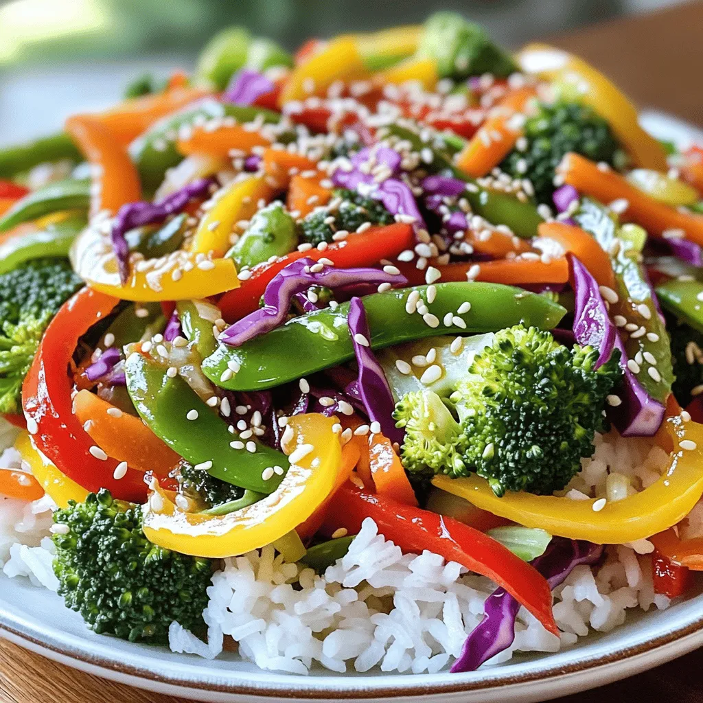 - Bell peppers (red, yellow, green) - Broccoli florets - Carrots - Sugar snap peas - Red cabbage - Sesame oil - Soy sauce (or tamari) - Honey or maple syrup - Garlic and ginger - Cooked rice - Quinoa - Sesame seeds for garnish In this Rainbow Veggie Stir Fry, I love using fresh vegetables. Each one adds color and nutrition. The bell peppers give sweetness and crunch. Broccoli florets bring a nice texture and flavor. Carrots add a hint of earthiness, while sugar snap peas offer a delightful snap. Red cabbage not only looks pretty but also adds a slight peppery bite. I use sesame oil for its rich, nutty taste. Soy sauce or tamari gives a salty depth. Honey or maple syrup balances the flavors with sweetness. Garlic and ginger round out the dish with warmth and zest. For serving, I recommend cooked rice or quinoa. Both options soak up the sauce well. A sprinkle of sesame seeds adds a nice touch. This dish is not just colorful but also a feast for your taste buds. For the full experience, don’t forget to check out the Full Recipe. - First, prepare and chop all vegetables. - Next, measure out the sauces and seasonings. Make sure to use fresh vegetables for the best taste. The colors of the veggies make this dish fun and bright. This is a great way to get kids excited about eating veggies. - Heat sesame oil in a large skillet or wok over medium-high heat. - Add minced garlic and grated ginger; sauté for about 1 minute until fragrant. - Toss in the sliced bell peppers and carrots. Stir-fry for about 3 minutes until they begin to soften. - Add the broccoli florets and sugar snap peas, cooking for an additional 2-3 minutes, stirring frequently. - Finally, add the shredded red cabbage and cook for another 2 minutes. All vegetables should be vibrant and tender but still crisp. Cooking the veggies in stages helps keep them bright and crunchy. This method lets each veggie shine while blending flavors. - In a small bowl, mix together soy sauce and honey or maple syrup. - Pour this mixture over the stir-fried veggies and toss to coat evenly. - Cook for another minute. - Remove from heat and sprinkle sesame seeds over the top for garnish. This adds a lovely crunch and flavor boost to your dish. Serve the stir fry over cooked rice or quinoa for a complete meal. For the full recipe, check out the detailed instructions earlier in this article. - Use fresh, seasonal vegetables. They taste better and add color. - Customize the sauce to your taste. Add more honey for sweetness or soy sauce for saltiness. - Avoid overcooking the vegetables. They should be crisp and bright. - Maintain brightness and crunch. This makes each bite fun and tasty. - Pair with different grains. Rice or quinoa works great. - Add proteins for a complete meal. Tofu, chicken, or shrimp can boost nutrition. Using these tips, you can make your Rainbow Veggie Stir Fry even more delicious. For the full recipe, check the section above. {{image_2}} You can add protein to your Rainbow Veggie Stir Fry for extra flavor and nutrition. - Tofu: Firm tofu works best. Press it to remove extra water, then cube it. Sauté it until golden before adding veggies. This gives a nice texture. - Chicken or shrimp: Thinly slice chicken breast or use peeled shrimp. Cook them first in the hot skillet. Once they are cooked through, add your veggies. You can mix up the vegetables based on what's in season or what you have at home. - Seasonal swaps: Try zucchini or bok choy. They add great flavor and texture. Just chop them up and toss them in when you add the other veggies. - Using frozen vegetables: Frozen veggies are a great option. They save time and are often just as nutritious. Just make sure to thaw them before cooking. Changing the sauce can give your stir fry a new twist. - Spicy versions: If you like spice, add chili paste or sriracha to the sauce. Start with a little and add more if you want more heat. - Vegan options: If you prefer vegan, skip the honey. Use maple syrup instead. It gives the same sweetness without using animal products. Explore these variations for your Rainbow Veggie Stir Fry to keep your meals exciting! For the full recipe, check out the detailed instructions above. After cooking your rainbow veggie stir fry, cool it down quickly. Store leftovers in an airtight container. This keeps your meal fresh and tasty. Use the stir fry within three days for the best flavor. Always check for signs of spoilage, like off smells or changes in color. You can freeze your stir-fried veggies for later use. Let them cool completely before packing. Use freezer-safe bags or containers to prevent freezer burn. They can last up to three months. To reheat, thaw them overnight in the fridge. Heat on the stove or in the microwave until warm. Stir often to keep them even. You can make the rainbow veggie stir fry ahead of time. Chop your veggies and store them in separate containers. This lets you mix and match for quick meals. You can also prepare the sauce in advance. Just combine the soy sauce, honey, garlic, and ginger. This makes your cooking time faster and hassle-free. Enjoy the flavors anytime with little effort! To make your stir fry healthier, focus on lower-calorie ingredients. Here are some suggestions: - Use more leafy greens like spinach or kale. - Swap out sugar snap peas for green beans to cut calories. - Replace honey with a sugar-free sweetener. - Use less oil, or choose a spray oil to control portions. - Add more protein with beans or lentils instead of meat. These changes help keep the dish light and nutritious. Plus, you'll still enjoy great flavors! Yes, you can easily make this recipe vegetarian or vegan. Here are some options: - Use tamari instead of soy sauce for a gluten-free option. - Replace honey with maple syrup or agave nectar for sweetness. - Add tofu, tempeh, or chickpeas for protein. - Use vegetable broth instead of any meat-based sauces. These swaps ensure everyone can enjoy this colorful dish! You can add many flavors and textures to your veggie stir fry. Here are some ideas: - Toss in some fresh herbs like basil or cilantro for a burst of flavor. - Add nuts like cashews or almonds for crunch. - Include other veggies such as zucchini, mushrooms, or baby corn. - Experiment with different sauces like teriyaki or sweet chili. Feel free to get creative and mix in what you love! To keep your vegetables crisp in stir fry, follow these tips: - Cook on high heat to sear the veggies quickly. - Add harder vegetables first, like carrots and broccoli. - Stir-fry in small batches to avoid steaming them. - Don't overcook; aim for vibrant colors and tenderness. These methods help maintain that satisfying crunch in every bite! This stir fry recipe uses fresh vegetables and sauces to pack in flavor. You learned how to choose the best ingredients, prepare them, and cook them just right. Remember to customize the meal to fit your taste and use seasonal veggies for the best outcome. Whether you want to make it healthier or add protein, options are plenty. Now, use these tips to create your perfect stir fry at home. Enjoy every bite!