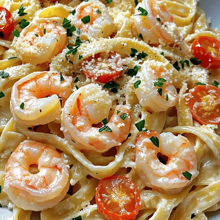 - 8 oz fettuccine or spaghetti - 1 lb large shrimp, peeled and deveined - 4 cloves garlic, minced - 1 cup heavy cream - 1 cup chicken or vegetable broth - 1 cup cherry tomatoes, halved - 1/2 cup grated Parmesan cheese The main ingredients create a rich and tasty meal. Fettuccine or spaghetti works well for this dish. I love using large shrimp for their sweet flavor and firm texture. Garlic is key, giving the pasta its delicious aroma. Heavy cream makes everything creamy and smooth. Broth adds depth to the sauce, while cherry tomatoes bring freshness. Finally, the Parmesan cheese melts beautifully, tying all the flavors together. - 2 tablespoons olive oil - 1 teaspoon red pepper flakes (optional) - Salt and pepper to taste - Fresh parsley, chopped (for garnish) Olive oil is perfect for sautéing garlic and shrimp. It adds a fruity note to the dish. Red pepper flakes can bring a little heat, but it's optional. Salt and pepper enhance all the flavors. Fresh parsley adds a pop of color and a hint of freshness. You can adjust seasoning to match your taste, making this dish truly yours. For the full recipe, refer to the section above. To start, you need to cook the pasta. Use a large pot and fill it with salted water. Bring the water to a boil. Add 8 ounces of fettuccine or spaghetti. Cook it according to the package instructions until it is al dente. This usually takes about 8-10 minutes. Once done, drain the pasta in a colander and set it aside. Next, grab a large skillet and heat 2 tablespoons of olive oil over medium-high heat. Once the oil is hot, add 4 cloves of minced garlic. Sauté the garlic for about 1 minute. You want it fragrant but not burnt. After that, add 1 pound of peeled and deveined large shrimp. Season them with salt, pepper, and 1 teaspoon of red pepper flakes if you like a kick. Cook the shrimp for 2-3 minutes on each side until they turn pink. After cooking, remove the shrimp from the skillet and set them aside. In the same skillet, pour in 1 cup of chicken or vegetable broth. Bring it to a simmer and let it reduce for about 3-4 minutes. Lower the heat and add 1 cup of heavy cream. Stir well to combine. Let it simmer for another 2-3 minutes until it thickens slightly. Now it’s time to bring it all together. Stir in 1/2 cup of grated Parmesan cheese until it melts into the sauce. Then, add 1 cup of halved cherry tomatoes to the skillet. Allow them to warm through for about 2 minutes. Return the cooked shrimp to the skillet, tossing them in the creamy sauce. Finally, combine the pasta with the shrimp and sauce in the skillet. Mix well to coat everything evenly. Taste and adjust seasoning if needed. Serve immediately, garnished with chopped fresh parsley. Enjoy your creamy garlic shrimp pasta! For the full recipe, check the detailed instructions above. To know when shrimp are cooked, look for their color. They should turn pink and opaque. The shrimp should also curl into a tight "C" shape. This takes about 2-3 minutes per side over medium heat. Avoid overcooking by removing them from the heat once they turn pink. They continue to cook after you remove them, so don’t leave them in the pan. For the perfect creamy texture, use heavy cream. It thickens well and adds richness. Stir in the cheese slowly to mix it in without clumping. You can also add cream cheese for an extra kick. For added flavor, try using fresh herbs like basil or thyme. A touch of lemon juice can brighten the dish as well. Serve creamy garlic shrimp pasta with a light salad or garlic bread. A crisp green salad pairs well and balances the creaminess. For wine, choose a chilled white wine like Sauvignon Blanc. It complements the shrimp nicely. To make your plate look beautiful, twirl the pasta into nests. Top it with shrimp and a sprinkle of parsley for a pop of color. For the full recipe, check out [Full Recipe]. {{image_2}} You can make creamy garlic shrimp pasta work for your needs. Here are some easy swaps: - Gluten-free pasta alternatives: Try using rice noodles or gluten-free penne. Many stores offer tasty options that cook well. - Dairy-free options for cream and cheese: Use coconut cream instead of heavy cream. Nutritional yeast can replace Parmesan cheese for a cheesy flavor. You can add fun flavors to your dish. Here are some ideas: - Adding vegetables like spinach or bell peppers: Toss in some fresh spinach or sliced bell peppers. They add color and nutrition to your meal. - Using different proteins like chicken or scallops: Swap shrimp for chicken breast or scallops. Both options cook nicely in the creamy sauce. Feel free to play with the sauce. Here are some tasty suggestions: - Creating a spicy version with more red pepper flakes: If you love heat, add more red pepper flakes. It gives the dish a nice kick. - Using pesto or marinara as a base: Try using pesto for a fresh taste. Marinara adds a classic touch that can change the whole dish. For the full recipe, check out the section above. To keep your creamy garlic shrimp pasta fresh, store it in an airtight container. This will help keep the flavors locked in. You can place it in the fridge for up to three days. Make sure it cools down before sealing it. If you want to keep it longer, consider freezing it. In the freezer, it lasts for about two months. Just remember to label it with the date. When you’re ready to enjoy your leftovers, reheating them properly is key. The best way is to use a skillet over low heat. Add a splash of broth or cream. This will help keep it moist. Stir it gently to warm through. Avoid using the microwave if you can. Microwaving can lead to rubbery shrimp, which is not tasty. If you must use a microwave, heat for short bursts. This will help prevent overcooking. Enjoy your creamy garlic shrimp pasta like it’s fresh! I love using fettuccine or spaghetti for creamy garlic shrimp pasta. Both types hold the sauce well. Fettuccine gives a nice, rich bite, while spaghetti adds a fun twist. You can also use linguine or any pasta you enjoy. Yes, you can use frozen shrimp! Just make sure to thaw them first. You can leave them in the fridge overnight or run them under cold water for quick thawing. If using frozen shrimp, cook them a bit longer to ensure they are fully heated. To add spice, sprinkle in extra red pepper flakes. You can also add fresh chopped chili peppers while cooking. For a smoky kick, try a dash of cayenne pepper. Adjust to your taste for the perfect heat level. Absolutely! You can replace shrimp with sautéed mushrooms or zucchini. Use vegetable broth instead of chicken broth. For creaminess, try coconut milk or cashew cream. This version is just as tasty and satisfying! Don't forget to check the Full Recipe for all the details. In this blog post, we explored creamy garlic shrimp pasta. You learned about the main and additional ingredients needed, with tips on cooking and serving. I shared ways to perfect your shrimp, achieve creaminess, and offered variations for dietary needs. Remember, you can easily adjust flavors or swap pasta types. Enjoy crafting your tasty dish. With these steps, you'll impress everyone at the table. Now, go ahead and try it for yourself!