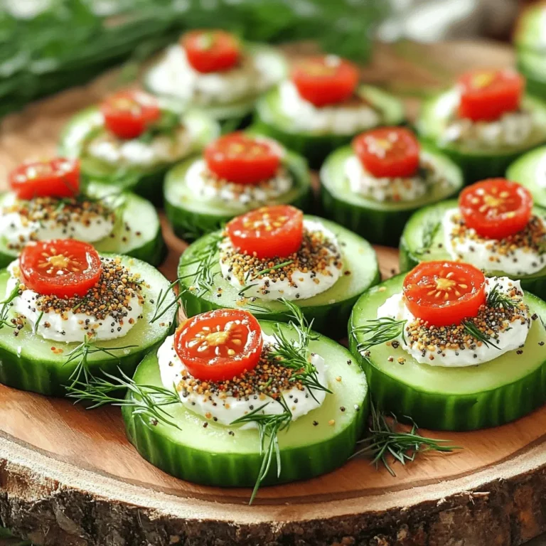 - Large cucumber - Cream cheese - Fresh herbs (dill and chives) - Seasoning components (garlic powder, onion powder, everything bagel seasoning) - Optional garnish (cherry tomatoes) How do you measure ingredients accurately? Use measuring cups and spoons. Always level off dry ingredients for a precise amount. For cream cheese, you can use a kitchen scale for exact weight. What are the best cream cheese alternatives? You can use vegan cream cheese made from nuts. For lactose-free options, try cream cheese made from soy or coconut. How do you choose the right cucumber? Look for cucumbers that are firm and smooth. They should have a vibrant green color with no soft spots. Why is it important to use fresh herbs? Fresh herbs give your dish bright flavors. Dried herbs lack the same taste and aroma. Always use fresh dill and chives for the best results. - Washing and slicing the cucumber Start by washing the cucumber under cold water. This step ensures any dirt or wax is removed. Next, cut it into thick slices, about 1 inch each. The thickness gives each bite a satisfying crunch. - Combining the cream cheese mixture In a medium bowl, add the softened cream cheese. Then, throw in the chopped dill, chives, garlic powder, and onion powder. Mix everything with a spatula until it becomes creamy and smooth. This flavor-packed spread is key to your bites. - Spreading cream cheese on cucumber slices Take a cucumber slice and scoop a generous amount of the cream cheese mixture. Spread it evenly across the top. Make sure to cover the entire slice for maximum flavor. - Adding everything bagel seasoning After spreading the cream cheese, sprinkle the everything bagel seasoning on top. This seasoning adds a delightful crunch and savory flavor. Be generous, as it enhances each bite. - Chilling time for enhanced flavors Place the assembled cucumber bites on a platter. Chill them in the fridge for about 10 minutes. This cooling time allows the flavors to meld together beautifully. - Plating tips for a beautiful presentation For a stunning presentation, arrange the bites in a circular pattern. You can also add halved cherry tomatoes on top for color and extra taste. This small touch elevates your snack and makes it eye-catching. You can easily prepare these bites in advance. Start by slicing your cucumber and making the cream cheese mix. Store the cucumber slices in water to keep them fresh. Place the cream cheese mixture in an airtight container. When you're ready to serve, spread the cream cheese on the cucumber slices. Add the everything bagel seasoning and garnish with cherry tomatoes. This way, you save time and still have a fresh snack. Want to change the flavor? You can add spices like smoked paprika or cayenne for a kick. Try adding fresh herbs like parsley or basil for a different taste. You can also swap out the cream cheese for hummus or Greek yogurt for a lighter option. Feel free to explore toppings too! Smoked salmon or diced bell peppers work well. Just remember to keep the flavors balanced so they shine. When it comes to serving, think about arrangement. Place the cucumber bites on a colorful platter for a fun look. You can even stack them in a tower for a fancy touch. Garnishing is key! Sprinkle some extra everything bagel seasoning on top for flair. Adding a slice of lemon or a sprig of dill can make the dish pop. Remember, we eat with our eyes first! {{image_2}} You can easily make vegan Everything Bagel Cucumber Bites by swapping cream cheese. Use vegan cream cheese or a nut-based spread instead. This way, you still get that creamy texture and flavor without dairy! For gluten-free options, ensure that your everything bagel seasoning is gluten-free. Most brands are, but check the label to be sure. Want to mix things up? Try adding toppings like smoked salmon or avocado. Smoked salmon adds a rich, savory flavor. Avocado makes it creamy and fresh. For a spicy kick, drizzle some hot sauce on top or sprinkle chili flakes. This will excite your taste buds and add a fun twist. You can also make these bites seasonal. In summer, use fresh veggies like bell peppers or radishes alongside cucumbers. For the holidays, think about adding festive toppings like cranberry sauce or roasted nuts. These small changes keep the dish fun and fresh all year round! To keep your Everything Bagel Cucumber Bites fresh, store them in the fridge. Use an airtight container to prevent them from drying out. If you have leftover bites, place parchment paper between layers. This helps avoid sogginess. Always make sure to cover the container tightly. This keeps the flavors intact. These bites are best enjoyed fresh. They stay tasty for about two days in the fridge. Look for signs of spoilage like a change in color or texture. If the cucumber becomes slimy, it's time to toss them. Fresh herbs may wilt, losing their vibrant look. Always trust your senses when checking for freshness. You can freeze cucumber bites, but it's not ideal. Freezing can change the texture of the cucumber. If you must freeze them, wrap each bite tightly in plastic wrap. Place the wrapped bites in a freezer bag for better protection. When you're ready to eat, thaw them in the fridge overnight. This helps maintain some of their original texture. Everything Bagel seasoning is a mix of spices used to flavor bagels. It usually has: - Sesame seeds - Poppy seeds - Onion flakes - Garlic flakes - Salt You can find it at stores or make it at home. To make your own, mix the spices above in equal parts. It’s fun and easy! Yes, you can use other veggies! Carrots, radishes, or bell peppers work well. Just slice them thin. Adjust the cream cheese spread by adding more herbs or spices if needed. This keeps it tasty and smooth. Each bite has about 50 calories. They are low in carbs and high in water. Cucumbers are great for hydration. Cream cheese adds some protein and calcium. Together, they make a healthy snack. Check out the full recipe for Everything Bagel Cucumber Bites [here](#). These Everything Bagel Cucumber Bites combine fresh flavors and easy steps. You learned about the key ingredients, like cucumbers and cream cheese, and how to mix them. Preparing in advance and storing correctly keeps the bites fresh and tasty. Feel free to get creative with toppings and flavors. You can enjoy these bites at any gathering or snack time. Explore all the variations to find what you love best. Dive in and enjoy!