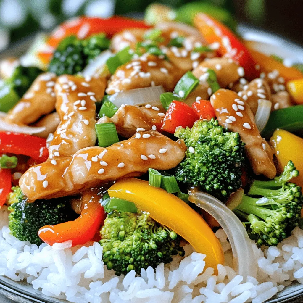 - 1 lb boneless, skinless chicken breasts - 2 tablespoons honey - 3 tablespoons soy sauce - 2 cups mixed bell peppers - 1 cup broccoli florets - 1 medium onion - 3 cloves garlic - 1 tablespoon fresh ginger - Salt and pepper To make the Honey Garlic Chicken Stir Fry, you need fresh and vibrant ingredients. First, choose 1 pound of boneless, skinless chicken breasts. This cut cooks quickly and stays tender. Next, you’ll need 2 tablespoons of honey and 3 tablespoons of soy sauce. These two create a sweet and salty flavor that makes this dish shine. For the vegetables, I like to use 2 cups of mixed bell peppers, which add color and crunch. The mix can include red, yellow, and green bell peppers. Add in 1 cup of broccoli florets for a nutritious boost, and don’t forget 1 medium onion for extra flavor. You can’t skip the aromatics! Use 3 cloves of garlic, minced, and 1 tablespoon of fresh ginger, grated. They bring warmth and depth to the dish. Don’t forget to season with salt and pepper to taste. With these ingredients, you are ready to create a quick and delicious meal. For the full recipe, check the earlier section! Whisk together honey, soy sauce, minced garlic, and grated ginger in a small bowl. This sauce adds a sweet and savory flavor to the dish. Make sure to combine them well, as this blend is the heart of the stir fry. Heat vegetable oil in a large skillet or wok over medium-high heat. Add the sliced chicken strips and season with a pinch of salt and pepper. Stir-fry the chicken for about 5 to 7 minutes. Cook until the chicken is no longer pink inside. It should be nice and golden on the outside. Next, toss in the sliced onion and cook for 2 to 3 minutes. The onion should turn translucent. Then, add the mixed bell peppers and broccoli florets. Stir-fry these for another 4 to 5 minutes until the veggies are tender yet crisp. This step keeps the stir fry fresh and colorful. Now, pour the honey garlic sauce over the chicken and vegetables. Stir well to coat everything evenly. Cook for 2 more minutes until everything is heated through. This quick cooking helps the flavors meld together beautifully. Cut your chicken and vegetables into uniform pieces. This helps them cook evenly. If they are different sizes, some will be overcooked while others are undercooked. Thin strips work best for chicken. For veggies, aim for bite-sized pieces. This way, you will get nice texture and taste in every bite. Use fresh ingredients for the best taste. Fresh garlic and ginger make a big difference. You can adjust the honey to make it sweeter or less sweet. If you love a rich flavor, add more honey. For a lighter taste, use less. Always taste the sauce before adding it to the stir fry. Consider using a wok for this dish. A wok gets hot quickly and cooks food faster. It also allows for better heat distribution. This helps your chicken and vegetables cook evenly. If you do not have a wok, a large skillet will work too. Just make sure it’s wide enough to stir everything well. {{image_2}} You can swap chicken for shrimp, beef, or tofu. Each option brings a new taste. Shrimp cooks quickly and adds a nice texture. Beef gives a hearty flavor. Tofu is great for a plant-based meal. Just adjust cooking times to ensure everything is cooked properly. Feel free to change the veggies based on what you have. Snap peas add a nice crunch. Carrots bring sweetness and color. Asparagus can add a gourmet touch. Mix and match to keep it interesting. Using seasonal veggies can make this dish even better. Want to try something new? Switch the sauce! Teriyaki sauce gives a rich, sweet flavor. Oyster sauce adds depth and umami. You can also mix sauces for a unique taste. Just remember to balance the flavors so they complement the dish. Store leftovers in an airtight container for up to 3 days. This keeps the chicken moist and tasty. When ready to eat, just open the container and enjoy. You can freeze the stir fry in portions for up to 2 months. This makes it easy to have a quick meal later. To reheat, make sure to warm it thoroughly before serving. This helps keep the chicken and veggies just right. Use a skillet or microwave for even reheating. This way, you maintain the stir fry's texture. In a skillet, heat on medium until warm. If you use a microwave, heat in short bursts. Stir in between to get an even warmth throughout. To add heat, you can mix in red pepper flakes or sriracha into the sauce. Start with a small amount and taste as you go. This way, you can find the perfect level of spice for your taste. Yes, you can use frozen vegetables in this dish. Just remember to adjust the cooking time. Frozen veggies may need a bit longer to heat through. Make sure they are hot all the way before serving. I love serving this stir fry over rice or noodles. It also pairs well with a fresh salad. The crispness of the salad balances the flavors of the stir fry nicely. For detailed instructions, refer to the "Full Recipe" section. This will guide you through every step to make this tasty dish. Now you know how to make a tasty Honey Garlic Chicken Stir Fry. We covered all you need: the main ingredients, how to prep, and cook it right. I shared tips to improve flavor and suggested swaps for proteins and veggies. Remember, storing leftovers well keeps them fresh. Enjoy experimenting with flavors and methods! This dish can fit many tastes and is quick to make. Dive in and make it your own!