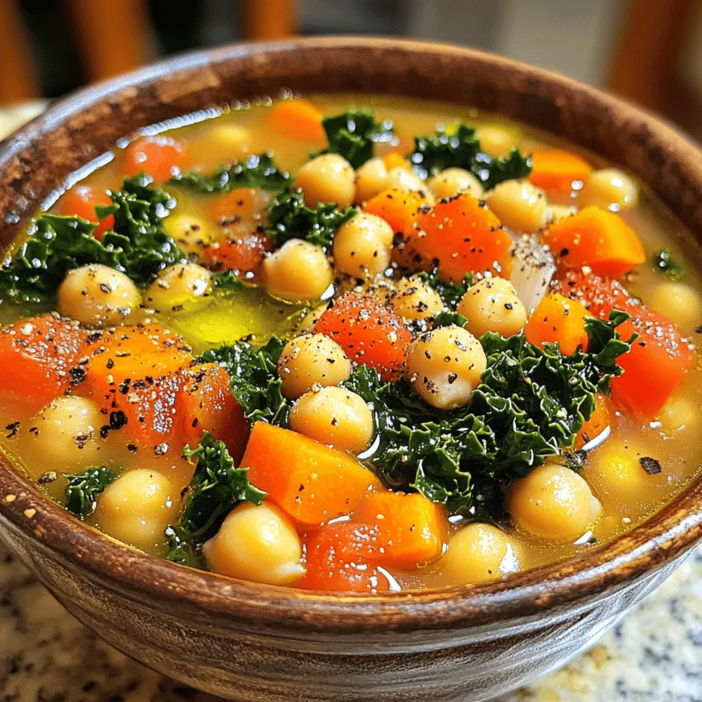 To make Tuscan chickpea soup, gather these ingredients: - 2 cans of chickpeas (15 oz each), drained and rinsed - 1 medium onion, finely chopped - 3 cloves garlic, minced - 2 carrots, diced - 2 celery stalks, diced - 1 can (14 oz) diced tomatoes - 4 cups vegetable broth - 1 teaspoon dried oregano - 1 teaspoon dried thyme - 1 bay leaf - 1 cup kale or spinach, chopped - 2 tablespoons olive oil - Salt and pepper to taste - Optional: 1 tablespoon balsamic vinegar for a tangy kick These ingredients create a rich and tasty soup. Each element adds flavor and texture. The chickpeas give protein, while the veggies add color and nutrients. You can change the soup to fit your taste. Here are some optional ingredients: - 1 teaspoon red pepper flakes for heat - 1 cup diced potatoes for heartiness - 1 cup zucchini, diced for extra veggies - Fresh herbs like parsley or basil for garnish Adding these can change the soup's flavor. Feel free to mix and match as you like. This soup is not just tasty; it is also healthy. Here’s a quick breakdown: - Calories: About 250 per serving - Protein: 10 grams - Fat: 8 grams - Carbohydrates: 40 grams - Fiber: 12 grams This soup is full of fiber and low in fat. The chickpeas provide protein. Plus, it is packed with vitamins from the veggies. You can enjoy a hearty meal that is good for you. For the full recipe with cooking steps, check the Full Recipe section. To start, gather all your ingredients. You need two cans of chickpeas, a medium onion, three cloves of garlic, two carrots, and two celery stalks. Also, have a can of diced tomatoes and four cups of vegetable broth ready. Don't forget the dried oregano, thyme, and a bay leaf. Grab some kale or spinach, olive oil, salt, and pepper too. If you want a tangy kick, have balsamic vinegar on hand. 1. In a large pot, heat the olive oil over medium heat. 2. Add the chopped onion and sauté it for three to four minutes until it looks clear. 3. Next, stir in the minced garlic, diced carrots, and celery. Cook this mix for about five minutes until they soften. 4. Now it’s time to add your rinsed chickpeas, diced tomatoes, vegetable broth, oregano, thyme, and bay leaf. Stir it well and bring it to a boil. 5. Once it boils, lower the heat and let it simmer uncovered for 20 minutes. This helps the flavors blend nicely. 6. After 20 minutes, take out the bay leaf and stir in your chopped kale or spinach. Cook this for another five minutes until the greens are soft. 7. Finally, season your soup with salt and pepper. If you want, add a tablespoon of balsamic vinegar before serving. When you serve this soup, ladle it into bowls. You can drizzle a bit of olive oil on top or add fresh black pepper for extra flavor. This soup pairs well with crusty bread or a light salad. Enjoy your tasty bowl of Tuscan Chickpea Soup! For the full recipe, check out the earlier section. To make Tuscan chickpea soup truly shine, focus on layering flavors. Start with fresh ingredients. Good onions and garlic make a big difference. Sauté them in olive oil to release their oils. This brings out their sweetness. Next, add your carrots and celery. These veggies add depth. Let them cook until soft. Use high-quality vegetable broth for rich taste. Don't rush this step. Lastly, add herbs like oregano and thyme. Fresh herbs work best, but dried ones are fine too. They enhance the soup's aroma and taste. For a tangy twist, add balsamic vinegar at the end. This brightens the flavor. One common mistake is overcooking the vegetables. Keep them tender, not mushy. Also, avoid skipping the seasoning. Salt and pepper are key for flavor. Taste your soup as it cooks. Adjust seasoning as needed. Another mistake is not using enough liquid. The soup should be hearty but not dry. If it seems thick, add more broth. Lastly, remember to remove the bay leaf before serving. It won't taste good if left in the bowl. Serve your Tuscan chickpea soup hot. Pair it with crusty bread for dipping. A sprinkle of fresh herbs on top adds color. You can also add a drizzle of olive oil. This makes it look fancy and adds flavor. For a complete meal, serve with a light salad. A fresh green salad balances the soup well. If you want, you can also top it with grated cheese. This creates a creamy finish. Enjoy this simple yet flavorful dish as a warm hug on a cold day. For the full recipe, check out the details above. {{image_2}} This Tuscan Chickpea Soup is already vegan and gluten-free. You don’t need to change much! All the main ingredients fit these diets. You can enjoy it without worry. If you want to switch things up, here are some ideas: - Chickpeas: Use white beans or lentils. - Vegetable broth: Swap for water or homemade broth. - Kale or spinach: Try Swiss chard or collard greens. - Carrots: Zucchini or bell peppers work well too. These options keep the soup tasty and fresh. You can change this soup with the seasons! - Fall: Add pumpkin or sweet potatoes for warmth. - Winter: Use root veggies like parsnips or turnips. - Spring: Fresh peas or asparagus can brighten the dish. - Summer: Toss in fresh tomatoes or corn for sweetness. Try these ideas to keep your soup exciting year-round! For the full recipe, check out the detailed steps I provided. To keep your soup fresh, store leftovers in an airtight container. Place it in the fridge. It will stay good for about 3 to 4 days. Make sure to cool the soup first before storing. This avoids raising the fridge's temperature. If you want to save some for later, freezing is a great option. Let the soup cool completely. Then, pour it into freezer-safe bags or containers. Label each bag with the date. This soup can last up to 3 months in the freezer. When you need it, just thaw it in the fridge overnight. To reheat the soup, pour it into a pot. Heat it on low to medium heat. Stir often to prevent sticking. You can also use a microwave. Place it in a microwave-safe bowl and cover it. Heat in short intervals, stirring in between, until hot. If the soup seems thick, add a splash of broth or water to thin it out. Enjoy your warm and tasty Tuscan Chickpea Soup! For the complete cooking process, check the Full Recipe. Tuscan Chickpea Soup is a hearty, flavorful dish from Italy. It features chickpeas, vegetables, and herbs. This soup is simple to make and packed with nutrition. It warms you up and satisfies your hunger. You can enjoy it as a meal or a starter. The broth is rich, and the taste is comforting. Yes, you can make Tuscan Chickpea Soup in a slow cooker. Just follow the recipe steps but adjust the cooking time. Cook on low for 6-8 hours or on high for 3-4 hours. This method allows the flavors to develop nicely. It’s a great option for busy days. Tuscan Chickpea Soup lasts about 3-5 days in the fridge. Store it in an airtight container for best results. When you are ready to eat, just reheat it on the stove or in the microwave. The flavors may deepen after a day or two. Yes, you can add meat if you like. Cooked chicken or sausage works well with this soup. Just add it when you mix in the chickpeas and broth. It will add protein and flavor to the dish. You can serve this soup with crusty bread or a fresh salad. A sprinkle of Parmesan cheese adds a nice touch too. You can also pair it with a light white wine for a complete meal. For more ideas, check out the Full Recipe. Tuscan chickpea soup is tasty, healthy, and easy to make. We covered the key ingredients, such as chickpeas and spices, along with optional ones for variety. I walked you through simple preparation and cooking steps, plus tips on serving. Remember, avoid common mistakes to bring out the best flavors. Feel free to try the vegan and gluten-free options for your needs. Store your leftovers well for delicious meals later. With all these ideas, enjoy making this comforting soup again and again.
