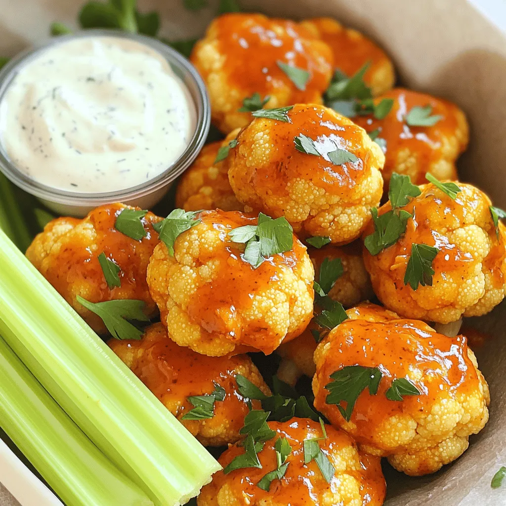 To make tasty Buffalo Cauliflower Bites, you need a few key ingredients: - 1 medium head of cauliflower, cut into bite-sized florets - 1 cup all-purpose flour - 1 cup water - 1 teaspoon garlic powder - 1 teaspoon onion powder - 1 teaspoon smoked paprika - 1/2 teaspoon salt - 1/2 teaspoon black pepper - 1 cup buffalo sauce (store-bought or homemade) - 2 tablespoons olive oil - Fresh parsley, chopped (for garnish) These ingredients work together to make crispy, flavorful bites that are perfect for snacking. You can add a few optional ingredients for more flavor: - 1 teaspoon cayenne pepper for heat - 1 teaspoon nutritional yeast for a cheesy taste - 1 tablespoon lemon juice for brightness - Your favorite herbs like thyme or oregano These extras can give your Buffalo Cauliflower Bites a unique twist and enhance their taste. Pair your Buffalo Cauliflower Bites with these delicious dipping sauces: - Vegan ranch dressing for a creamy contrast - Blue cheese dressing for classic flavor - Hummus for a healthy option - BBQ sauce for a sweet and tangy kick Using the right dipping sauce can make your snack even more enjoyable. For the full recipe, check out the detailed cooking instructions! Start with a medium head of cauliflower. Cut it into bite-sized florets. Make sure they are even in size. This helps them cook at the same rate. Rinse the florets in cold water. Pat them dry with a towel to remove excess moisture. Dry florets help the batter stick better. In a large bowl, combine 1 cup of flour, 1 cup of water, and spices. The spices include 1 teaspoon of garlic powder, 1 teaspoon of onion powder, 1 teaspoon of smoked paprika, 1/2 teaspoon of salt, and 1/2 teaspoon of black pepper. Whisk the mixture until it is smooth. The batter should be thick but pourable. This consistency allows the batter to coat the cauliflower well. Preheat your oven to 450°F (230°C) and line a baking sheet with parchment paper. Dip each cauliflower floret into the batter. Ensure it is fully coated. Place the coated florets on the baking sheet in a single layer. Bake for 20-25 minutes until they are golden and crispy. Flip them halfway to ensure even cooking. While the cauliflower bakes, mix 1 cup of buffalo sauce with 2 tablespoons of olive oil. Once the florets are done, toss them in the buffalo sauce mixture. Return them to the baking sheet and bake for an additional 10-15 minutes. This step caramelizes the sauce and adds flavor. Remove them from the oven and let them cool briefly. Garnish with chopped parsley before serving. Enjoy your Buffalo Cauliflower Bites! For the full recipe, check out the section above. To get your Buffalo Cauliflower Bites crispy, follow these tips: - Use a hot oven. Preheat it to 450°F (230°C). - Don’t crowd the pan. Place florets in a single layer. - Flip halfway through. This helps them cook evenly and stay crispy. - Bake twice. First, bake them plain, then toss them in sauce and bake again. Each step helps create a crunchy texture that you will love. If you want to change the heat, here’s how: - Use less sauce. Start with a smaller amount and add more later. - Mix in honey. Adding a bit of honey can balance the heat. - Add spices. Try cayenne pepper for more heat or smoked paprika for flavor. These tips allow you to find the right spice level for your taste. Buffalo Cauliflower Bites taste great with many sides: - Celery sticks provide a nice crunch. - Vegan ranch dressing cools the spice. - Carrot sticks add sweetness and color. - Chipotle sauce can add a smoky flavor. Feel free to mix and match these options for a fun meal. Enjoy these bites with your favorite sides for a great snack experience! {{image_2}} You can easily make these bites vegan. Just swap regular flour with chickpea flour. This adds protein and flavor. You can also use plant-based milk instead of water. This will keep the batter thick and tasty. The key is to ensure all the ingredients are vegan-friendly. For a gluten-free option, replace all-purpose flour with gluten-free flour. Many brands offer good blends for baking. Just make sure to check the labels for safety. This will give you the same crispy texture without gluten. Enjoy all the flavors without worry! Buffalo sauce is great, but you can mix it up. Try BBQ sauce for a sweet twist. Sweet chili sauce adds a nice kick and sweetness. You can also mix sauces! This lets you create a unique flavor every time. Experimenting with different sauces makes this snack fun and exciting. For more details, check the Full Recipe. To store your Buffalo Cauliflower Bites, let them cool first. Place them in an airtight container. You can keep them in the fridge for up to three days. Make sure to separate layers with parchment paper to avoid sticking. Reheat these bites in the oven for best results. Preheat your oven to 375°F (190°C). Spread the bites on a baking sheet in a single layer. Heat for about 10-15 minutes. This keeps them crispy and flavorful. You can also use an air fryer at 350°F (175°C) for about 5-7 minutes. You can freeze Buffalo Cauliflower Bites for later use. After baking, let them cool completely. Place them in a freezer-safe bag or container. They can last up to three months in the freezer. To cook from frozen, reheat in the oven at 375°F (190°C) for 15-20 minutes. This will help keep them crispy. For the full recipe, check out the complete instructions above. To add heat to your Buffalo Cauliflower Bites, try using extra hot buffalo sauce. You can also mix in cayenne pepper or crushed red pepper flakes into the batter. Start with a small amount and taste as you go. This way, you can find the perfect level of spice for your taste. If you want more flavor, add some hot sauce to the dipping sauce too. Yes, you can use frozen cauliflower. Just make sure to thaw it first. Pat the florets dry to remove excess moisture. This step helps the batter stick better and keeps the bites crispy. Cooking time may vary slightly, so check them as they bake. Buffalo Cauliflower Bites pair well with several side dishes. Here are some tasty options: - Celery sticks - Carrot sticks - Cucumber slices - A fresh salad - Sweet potato fries - Chips and guacamole These sides balance the heat and flavor of the bites. They also add freshness and crunch. For a complete meal, consider serving them with a light dip like vegan ranch dressing. For the full recipe, check out the ingredients and instructions above. Buffalo cauliflower bites turn simple ingredients into a tasty treat. We covered the best ingredients, step-by-step instructions, and tips for perfect crunch. You now have options for spice and sauces. Remember to store leftovers properly for later fun. Enjoy experimenting with flavors and pairings. These bites are a great addition to any meal or snack time. Have fun in your kitchen!