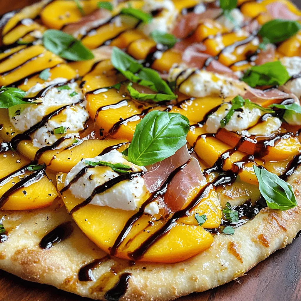 Creating a Peach Burrata Prosciutto Flatbread is simple and fun. Here’s what you need to make it: - Flatbread or pita bread - Ripe peaches - Burrata cheese - Prosciutto - Honey - Balsamic reduction - Fresh basil - Olive oil - Salt and pepper Each ingredient plays a key role. The flatbread serves as the base, crisp and warm. Juicy peaches add sweetness and color. Burrata cheese brings creaminess and richness. Prosciutto adds a salty bite that balances the flavors. Honey provides a touch of sweetness, while the balsamic reduction adds tang. Fresh basil gives a pop of freshness, and olive oil enhances the taste. Salt and pepper are essential for seasoning. Grab these ingredients, and you are ready to create a dish that impresses! For the full recipe, check the details provided. 1. Preheat the oven. Set it to 400°F (200°C). This step warms the oven for baking. 2. Prepare the flatbread. Place the flatbread on a baking sheet lined with parchment paper. This keeps it from sticking. 3. Arrange the toppings. Drizzle olive oil over the flatbread. Spread the sliced peaches evenly. Tear the burrata cheese and scatter it on top. Lay the prosciutto slices across the flatbread. Finish with salt and pepper to taste. 1. Bake the flatbread. Put the flatbread in the preheated oven. Bake for about 10-12 minutes. Look for crispy edges and slightly melted cheese. 2. Add garnishes. Once out of the oven, drizzle honey and balsamic reduction on top. This adds sweetness and tang. 1. Cut and serve. Use a sharp knife to slice the flatbread. Serve it warm for the best taste. Enjoy this Peach Burrata Prosciutto Flatbread with friends or family. For the complete recipe, check the Full Recipe section. Choosing the right flatbread is key. I prefer using large flatbreads for a sturdy base. You can also use pita bread if you want smaller pieces. Both options work well but ensure they are fresh and soft. When it comes to peaches, slicing them perfectly makes a big difference. Use a sharp knife and cut thin slices. This helps them lay nicely on the flatbread. Aim for even thickness so they cook well in the oven. Using flavored olive oil adds depth to your flatbread. Look for oils infused with herbs or citrus. Drizzle it over the flatbread before adding toppings. This little step makes a big impact on flavor. Choosing high-quality prosciutto is also essential. The best prosciutto has a rich taste and melts in your mouth. Look for thinly sliced options at your local deli. This will elevate your dish. Arranging the food nicely makes the dish more appealing. Start by laying the peaches in a fan shape. Then, place the burrata pieces evenly. Add prosciutto last so it stands out. Aim for a mix of colors for a vibrant look. Garnishing effectively adds the finishing touch. Use fresh basil leaves to bring freshness. Drizzle honey and balsamic reduction in a zigzag pattern. This not only tastes good but also looks beautiful on the table. {{image_2}} You can change up the fruits easily. Try using ripe figs or sweet pears instead of peaches. Both add a nice touch to your flatbread. You can also use apples for a crunchy bite. For cheese, if you want a twist, substitute burrata with goat cheese or creamy ricotta. Both cheeses will give a different flavor and texture. They can still melt nicely, adding creaminess to every bite. If you need gluten-free options, use gluten-free flatbreads or corn tortillas. They will hold the toppings well. Ensure that the other ingredients are also gluten-free. For vegan alternatives, skip the prosciutto and burrata. Use plant-based cheese or hummus instead. You can also add avocado slices for creaminess and flavor. This keeps your meal fresh and plant-based. Want more crunch? Add nuts like walnuts or pistachios. They add texture and flavor that pairs well with the fruit. Seeds like sunflower or pumpkin seeds also work great. You can switch up the meats too. Try adding smoked salmon for a unique taste. Or, use turkey or chicken for a lighter option. These small changes can make your flatbread feel new each time. For the full recipe, check out the details provided earlier. Enjoy making your Peach Burrata Prosciutto Flatbread just the way you like it! To store leftover Peach Burrata Prosciutto Flatbread, wrap it tightly in plastic wrap. You can also place it in an airtight container. Make sure it cools to room temperature first. This will help keep the flatbread soft. Store it in the fridge for up to three days. If you want to keep it longer, consider freezing it. When you're ready to enjoy leftovers, reheating is key. The best method is to use an oven. Preheat the oven to 350°F (175°C). Place the flatbread on a baking sheet. Heat for about 10 minutes. This will make the flatbread warm and crispy again. You can also use a skillet over medium heat. Just heat it for a few minutes on each side. Can you freeze the flatbread? Yes, you can! However, it’s best to freeze it before you add toppings. Wrap the plain flatbread in plastic wrap and then in foil. Store it in the freezer for up to three months. When you’re ready to eat, thaw it in the fridge overnight. Then, add your toppings and bake as per the Full Recipe. Enjoy your tasty flatbread at any time! Yes, you can make this flatbread ahead of time. Prepare the flatbread with toppings, but do not bake it. Cover it tightly with plastic wrap and store it in the fridge. When you're ready to enjoy it, just pop it in the oven. This keeps the flatbread fresh and ready for baking. You can pair this flatbread with many things. A light salad with arugula and lemon vinaigrette works well. A glass of crisp white wine can also enhance the flavors. For a sweet touch, serve it with a fresh fruit salad. These pairings balance the creamy burrata and salty prosciutto. The flatbread is done when the edges are crispy and golden. The burrata should be slightly melting but still hold its shape. Check for a light browning on the cheese and the flatbread's base. This usually takes about 10-12 minutes at 400°F (200°C). The best prosciutto is one that is high in quality. Look for prosciutto di Parma or prosciutto di San Daniele. These types have a sweet and rich flavor, which pairs beautifully with the peaches and burrata. Always choose thinly sliced prosciutto for the best texture and taste. For the full recipe, check out the recipe section. This Peach Burrata Prosciutto Flatbread is a tasty treat. You will need a few simple ingredients. Here’s what you will need: - 1 large flatbread or pita bread - 2 ripe peaches, thinly sliced - 1 cup burrata cheese, torn into pieces - 4 slices prosciutto - 2 tablespoons honey - 1 tablespoon balsamic reduction - Fresh basil leaves for garnish - Olive oil for drizzling - Salt and pepper to taste To make it, first preheat your oven to 400°F (200°C). Then, place the flatbread on a baking sheet. Drizzle some olive oil on top to coat it well. Next, put the sliced peaches on the flatbread. Leave some space between each slice. Now, tear the burrata cheese and spread it over the peaches. Lay the prosciutto on top in a nice pattern. Sprinkle a pinch of salt and pepper to add flavor. Bake this flatbread for 10 to 12 minutes. The edges should be crispy and the cheese slightly melted. After baking, drizzle honey and balsamic reduction over it. Finally, add fresh basil leaves for a pop of color and taste. Cut the flatbread into slices and serve warm. This Peach Burrata Prosciutto Flatbread is sure to impress! For the full recipe, check out the detailed instructions above. This blog post guides you through making Peach Burrata Prosciutto Flatbread. We covered the key ingredients, step-by-step instructions, and helpful tips for a delightful dish. You learned about flavor enhancements and presentation tricks to impress your guests. Don't forget the variations and storage tips. This flatbread is fun to make and customize. I hope you feel ready to create a tasty masterpiece. Enjoy your cooking journey!