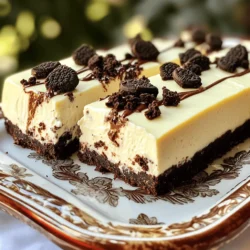 - 24 Oreo cookies, crushed - 5 tablespoons unsalted butter, melted - 16 oz cream cheese, softened - 1 cup powdered sugar - 1 teaspoon vanilla extract - 1 cup heavy whipping cream - 10 Oreo cookies, roughly chopped for garnish Gather these items before you start. The crushed Oreo cookies form the base of your dessert. Melt the butter and mix it with the cookies to create a tasty crust. The cream cheese gives the cheesecake its rich flavor. You will sweeten it with powdered sugar and add vanilla for extra taste. Next, whip the heavy cream until it forms peaks. This makes the cheesecake light and airy. Don't forget the chopped Oreos on top for a fun finish. These ingredients make this treat simple yet delicious. For the full recipe, check the section above. First, grab a medium bowl. Combine 24 crushed Oreo cookies with 5 tablespoons of melted butter. Mix them well until you have a crumbly blend. Next, take a 9x9-inch square baking pan. Press the mixture firmly into the bottom to form a crust. Use the back of a measuring cup or your fingers to pack it down evenly. In a large mixing bowl, beat 16 ounces of softened cream cheese using an electric mixer. Keep mixing until it’s smooth and creamy, which should take about 2 minutes. Gradually add 1 cup of powdered sugar while you continue to beat the mixture. Once blended, mix in 1 teaspoon of vanilla extract for flavor. Now, in another bowl, whip 1 cup of heavy cream until stiff peaks form. This step is crucial for a light texture. Gently fold the whipped cream into the cream cheese mixture until it’s fully combined. Pour the cheesecake filling over the crust you made earlier. Spread it evenly. Finally, cover the pan with plastic wrap and refrigerate for at least 4 hours or until it sets. For a delicious touch, sprinkle 10 roughly chopped Oreo cookies on top before chilling. Enjoy your No Bake Oreo Cheesecake Bars! For the complete recipe, check out the Full Recipe section. To get that creamy texture, start with softened cream cheese. It should be at room temperature. This makes it mix smoothly. If you skip this step, the filling can be lumpy. When whipping the cream, use a cold bowl. A cold bowl helps the cream whip faster and better. Whip it until you see stiff peaks. This means the cream holds its shape well. Here’s how to check for stiff peaks: - Lift the whisk out of the cream. - If the cream stands up without falling, you’ve got it! Gently fold the whipped cream into the cream cheese mix. This keeps the air in, making your bars light and fluffy. To make your bars look professional, use a nice platter. Arrange the bars neatly. You can drizzle chocolate sauce on top for a sweet touch. Add a dollop of whipped cream next to each bar. It adds height and makes it look fancy. For a finishing touch, sprinkle some crushed Oreo cookies on top. These small details make your dessert stand out. Everyone will think you spent hours in the kitchen. Check out the Full Recipe for more ways to impress your guests! {{image_2}} You can jazz up your No Bake Oreo Cheesecake Bars in fun ways. One easy way is by adding fruit toppings. Fresh strawberries, raspberries, or blueberries can add a nice touch. They bring color and a bit of tartness to balance the sweet cheesecake. You can also infuse different flavors into the cheesecake. For example, try adding a bit of mint extract for a refreshing twist. Or, mix in some coffee for a rich, mocha flavor. These small changes can make each batch unique and exciting. If you need gluten-free options, you can use gluten-free Oreos. They taste just as good and keep the same great texture. Your friends with dietary needs will love this! For those who prefer dairy-free treats, you can substitute the cream cheese with a dairy-free cream cheese. Coconut cream is another great option. It adds a lovely creaminess without the dairy. These adjustments let everyone enjoy the deliciousness of these bars. For the full recipe, check out the details above. To keep your No Bake Oreo Cheesecake Bars fresh, cover them well. Use plastic wrap or foil to seal the pan tight. This helps keep moisture in and prevents drying out. After covering, place the pan in the fridge. These bars last about 4 to 5 days in the fridge. Just be sure to cut them into squares before serving. This makes it easy to grab and enjoy. Can you freeze No Bake Oreo Cheesecake Bars? Yes, you can! Freezing is a great way to save extra bars for later. To freeze, wrap each bar in plastic wrap. Then, place them in a freezer-safe bag or container. You can freeze them for up to 3 months. When you are ready to enjoy the bars, take them out of the freezer. Place them in the fridge for a few hours to thaw. For a quicker option, leave them at room temperature for about 30 minutes. Once they are soft, serve and enjoy! No Bake Oreo Cheesecake Bars last about 5 days in the fridge. To keep them fresh, store them in an airtight container. Make sure to cover the bars well. This helps prevent them from drying out or absorbing other smells from the fridge. Yes, you can make these bars ahead of time. I suggest making them a day before you plan to serve them. This gives the bars time to set well in the fridge. If you want to make them even earlier, you can store them for up to 3 days before serving. If you need a substitute for cream cheese, you have options! You can use Greek yogurt for a lighter version. Silken tofu can work too, giving a smooth texture. Another option is mascarpone cheese, which is rich and creamy. Each of these substitutes brings a different taste, so choose one that fits your recipe best. In this post, we explored how to make No Bake Oreo Cheesecake Bars. We covered the main ingredients and step-by-step instructions. You learned tips for the perfect texture and ways to present your bars. We also discussed tasty variations to mix things up. Finally, I shared smart storage tips to keep your treats fresh. With these easy steps, you can impress anyone with your dessert skills. Enjoy making and sharing this delicious treat!