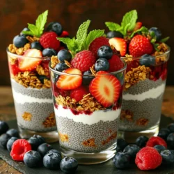 For a tasty berry chia pudding parfait, you need simple, healthy ingredients. Here’s what you will need: - 1 cup almond milk (or any milk of choice) - 1/4 cup chia seeds - 2 tablespoons maple syrup (or honey) - 1 teaspoon vanilla extract - 1 cup mixed berries (strawberries, blueberries, raspberries) - 1/2 cup granola - Fresh mint leaves for garnish These ingredients combine to create a creamy and fruity treat. The chia seeds soak up the almond milk, making a thick pudding. The maple syrup adds just the right sweetness. You can make this parfait your own by adding optional ingredients. Here are some ideas: - Yogurt for extra creaminess - Coconut flakes for a tropical twist - Nuts for crunch - Other fruits like bananas or peaches Feel free to mix and match. Your parfait can be as unique as you are. Berry chia pudding parfaits are not just delicious; they are also healthy. Here are some key points: - Chia seeds are high in fiber and omega-3 fatty acids. - Berries are packed with vitamins and antioxidants. - Almond milk is low in calories and dairy-free. This treat not only satisfies your sweet tooth but also fuels your body. Eating this parfait can help you feel good inside and out. For the full recipe, check out the instructions above. To make the chia pudding, start by mixing the almond milk, chia seeds, maple syrup, and vanilla extract in a bowl. Whisk it all together until it is smooth. Cover the bowl and place it in the fridge. Let it chill for at least four hours or overnight. This allows the chia seeds to soak up the milk and thicken. After chilling, stir the pudding well to break any clumps. Your chia pudding is now ready! Grab some clear serving glasses or bowls. Start by adding a layer of chia pudding to each glass. Then, add a handful of mixed berries on top. Next, sprinkle a layer of granola. Repeat the layers until you fill the glass. Finish with a bright layer of berries on top. This creates a beautiful and tasty treat. For a lovely touch, garnish each parfait with fresh mint leaves. This adds color and a fresh flavor. Serve the parfaits right away for the best taste. If you want, you can also serve them with a side of extra granola. It adds a nice crunch. For the full recipe, check the section above! To get the best texture for your berry chia pudding, use the right ratio of chia seeds and liquid. I recommend 1/4 cup of chia seeds to 1 cup of almond milk. This mix creates a thick, creamy pudding. Stir well right after mixing. After chilling, give it another stir to break up clumps. This step ensures smoothness in every bite. One common mistake is not letting the pudding sit long enough. Chia seeds need time to absorb liquid. I suggest at least four hours or overnight for the best results. Another mistake is using too much sweetener. Start with two tablespoons of maple syrup, then adjust if needed. Lastly, avoid using the wrong type of milk. Almond milk works well, but you can use any milk you like. To enhance the flavor, try adding spices like cinnamon or nutmeg to your pudding mix. You can also layer in yogurt for creaminess. For presentation, use clear glasses to show off the layers. Add fresh mint on top for a pop of color. You can also drizzle honey or maple syrup over the top to make it look even more inviting. For the full recipe, check out the instructions above. {{image_2}} You can switch almond milk for any milk you enjoy. Options include oat milk, coconut milk, or soy milk. Each type brings its own flavor and texture. If you want a creamier pudding, try full-fat coconut milk. If you prefer a lighter choice, go with oat milk. Maple syrup is great, but you can use other sweeteners too. Honey adds a nice touch, but you can also try agave syrup. If you want a no-calorie option, use stevia or monk fruit. Just remember, the sweetness level can change based on what you choose. Mixed berries are always a hit, but feel free to get creative! You can use strawberries, blueberries, or raspberries alone. Try blackberries for a deeper taste or even sliced peaches for a summer vibe. The more variety, the more fun your parfaits become! Each fruit adds unique flavors and colors, making your dish even more appealing. You can find the full recipe for Berry Chia Pudding Parfaits to explore these fun variations. To keep your chia pudding fresh, store it in airtight containers. This will prevent it from absorbing unwanted smells. Glass jars work well, as they are easy to clean and don’t stain. Always label your containers with the date. This way, you’ll know when you made it. Berry chia pudding can last in the fridge for about 5 days. After that, the texture may change, and it might not taste as fresh. If you notice any odd smells or colors, it’s best to toss it. You can freeze chia pudding for up to 3 months. Portion it into smaller containers or ice cube trays for easy thawing. When you’re ready to eat, move it to the fridge overnight. This will help it thaw slowly. Remember, the texture may change slightly after freezing, but the taste will still be great. Enjoy your berry chia pudding parfaits from the [Full Recipe] anytime! To make Berry Chia Pudding Parfaits vegan, swap the milk. Use almond milk or coconut milk instead of dairy milk. For sweetening, choose maple syrup instead of honey. This keeps your dessert plant-based and tasty. Yes, you can use frozen berries. They work well in the parfaits. Just thaw them before adding. This makes the berries softer and easier to layer. Frozen berries are also a great option when fresh ones aren't available. Serve chia pudding in clear glasses or jars. This shows off the pretty layers. You can use a spoon to scoop it out easily. Add fresh berries and granola on top for a nice crunch. You can prepare these parfaits a day ahead. Just layer the pudding, berries, and granola in jars. Store them in the fridge until you're ready to serve. This saves time and makes for a quick treat. Check the [Full Recipe] for more tips! Berry chia pudding parfaits are a fun and healthy treat. We covered the main ingredients, how to prepare them, and tips for a perfect texture. Customization allows you to fit your taste. Remember to store your parfaits well for freshness. Avoid common mistakes to enjoy them fully. You can make them vegan or use frozen berries if you like. Try all the variations to keep things interesting. Enjoy your healthy dessert!