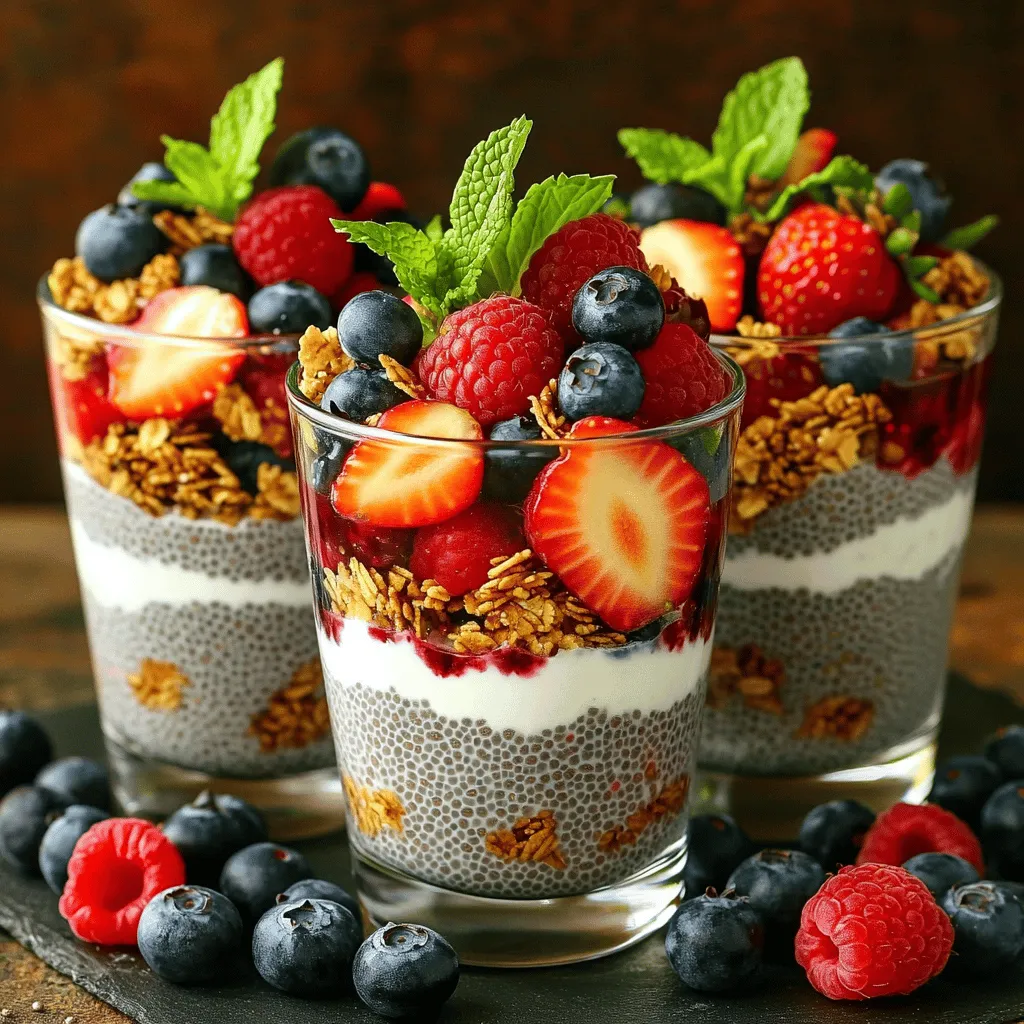 For a tasty berry chia pudding parfait, you need simple, healthy ingredients. Here’s what you will need: - 1 cup almond milk (or any milk of choice) - 1/4 cup chia seeds - 2 tablespoons maple syrup (or honey) - 1 teaspoon vanilla extract - 1 cup mixed berries (strawberries, blueberries, raspberries) - 1/2 cup granola - Fresh mint leaves for garnish These ingredients combine to create a creamy and fruity treat. The chia seeds soak up the almond milk, making a thick pudding. The maple syrup adds just the right sweetness. You can make this parfait your own by adding optional ingredients. Here are some ideas: - Yogurt for extra creaminess - Coconut flakes for a tropical twist - Nuts for crunch - Other fruits like bananas or peaches Feel free to mix and match. Your parfait can be as unique as you are. Berry chia pudding parfaits are not just delicious; they are also healthy. Here are some key points: - Chia seeds are high in fiber and omega-3 fatty acids. - Berries are packed with vitamins and antioxidants. - Almond milk is low in calories and dairy-free. This treat not only satisfies your sweet tooth but also fuels your body. Eating this parfait can help you feel good inside and out. For the full recipe, check out the instructions above. To make the chia pudding, start by mixing the almond milk, chia seeds, maple syrup, and vanilla extract in a bowl. Whisk it all together until it is smooth. Cover the bowl and place it in the fridge. Let it chill for at least four hours or overnight. This allows the chia seeds to soak up the milk and thicken. After chilling, stir the pudding well to break any clumps. Your chia pudding is now ready! Grab some clear serving glasses or bowls. Start by adding a layer of chia pudding to each glass. Then, add a handful of mixed berries on top. Next, sprinkle a layer of granola. Repeat the layers until you fill the glass. Finish with a bright layer of berries on top. This creates a beautiful and tasty treat. For a lovely touch, garnish each parfait with fresh mint leaves. This adds color and a fresh flavor. Serve the parfaits right away for the best taste. If you want, you can also serve them with a side of extra granola. It adds a nice crunch. For the full recipe, check the section above! To get the best texture for your berry chia pudding, use the right ratio of chia seeds and liquid. I recommend 1/4 cup of chia seeds to 1 cup of almond milk. This mix creates a thick, creamy pudding. Stir well right after mixing. After chilling, give it another stir to break up clumps. This step ensures smoothness in every bite. One common mistake is not letting the pudding sit long enough. Chia seeds need time to absorb liquid. I suggest at least four hours or overnight for the best results. Another mistake is using too much sweetener. Start with two tablespoons of maple syrup, then adjust if needed. Lastly, avoid using the wrong type of milk. Almond milk works well, but you can use any milk you like. To enhance the flavor, try adding spices like cinnamon or nutmeg to your pudding mix. You can also layer in yogurt for creaminess. For presentation, use clear glasses to show off the layers. Add fresh mint on top for a pop of color. You can also drizzle honey or maple syrup over the top to make it look even more inviting. For the full recipe, check out the instructions above. {{image_2}} You can switch almond milk for any milk you enjoy. Options include oat milk, coconut milk, or soy milk. Each type brings its own flavor and texture. If you want a creamier pudding, try full-fat coconut milk. If you prefer a lighter choice, go with oat milk. Maple syrup is great, but you can use other sweeteners too. Honey adds a nice touch, but you can also try agave syrup. If you want a no-calorie option, use stevia or monk fruit. Just remember, the sweetness level can change based on what you choose. Mixed berries are always a hit, but feel free to get creative! You can use strawberries, blueberries, or raspberries alone. Try blackberries for a deeper taste or even sliced peaches for a summer vibe. The more variety, the more fun your parfaits become! Each fruit adds unique flavors and colors, making your dish even more appealing. You can find the full recipe for Berry Chia Pudding Parfaits to explore these fun variations. To keep your chia pudding fresh, store it in airtight containers. This will prevent it from absorbing unwanted smells. Glass jars work well, as they are easy to clean and don’t stain. Always label your containers with the date. This way, you’ll know when you made it. Berry chia pudding can last in the fridge for about 5 days. After that, the texture may change, and it might not taste as fresh. If you notice any odd smells or colors, it’s best to toss it. You can freeze chia pudding for up to 3 months. Portion it into smaller containers or ice cube trays for easy thawing. When you’re ready to eat, move it to the fridge overnight. This will help it thaw slowly. Remember, the texture may change slightly after freezing, but the taste will still be great. Enjoy your berry chia pudding parfaits from the [Full Recipe] anytime! To make Berry Chia Pudding Parfaits vegan, swap the milk. Use almond milk or coconut milk instead of dairy milk. For sweetening, choose maple syrup instead of honey. This keeps your dessert plant-based and tasty. Yes, you can use frozen berries. They work well in the parfaits. Just thaw them before adding. This makes the berries softer and easier to layer. Frozen berries are also a great option when fresh ones aren't available. Serve chia pudding in clear glasses or jars. This shows off the pretty layers. You can use a spoon to scoop it out easily. Add fresh berries and granola on top for a nice crunch. You can prepare these parfaits a day ahead. Just layer the pudding, berries, and granola in jars. Store them in the fridge until you're ready to serve. This saves time and makes for a quick treat. Check the [Full Recipe] for more tips! Berry chia pudding parfaits are a fun and healthy treat. We covered the main ingredients, how to prepare them, and tips for a perfect texture. Customization allows you to fit your taste. Remember to store your parfaits well for freshness. Avoid common mistakes to enjoy them fully. You can make them vegan or use frozen berries if you like. Try all the variations to keep things interesting. Enjoy your healthy dessert!