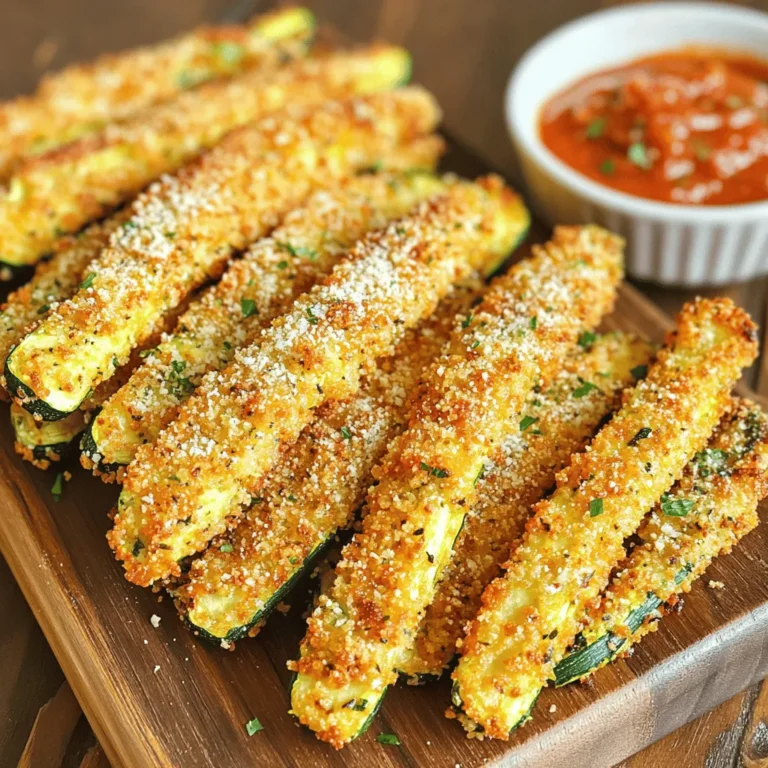 To make Air Fryer Parmesan Zucchini Fries, gather these simple ingredients. - Zucchini: Use 2 medium zucchinis. Cut them into fry shapes. Look for firm zucchinis with smooth skin. Avoid ones with soft spots. - Breadcrumbs: One cup of breadcrumbs is needed. I recommend panko breadcrumbs for extra crunch. They give a great texture. - Seasoning: You need a mix of flavors. Use 1/2 cup grated Parmesan cheese, 1 teaspoon garlic powder, 1 teaspoon Italian seasoning, and 1/2 teaspoon paprika. Add salt and pepper to taste for more flavor. - Additional Ingredients: You will also need 2 large eggs, beaten, for coating. A light spray of olive oil helps the fries crisp up nicely. These ingredients come together to make a tasty snack. For the full recipe, check the details provided. Preheating the air fryer First, you need to preheat your air fryer to 400°F (200°C). This step helps make the fries crispy. Preheating takes about 3 to 5 minutes. Dredging the zucchini fries Next, prepare your zucchini fries. Cut two medium zucchinis into fry shapes. Set up a dredging station. In one bowl, beat two large eggs. In another bowl, mix breadcrumbs, grated Parmesan cheese, garlic powder, Italian seasoning, paprika, salt, and pepper. Now, take each zucchini fry. Dip it into the beaten egg, letting the excess drip off. Then, coat it in the breadcrumb mixture. Press gently to help the crumbs stick. This process is key for a crunchy texture. Air frying time and temperature settings Place the coated zucchini fries into the air fryer basket in a single layer. Be careful not to overcrowd them. If your air fryer is small, you may need to work in batches. Lightly spray the tops with olive oil for even more crispiness. Cook the fries for 10 to 12 minutes. Flipping and checking for doneness Halfway through cooking, flip the zucchini fries to ensure they brown evenly. Check for doneness after 10 minutes. The fries should be golden brown and crispy. If they need more time, air fry them for a few more minutes. Enjoy these delicious fries fresh with your favorite dipping sauce! For the full recipe, refer to the details above. To get that perfect crispiness, I swear by using olive oil spray. A light mist helps the coating become golden and crunchy. It also adds a nice flavor without making the fries greasy. Spacing is key in the air fryer basket. Place the fries in a single layer, with space in between. This allows hot air to circulate well. If you crowd the basket, the fries will steam instead of crisp. For added flavor, try mixing in different seasonings. You can use cayenne for heat or lemon zest for brightness. Herbs like thyme or dill can also elevate the taste. Don't be shy to get creative. For dipping, marinara is a classic choice. Ranch dressing is another favorite; it pairs well with the cheesy flavor. You can also try a garlic aioli for something special. {{image_2}} You can make these fries even healthier. Swap regular breadcrumbs for almond flour or gluten-free breadcrumbs. This makes the recipe gluten-free. Almond flour adds a nutty taste and keeps the fries crispy. It’s a great option if you want to cut carbs. You still get the same crunch and flavor! Feel free to get creative with flavors. Try different cheeses like cheddar or mozzarella. Each cheese adds its own taste, making the fries unique. You can also spice things up! Add a pinch of cayenne pepper or chili flakes for heat. This gives you a kick that pairs well with the zucchini. Mixing flavors can turn a simple fry into a gourmet treat. Try to find your favorite combo and enjoy! For the full recipe, check out the Crispy Air Fryer Parmesan Zucchini Fries! To keep your Air Fryer Parmesan Zucchini Fries fresh, use an airtight container. Glass or plastic containers both work well. Ensure the fries are cool before sealing the lid. Store them in the fridge for up to three days. If you want to keep them longer, freezing is an option. Place the cooled fries in a freezer bag. Remove as much air as possible before sealing. They can last up to three months in the freezer. To regain that crispy texture, use the air fryer for reheating. Preheat it to 375°F (190°C). Place the fries in a single layer and heat for about 5-7 minutes. This keeps them crisp and tasty. You can also use an oven for reheating. Preheat it to 400°F (200°C) and bake for about 10 minutes. Check them halfway through to ensure they heat evenly. Enjoy your fries just like they were freshly made! For the full recipe, check out Crispy Air Fryer Parmesan Zucchini Fries. To make Air Fryer Parmesan Zucchini Fries, start by cutting two medium zucchinis into fry shapes. You will need breadcrumbs, grated Parmesan cheese, garlic powder, Italian seasoning, paprika, salt, pepper, and beaten eggs. Mix the breadcrumbs with the cheese and seasonings in a bowl. Dip each zucchini fry in the egg, then coat it with the breadcrumb mix. Preheat your air fryer to 400°F (200°C). Place the fries in the air fryer basket, spray with olive oil, and cook for 10-12 minutes. Flip halfway for even cooking. The fries should be golden and crispy. For the full recipe, check the section above. Yes, you can use other vegetables. Try eggplant, sweet potatoes, or carrots. Each will give a different taste and texture. Just remember to cut them into fry shapes. Cooking times may vary, so keep an eye on them while they air fry. You want them to be golden and tender. The zucchini fries are done when they turn golden brown and crispy. They should feel firm to the touch. If you want to be sure, you can use a fork to check if they are tender inside. Flipping them halfway through cooking ensures even crispiness. If they need more time, just air fry in 2-minute increments until perfect. In this article, we discussed how to make tasty air fryer zucchini fries. We covered the needed ingredients, preparation steps, and cooking instructions for perfect fries. I also shared tips for crispiness and flavor, as well as variations to try. Remember, choosing the right zucchini and keeping space in the air fryer matters. You can enjoy these fries fresh or store them well for later. Overall, air fryer zucchini fries are a fun and healthy snack option. Enjoy experimenting with different flavors!