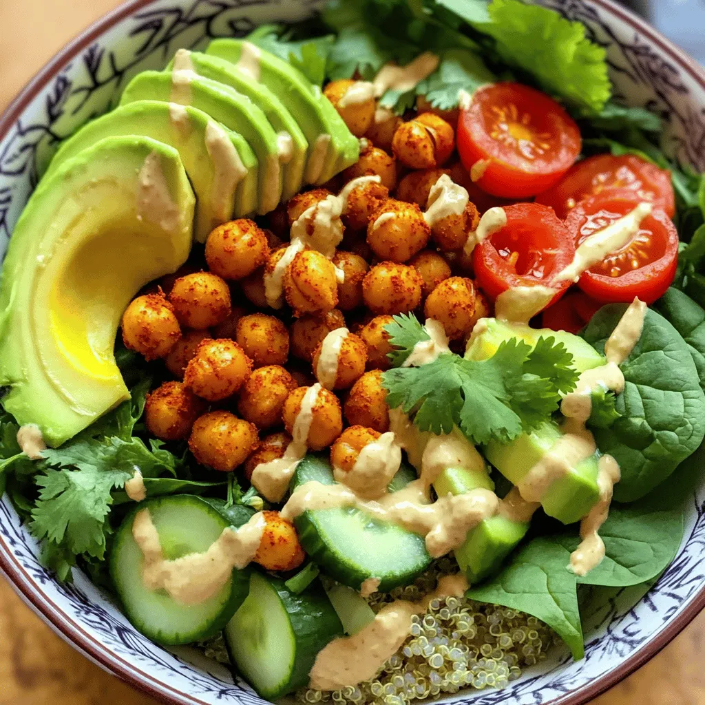 - 1 can (15 oz) chickpeas - 2 tablespoons olive oil - 1 teaspoon smoked paprika - 1/2 teaspoon cayenne pepper (adjust to taste) - 1 teaspoon garlic powder - Salt and pepper to taste - 1 cup quinoa, rinsed - 2 cups vegetable broth (or water) The base of your Spicy Chickpea Buddha Bowl is the chickpeas. They give protein and texture. Olive oil and spices add flavor and richness. Quinoa serves as a great grain. It’s light and fluffy, making the bowl hearty. Using vegetable broth instead of water enhances the quinoa's taste. - 1 cup cherry tomatoes, halved - 1 cucumber, diced - 1 avocado, sliced - 2 cups spinach or mixed greens Fresh vegetables make the bowl bright and healthy. Cherry tomatoes add sweetness, while cucumber brings crunch. Avocado offers a creamy element that balances the spices. Spinach or mixed greens provide nutrients and color. - 1/4 cup tahini - 2 tablespoons lemon juice - Water to thin tahini sauce - Fresh herbs (cilantro or parsley) for garnish The tahini sauce ties everything together. It adds a nutty flavor and creaminess. Lemon juice brightens the sauce and cuts through the richness. You can adjust the sauce thickness with water. Fresh herbs make the dish pop and add freshness. For the full recipe and details, check out the [Full Recipe]. Preheat the oven Start by preheating your oven to 400°F (200°C). This high heat helps the chickpeas become crispy. Spice the chickpeas In a mixing bowl, add one can of drained and rinsed chickpeas. Pour in two tablespoons of olive oil. Then, add one teaspoon of smoked paprika, half a teaspoon of cayenne pepper, one teaspoon of garlic powder, salt, and pepper to taste. Toss the chickpeas until they are well coated with the spices. Spread chickpeas on baking sheet Next, take a baking sheet and spread the seasoned chickpeas in a single layer. Make sure they have space between them for even cooking. Cook time and technique Roast the chickpeas for 25 to 30 minutes. Halfway through, shake the pan to ensure even cooking. You want them crispy and golden. Cooking instructions using broth While the chickpeas roast, add one cup of rinsed quinoa and two cups of vegetable broth to a saucepan. Bring it to a boil over medium heat. Tips for fluffiness Once it boils, reduce the heat to low. Cover the pot and let it simmer for about 15 minutes. This way, the quinoa absorbs the liquid and becomes fluffy. Fluff it with a fork when done. For the full recipe, you can check out the detailed instructions above. - How to store leftovers: Place leftover Buddha bowl components in airtight containers. Store the roasted chickpeas and veggies separately to keep them fresh. You can keep them in the fridge for up to three days. - Best practices for reheating: To reheat, warm the chickpeas in the oven or on the stove. This keeps them crispy. You can microwave the quinoa and veggies, but avoid overcooking. Heat them until warm, not hot. - Ingredient substitutions: You can swap chickpeas for black beans or lentils. Try brown rice or farro instead of quinoa for a different grain. - Adding protein options: For extra protein, add grilled chicken, tofu, or tempeh. Shrimp also works well, adding a nice contrast to the spices. - Serving suggestions: Serve your bowl in colorful dishes to make it pop. Layer the ingredients neatly for a beautiful look. - Enhancing visual appeal: Add sesame seeds or chopped nuts for crunch. Fresh herbs like cilantro or parsley add color and flavor. A lemon wedge on the side brightens the dish and adds freshness. {{image_2}} You can switch up your grain for this bowl. Quinoa is great, but rice or farro works too. Rice gives a softer texture. Farro adds a nutty taste. Both options fill you up nicely. If you need gluten-free, stick with rice or quinoa. They are naturally gluten-free and still delicious. The tahini sauce is a star, but yogurt is a tasty choice too. Mix plain yogurt with lemon and herbs for a creamy twist. If you like heat, try a hot sauce or fresh salsa. These add a zesty kick. Experiment with flavors to find what you love. Using seasonal veggies makes your Buddha bowl fresh and vibrant. In summer, add zucchini or bell peppers. In fall, try roasted sweet potatoes or Brussels sprouts. If you can't find a veggie, swap it with what you have. This bowl is flexible and can adapt to your pantry. Each serving of the Spicy Chickpea Buddha Bowl has around 500 calories. This bowl packs a balanced meal into one dish. The macronutrient distribution is roughly 15% protein, 45% carbohydrates, and 40% fats. This balance keeps you satisfied and full of energy. Chickpeas are a great plant-based protein source. One cup offers about 15 grams of protein. This helps your body build muscles and repair tissues. They are also high in fiber, which aids digestion and keeps you feeling full. Each serving provides essential nutrients like iron, magnesium, and vitamin B6. These nutrients help support overall health. You should consider the calories from added ingredients. The olive oil and tahini add healthy fats but also extra calories. If you want to lower calories, you can reduce the oil or tahini. For those with dietary needs, you can swap quinoa with rice for gluten-free options. This bowl is versatile and can fit many diets. Yes, you can prepare this bowl ahead of time. It makes meal prep easy and fun. - Tips for meal prep: Cook the chickpeas and quinoa in advance. Store them in separate containers. This keeps them fresh and tasty. - What components can be stored? You can store roasted chickpeas, cooked quinoa, and tahini sauce. Keep veggies fresh in the fridge until you are ready to eat. If you love heat, you can easily spice things up. Adjusting spice levels is simple. - Spice level adjustments: Add more cayenne pepper to the chickpeas. Start with a little and taste as you go. - Recommended spice additions: Try adding red pepper flakes or hot sauce for extra fire. You can also mix in some diced jalapeños for a fresh kick. This bowl is versatile. You can enjoy it with many tasty sides. - Side dish suggestions: Pair with a light salad or roasted veggies. A warm pita or flatbread also complements the meal well. - Complementary flavors: Squeeze some lemon juice on top for added brightness. Fresh herbs like cilantro or parsley also enhance the dish's flavor. Don't forget to check the Full Recipe for all the details needed to create your own Spicy Chickpea Buddha Bowl! This blog post walks you through making a delicious Buddha bowl. We covered key ingredients like chickpeas, quinoa, and fresh veggies. I shared how to roast chickpeas, cook quinoa perfectly, and create a tasty tahini sauce. You learned tips for storage and customization, plus ways to make your bowl visually appealing. Embrace the flexibility of this dish. Experiment with different grains, sauces, and seasonal veggies. Making adjustments keeps meals exciting and fresh. Enjoy nourishing your body while savoring flavors specific to your taste.