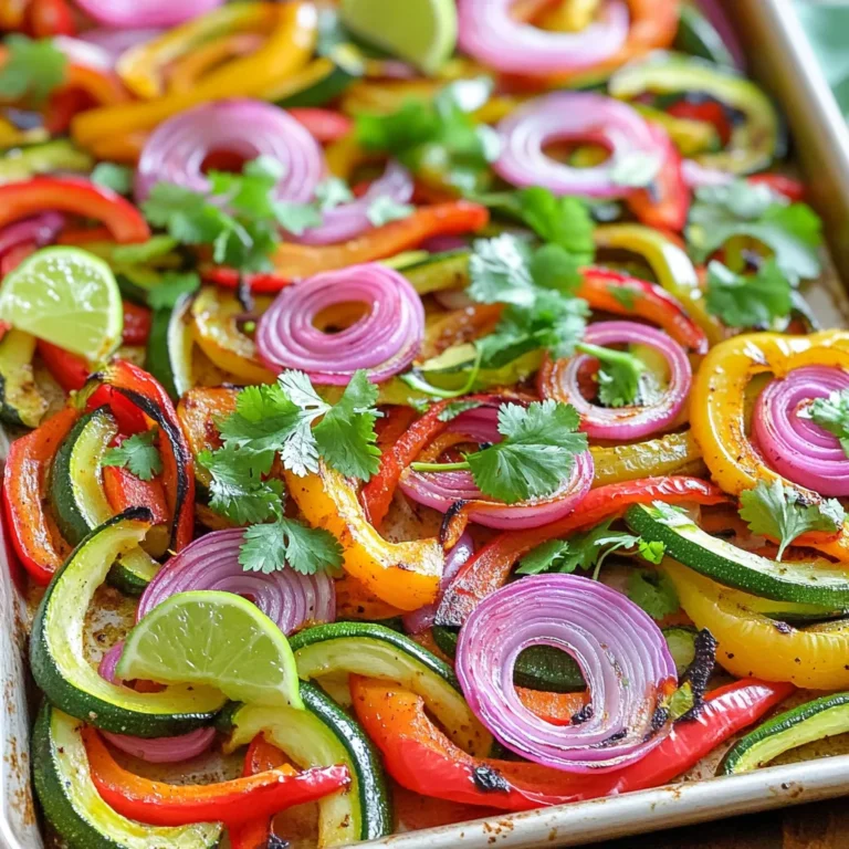 To make your sheet pan fajita vegetables, gather these items: - 1 red bell pepper, sliced - 1 green bell pepper, sliced - 1 yellow bell pepper, sliced - 1 large red onion, sliced - 2 cups zucchini, sliced into half-moons - 1 tablespoon olive oil - 2 teaspoons chili powder - 1 teaspoon cumin - 1 teaspoon garlic powder - 1 teaspoon onion powder - Salt and pepper to taste For a bit more flavor and color, try these garnishes: - Fresh cilantro, chopped - Lime wedges, for squeezing These fajita vegetables work well in many ways: - Serve them in warm tortillas for tasty fajitas. - Top a bowl of rice or quinoa with the veggies. - Pair them with grilled chicken or shrimp for a hearty meal. - Add them to salads for a fresh crunch. For the full recipe, check out the detailed instructions provided above. Enjoy cooking! Start by preheating your oven to 425°F (220°C). This high heat helps the veggies get tender and slightly charred. Next, grab a large bowl. Add the sliced red, green, and yellow bell peppers, red onion, and zucchini. Make sure the slices are even. This helps them cook at the same rate. Now it’s time to add flavor. Drizzle 1 tablespoon of olive oil over the veggies. Sprinkle on 2 teaspoons of chili powder, 1 teaspoon of cumin, 1 teaspoon of garlic powder, and 1 teaspoon of onion powder. Don’t forget to add salt and pepper to taste. Toss everything well. You want the vegetables to be evenly coated with the oil and spices. This step is key for taste! For the full recipe, check out the detailed instructions. After preparing the vegetables, it's time to spread them out. Grab your lined sheet pan. Lay the mixed veggies flat in a single layer. This helps them roast evenly. Avoid crowding the pan. If they are too close, they will steam instead of roast. A little space goes a long way! Now, pop the sheet pan into your preheated oven at 425°F (220°C). Roast for 20 to 25 minutes. Halfway through, stir the veggies to ensure they cook evenly. Look for a nice char on the edges. This adds great flavor. The goal is tender vegetables that are slightly crisp. To check if your fajita veggies are done, look for tenderness. Use a fork to pierce a piece. It should go through easily. You can also check for color. They should be bright and slightly charred. Once they look good, take them out. Let them cool for a few minutes before serving. Enjoy the vibrant flavors of your dish! For the full recipe, check out the cooking instructions above. {{image_2}} To get the best flavor from your fajita vegetables, first, use fresh produce. Fresh veggies taste better and have a nice crunch. Next, cut them into even pieces. This helps them cook evenly and get nice color. Don’t skip the spices! Chili powder and cumin add depth. Toss the veggies well with olive oil and spices to coat every piece. For a zesty kick, add lime juice before serving. You can check out the Full Recipe for more tips. One common mistake is overcrowding the pan. When vegetables are too close, they steam instead of roast. This keeps them from getting that lovely char. Also, don’t skip stirring halfway through cooking. This ensures even roasting. Lastly, keep an eye on the time. Overcooked veggies can become mushy and lose flavor. If you want a different method, try grilling your fajita veggies. Grilling gives them a smoky flavor that tastes amazing. You can also use a skillet on the stove. Heat a little oil in the skillet, then add the veggies. Stir them often until they are tender. Both methods give a great taste and are super easy! You can make your sheet pan fajita vegetables heartier by adding protein. Chicken, shrimp, or tofu work great. For chicken, use about 1 pound, cut into strips. Marinate it in the same spices as the veggies. If you prefer shrimp, 1 pound of large shrimp, peeled and deveined, adds a nice touch. For a plant-based option, try 1 block of firm tofu, pressed and cubed. Toss it with the veggies and spices for a complete meal. Experiment with spice blends to create your unique flavor. Try taco seasoning for a bold taste. You can also use smoked paprika for a smoky flavor. If you like heat, add cayenne pepper or red pepper flakes. For a fresh twist, use Italian seasoning or herbes de Provence. Change the spices based on your taste preferences or what you have in your pantry. Feel free to switch up the vegetables based on the season. Asparagus, carrots, or sweet potatoes can be great additions. In summer, add corn or cherry tomatoes for sweetness. In fall, consider butternut squash or Brussels sprouts. This flexibility lets you enjoy fajita vegetables all year round, keeping the dish fresh and exciting. For the full recipe, check the detailed instructions above. To keep your fajita veggies fresh, store them in an airtight container. Let them cool down before sealing. They will stay good in the fridge for up to four days. If you want to save them longer, freeze them. Use freezer bags or containers for freezing. Make sure to remove as much air as possible before sealing. When it's time to eat again, reheating is simple. You can use the oven or microwave. For the oven, preheat to 350°F (175°C). Spread the veggies on a baking sheet. Heat for about 10-15 minutes. Stir them halfway through to warm evenly. If using the microwave, place them in a bowl. Heat for about 1-2 minutes, checking often to avoid overcooking. These fajita veggies are great for meal prep. You can use them in many meals. Add them to tacos, burritos, or salads. You can even toss them with pasta or rice. Prepare a big batch for the week. This makes meal time quick and easy. Just reheat and enjoy! For the full recipe, check out the main section. To make Sheet Pan Fajita Vegetables vegan, simply skip any animal products. The recipe already uses fresh vegetables, which are great by themselves. Just focus on the bell peppers, onions, and zucchini. You can add more veggies like mushrooms or corn for extra flavor and texture. Yes, you can use frozen vegetables for this recipe. Just make sure to thaw and drain them first. Frozen veggies may not roast as evenly. They can release extra water, which may make the dish soggy. If you use frozen vegetables, cook them a few minutes longer to ensure they are tender. You can serve Sheet Pan Fajita Vegetables with many sides. Here are some ideas: - Warm tortillas for wraps - Rice or quinoa for a hearty meal - Beans for added protein - Fresh salsa or guacamole for dipping - A simple salad to balance the meal These sides will make your fajita dish even better. Try them out! For the full recipe, check out the earlier section. In this post, I shared a complete guide on making Sheet Pan Fajita Vegetables. We covered ingredients, instructions, and helpful tips. You learned how to achieve the best flavor and avoid mistakes. I also shared storage methods and ways to reheat your dish. Finally, explore variations to customize your meals and try different protein options. Enjoy creating this flavorful dish for yourself and your family. You’ll find endless ways to make it your own!