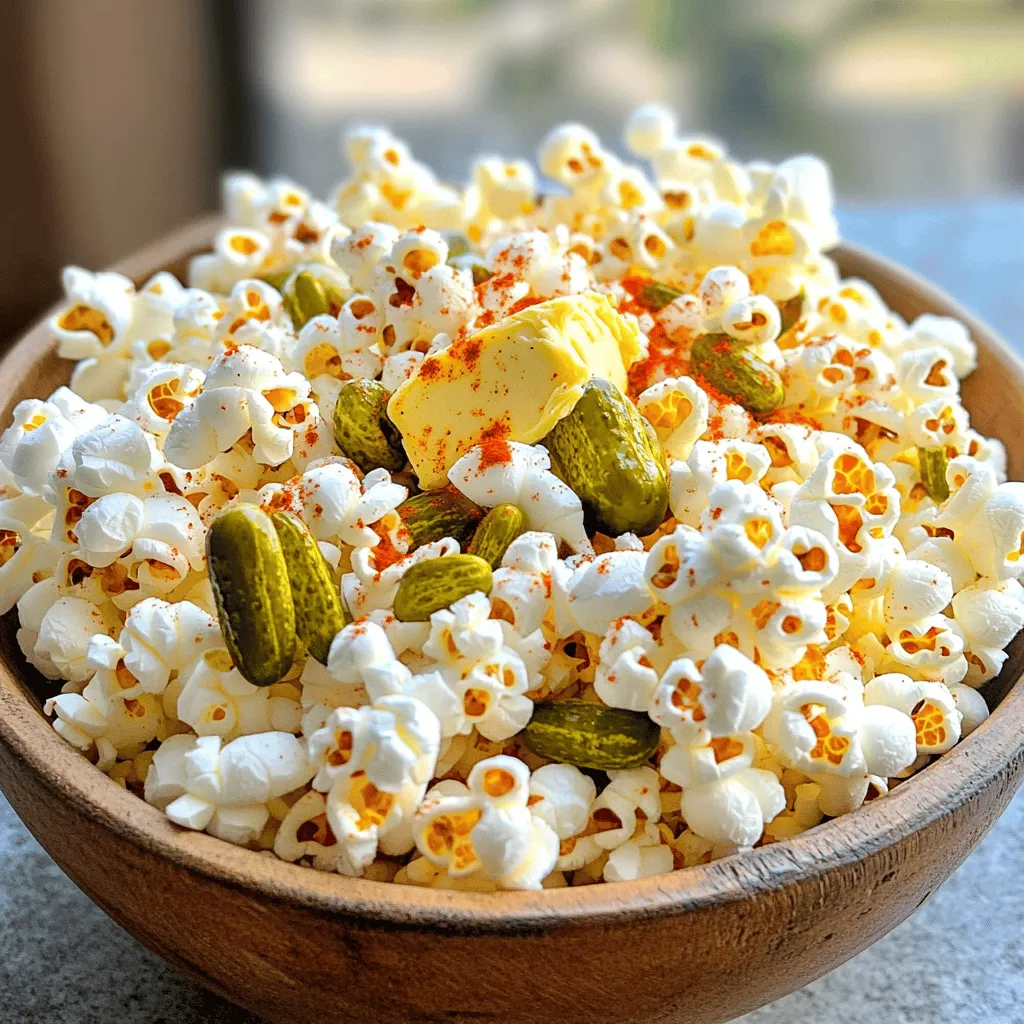 For this fun snack, you need simple ingredients. Here’s what to gather: - 1/2 cup popcorn kernels - 1/4 cup pickle juice - 2 tablespoons granulated sugar - 1 teaspoon smoked paprika - 1/2 teaspoon cayenne pepper (adjust to taste) - 1/4 cup melted butter - Salt to taste - 1/4 cup finely chopped dill pickles (for garnish) These ingredients create the bold flavor in Sweet Heat Pickle Popcorn. The combination of sugar and spices makes it sweet and spicy. You can easily swap some ingredients to fit your taste. If you want a sweeter taste, use more sugar. For less heat, cut the cayenne pepper. You can also try different pickles. Sweet pickles can give a different flavor. For a vegan option, substitute butter with oil or a dairy-free butter. Each serving of Sweet Heat Pickle Popcorn is about 1.5 cups. Here’s what you get in one serving: - Calories: 200 - Total Fat: 10g - Saturated Fat: 5g - Sodium: 300mg - Carbohydrates: 27g - Sugars: 5g - Protein: 3g This snack is tasty but should be eaten in moderation. You can enjoy the bright flavors without too much guilt! For the full recipe, check out the instructions above. To start, you need to pop the corn. Take a large pot and heat 2 tablespoons of melted butter over medium heat. Next, add 1/2 cup of popcorn kernels. Cover the pot with a lid, but don’t forget to shake it a bit. This helps the kernels pop evenly. Listen for the popping sounds; when they slow to 2-3 seconds apart, it’s time to remove the pot from heat. Now, let’s make the pickle-flavored butter. In a bowl, combine the remaining melted butter, 1/4 cup of pickle juice, 2 tablespoons of granulated sugar, 1 teaspoon of smoked paprika, and 1/2 teaspoon of cayenne pepper. If you like it spicy, feel free to add more cayenne. Add a pinch of salt, then whisk it all together until it’s well mixed. Once the corn is popped, transfer it to a large mixing bowl. Drizzle your pickle-flavored butter mixture over the popcorn. Toss the popcorn gently to coat it evenly with the butter. It should look shiny and delicious. Finally, gently fold in 1/4 cup of finely chopped dill pickles. This adds extra flavor and texture. You can now serve your Sweet Heat Pickle Popcorn! Enjoy the bold flavors as a fun snack. To get the best popcorn texture, start with fresh kernels. Old kernels may not pop well. Use a heavy pot to heat the oil evenly. This helps the popcorn pop fully. Shake the pot gently as it heats. This keeps the kernels moving and prevents burning. When popping slows down, remove the pot from heat. Let it sit for a minute to let any last pops finish. You can tweak the sweetness and heat to your liking. If you want it sweeter, add more sugar. Start with small amounts and taste as you go. For more heat, add extra cayenne pepper. Just remember, a little goes a long way. You can also try mixing in other spices like garlic powder or onion powder for a twist. Serving this popcorn is easy and fun. Transfer it to a big bowl for sharing. For a nice touch, sprinkle extra dill pickles on top. This makes it look pretty and adds crunch. Pair it with a cold drink to balance the heat. You can also serve it in small bags for a party. Enjoy it while watching your favorite movie or at a fun gathering. Check out the Full Recipe for more details! {{image_2}} You can play with seasonings to find your perfect taste. Try adding garlic powder for a savory kick. Cheese powder gives a rich, creamy flavor. For a zesty twist, squeeze a bit of lime juice over the popcorn. You can also use ranch seasoning for a tangy surprise. Mix and match to create your unique blend. Want to enhance your Sweet Heat Pickle Popcorn? Consider adding nuts or seeds, like sunflower seeds or chopped pecans. They add crunch and flavor. You can also try mixing in some crispy bacon bits for a savory touch. Diced jalapeños bring extra heat and flavor. These additions make your snack even more exciting. You can make this recipe vegan by swapping butter for coconut oil. Use a plant-based butter for a similar taste. For gluten-free options, check your seasonings and ensure they are gluten-free. Most spices are safe, but it's always best to double-check. Enjoy your Sweet Heat Pickle Popcorn without worries about dietary restrictions. For the full recipe, check the section above. To keep your Sweet Heat Pickle Popcorn tasty, store it right. Place leftover popcorn in an airtight container. This keeps out air and moisture. If you don’t have one, use a zip-top bag. Squeeze out the air before sealing it. Store it in a cool, dry place. Avoid heat and sunlight to keep it fresh longer. To maintain that perfect crunch, avoid adding more toppings. If you do, the popcorn can get soggy. You can also layer it with paper towels in your container. The towels will absorb any extra moisture. Remember, popcorn is best eaten within a few days. For the best taste, enjoy it fresh! If you need to reheat your popcorn, use the oven. Preheat it to 250°F (120°C). Spread the popcorn on a baking sheet. Heat for about 5-7 minutes. This will bring back some crunch. You can also microwave it. Use a microwave-safe bowl and cover it with a lid. Heat in short bursts, checking often. This will help avoid a chewy snack. For the full recipe, check out the details above. Enjoy your unique snack! Sweet Heat Pickle Popcorn is a fun snack that mixes popcorn with bold flavors. It combines the crunch of popcorn with the tangy taste of pickles. The sweet and spicy blend comes from pickle juice, sugar, and spices. This unique treat is perfect for movie nights or parties. You get a mix of sweet and heat in every bite! You can make Sweet Heat Pickle Popcorn ahead, but it’s best fresh. Popcorn can lose its crunch over time. If you must make it early, store it in an airtight container. This helps keep it from getting stale. Just remember, it tastes best when served right after making it! You can find ingredients for Sweet Heat Pickle Popcorn at most grocery stores. Look for popcorn kernels in the snack aisle. Pickle juice is often near pickles or condiments. Sugar, smoked paprika, and cayenne pepper are in the spice section. Dill pickles are easy to find in the canned vegetable aisle. All these ingredients let you create this tasty snack from the [Full Recipe]. Sweet Heat Pickle Popcorn blends unique flavors to create a tasty snack. We discussed key ingredients, substitutions, and nutritional info to help you choose wisely. Step-by-step, I showed you how to pop corn, make pickle-flavored butter, and combine them. I shared tips for texture and serving, plus fun variations to try. Store your leftovers right to keep them fresh. This fun snack is easy to make and enjoy. Try it out and discover your new favorite treat!