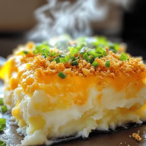 - 4 large russet potatoes, peeled and cubed - 1 cup sharp cheddar cheese, shredded - ½ cup cream cheese, softened - ½ cup sour cream - ½ cup milk - 3 tablespoons butter - 1 teaspoon garlic powder - 1 teaspoon onion powder - Salt and pepper to taste - ¼ cup green onions, chopped (for garnish) - ½ cup crispy breadcrumbs or crushed crackers (for topping) I love using russet potatoes for this dish because they mash so well. Their fluffy texture creates a creamy base. The sharp cheddar cheese adds a warm, rich flavor. Cream cheese and sour cream bring a nice tang that pairs perfectly with the cheddar. Garlic and onion powders are my go-to spices for a savory kick. Together, they add depth without overpowering the potato flavor. Don’t forget to season with salt and pepper to enhance the taste. For the topping, I recommend crispy breadcrumbs or crushed crackers. They add a delightful crunch that contrasts with the creamy potatoes. Green onions provide a fresh finish. They brighten up the dish and add a pop of color. If you want to make this dish even better, you can check out the Full Recipe for detailed instructions and tips. - Preheat the oven to 350°F (175°C). - Boil and cook the cubed potatoes until tender. - Drain and return potatoes to pot to dry. Start by peeling and cubing four large russet potatoes. This will give you a creamy base for your casserole. Put them in a big pot of salted water. Bring it to a boil and cook for about 15 to 20 minutes. You want them soft when you poke them with a fork. Once cooked, drain the potatoes well. Return them to the pot over low heat. This helps to dry them out a bit more. - Incorporate butter, cream cheese, sour cream, milk, and spices. - Mash until smooth and mix in cheddar cheese. Next, add three tablespoons of butter, half a cup of cream cheese, and half a cup of sour cream. Then, pour in half a cup of milk. Don’t forget to add one teaspoon of garlic powder, one teaspoon of onion powder, and salt and pepper to taste. Mash everything together until it becomes smooth and creamy. Finally, stir in one cup of shredded sharp cheddar cheese. Save a little bit of cheese for the top later. - Transfer potato mixture to a greased casserole dish and top with cheese and breadcrumbs. - Bake until golden and bubbly. Now, take your creamy potato mix and spread it into a greased 9x13-inch casserole dish. Make sure it is even. Sprinkle the reserved cheddar cheese on top. Then, add half a cup of crispy breadcrumbs or crushed crackers for a crunchy finish. Bake in the preheated oven for about 25 to 30 minutes. Look for a golden and bubbly top. When done, let it cool for a few minutes. Garnish with chopped green onions for a fresh touch. If you want the full recipe, check out the details above. Enjoy your delicious Cheddar Mashed Potato Casserole! To get the best texture, use a potato masher. This tool helps make the potatoes creamy and smooth. After boiling, drain the potatoes and let them sit in the pot for a few minutes. This step removes extra moisture, which ensures your casserole isn’t watery. Garnish your Cheddar Mashed Potato Casserole with chopped green onions. This adds a nice pop of color and a fresh taste. For sides, pair it with roasted veggies or a crisp salad. These options balance the richness of the casserole. To boost the flavor, try adding spices like paprika or smoked paprika. These spices add warmth and depth. You can also mix in different cheeses. Monterey Jack or even a bit of blue cheese can give your dish a unique twist. {{image_2}} You can make this dish lighter without losing flavor. Here are simple swaps: - Use low-fat cream cheese and sour cream. - Try dairy-free alternatives for a vegan option. - Add veggies like broccoli or spinach for a healthy boost. These changes keep the dish tasty while adding nutrition. Want to mix things up? Here are some ideas: - Swap in Monterey Jack or Gouda for a different cheese. - Add crispy bacon bits for a savory crunch. - Fresh herbs like rosemary or thyme can brighten up the flavor. Experimenting lets you find your perfect taste. You can prepare this casserole in various ways: - Use an Instant Pot for a quick meal. - Cook it in a slow cooker for easy prep. Both methods give tasty results, saving you time and effort. To store leftovers in the fridge, place them in an airtight container. Make sure the casserole cools down before sealing it. This helps keep it fresh. Cheddar mashed potato casserole lasts about three to five days in the fridge. For the best taste, eat it within this time frame. You can freeze cheddar mashed potato casserole if you want to save some for later. First, let the casserole cool completely. Then, cut it into portions and wrap each piece tightly in plastic wrap. Place the wrapped portions in a freezer-safe bag. This method helps to keep the flavor and texture. It can last for up to three months in the freezer. When you’re ready to eat it, let it thaw overnight in the fridge. For reheating, you have two main options: the oven or the microwave. The oven gives a better texture. Preheat it to 350°F and warm the casserole for about 20 minutes. Cover it with foil to keep it moist. The microwave is quicker but can make the texture uneven. Heat it for a few minutes, checking to see if it’s warm all the way through. Both methods work, so pick what suits you best! Yes, you can prepare it in advance. Make the casserole, then cover it tightly. Store it in the fridge for up to two days. When ready, just bake it as directed. If freezing, wrap it well and store for up to three months. Remember to thaw it in the fridge overnight before baking. You have options for cream cheese. Try using Greek yogurt for a tangy touch. Cottage cheese blended until smooth also works well. Sour cream can replace it, but it alters the taste slightly. Always choose what fits your taste best. Look for a golden, bubbly top. The edges should be slightly crispy. If a knife or fork inserted in the center comes out clean, it’s ready. The dish should be hot all the way through, so give it a good check. Adding meat is a great idea! Cooked bacon, shredded chicken, or ground beef can enhance the dish. Just mix it in before baking. Keep the flavors in mind; meats can add saltiness, so adjust seasoning if needed. To make it gluten-free, swap the breadcrumbs for crushed gluten-free crackers. Check the cream cheese and sour cream labels to ensure they are gluten-free. Other than that, the recipe stays the same, and you still get that creamy goodness. For the full recipe, check the details above. This blog post shared a simple, tasty recipe for Cheddar Mashed Potato Casserole. We covered essential ingredients and steps to make it just right. You’ll elevate the dish using tips for texture and flavor. Variations let you customize it to suit your taste. Don’t forget how to store leftovers for later enjoyment. This casserole is easy to prepare and always a hit. Now, grab your ingredients and start cooking! Enjoy the comfort of this dish that brings smiles to your table.
