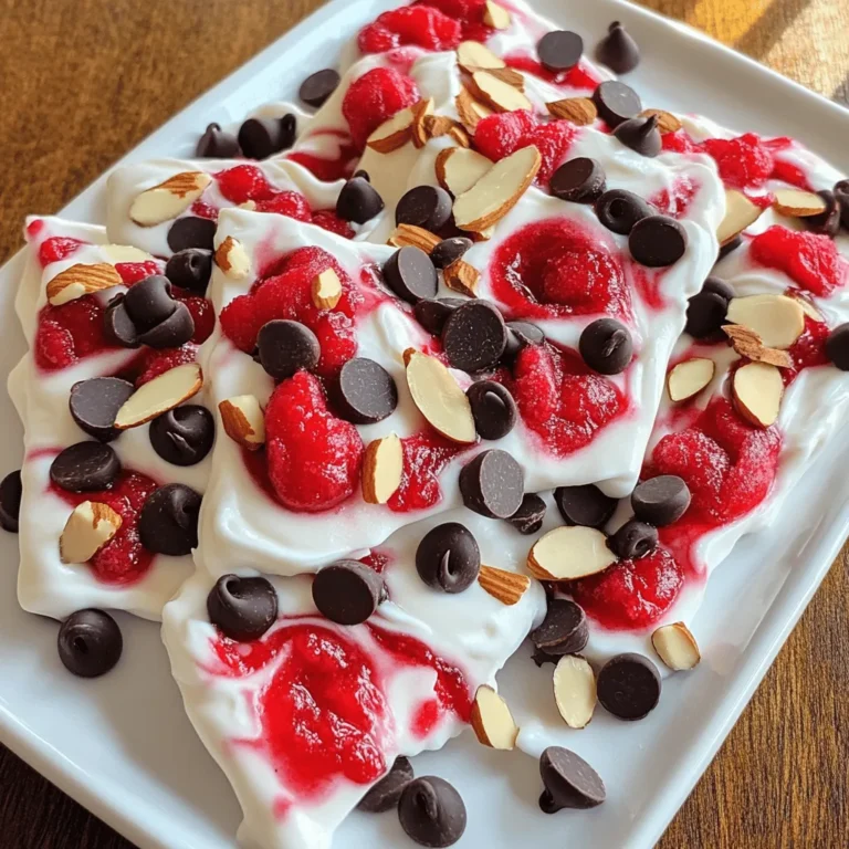 To make Cherry Swirl Frozen Yogurt Bark, you will need: - 2 cups plain Greek yogurt - 1/4 cup honey or maple syrup - 1 teaspoon vanilla extract - 1 cup fresh or frozen cherries, pitted and halved - 1/4 cup dark chocolate chips (optional) - 1/4 cup sliced almonds (optional) These ingredients come together to create a tasty and healthy treat. If you want to swap some ingredients, here’s how: - Greek yogurt: Use regular yogurt or dairy-free yogurt for a vegan option. - Honey or maple syrup: Agave nectar can work well too. - Cherries: Try other berries like strawberries or blueberries for different flavors. - Dark chocolate chips: Use milk chocolate or skip them for a lighter version. - Sliced almonds: Chopped walnuts or pecans can add a nice crunch. These swaps keep the recipe fun and flexible. This frozen yogurt bark is not just sweet; it’s good for you too! - Greek yogurt: It packs protein and calcium. This helps build strong bones and muscles. - Cherries: They are rich in vitamins and antioxidants. These help reduce inflammation and boost health. - Honey: It adds natural sweetness. Honey can provide quick energy and is full of nutrients. Using these key ingredients gives you a delicious treat while keeping it healthy. For the full recipe, check out the details above! To start, gather your ingredients. You will need: - 2 cups plain Greek yogurt - 1/4 cup honey or maple syrup - 1 teaspoon vanilla extract - 1 cup fresh or frozen cherries, pitted and halved - 1/4 cup dark chocolate chips (optional) - 1/4 cup sliced almonds (optional) First, mix the Greek yogurt, honey, and vanilla in a medium bowl. Stir until the mix is smooth. Next, line a baking sheet with parchment paper. Leave some edges hanging for easy removal later. Spread the yogurt mix on the sheet. Make it about 1/4 inch thick. Now, take the cherries and mash them lightly in a small bowl. Drizzle these cherries over the yogurt mix. Use a knife or toothpick to swirl the cherries into the yogurt. This creates a pretty marbled look. If you want, sprinkle dark chocolate chips and sliced almonds on top for extra flavor. Place the baking sheet in the freezer. Freeze it for at least 4 to 6 hours. You want the yogurt bark to be completely firm. After freezing, lift the bark from the parchment paper. Break it into pieces. This is super easy and fun! To serve, arrange the yogurt bark pieces on a platter. For a nice touch, add extra cherry halves and a sprinkle of almonds on top. This makes your treat look even more delicious. Enjoy this refreshing snack or dessert any time! For the full recipe, check out the details above. To get a great swirl, first mash the cherries lightly. This helps release their juice. Then drizzle the mashed cherries over the yogurt layer. Use a knife or toothpick to swirl them in. Don’t overdo it! You want to see both the yogurt and the cherry. A light touch creates a beautiful marbled design. Feel free to mix in other fruits. Strawberries, blueberries, or peaches work well. You can also switch up the yogurt. Try vanilla or coconut yogurt for a twist. Add a splash of almond extract for a nutty flavor. For a fun crunch, include granola or different nuts. The options are endless! Use a medium-sized bowl for mixing the yogurt. A baking sheet lined with parchment paper is key for easy removal. I suggest a spatula to spread the yogurt evenly. A fork is perfect for mashing the cherries. Finally, keep a sharp knife handy for swirling. These simple tools make the process smooth and fun. For the complete recipe, check out the Full Recipe. {{image_2}} You can change the fruit in this yogurt bark. Try mixed berries, bananas, or peaches. Each fruit brings a unique taste. Fresh fruits work best, but frozen ones are fine too. Just make sure to thaw and drain them first. This way, your yogurt bark won’t get too watery. If you love chocolate, add cocoa powder to the yogurt mix. This gives a rich, tasty twist. You can also swirl in peanut butter or almond butter for a nutty flavor. Adding nuts like walnuts or pecans gives a nice crunch. Just sprinkle them on top for added texture. To make this bark dairy-free, use coconut yogurt or almond yogurt. These options taste great and are creamy too. Instead of honey, you can use agave syrup or maple syrup to keep it vegan. This makes the dessert friendly for many diets. Enjoy your creative spins on this easy treat! To keep your Cherry Swirl Frozen Yogurt Bark fresh, wrap it well. Use plastic wrap or foil to cover it tightly. You can also store it in an airtight container. This keeps out air and helps avoid freezer burn. If you use parchment paper, store it in a way that the pieces don't stick together. If stored correctly, your yogurt bark will last up to two months in the freezer. However, for the best taste and texture, enjoy it within the first month. After that, it may lose some of its flavor and creamy feel. When you want to eat your frozen yogurt bark, remove it from the freezer. Let it sit at room temperature for about 5 to 10 minutes. This makes it easier to break into pieces. You can also cut it while it's still a bit frozen for neat edges. Enjoy your cool treat right after it thaws! To make Cherry Swirl Frozen Yogurt Bark, start by mixing 2 cups of plain Greek yogurt with 1/4 cup of honey or maple syrup and 1 teaspoon of vanilla extract in a bowl. Line a baking sheet with parchment paper, leaving some overhang. Spread the yogurt mixture evenly on the sheet, about 1/4 inch thick. Next, lightly mash 1 cup of cherries and drizzle them over the yogurt. Use a knife or toothpick to create a swirl pattern. For extra crunch, add dark chocolate chips and sliced almonds. Freeze for 4-6 hours until firm. Finally, break it into pieces and enjoy! Yes, you can use other types of yogurt. Greek yogurt gives a thick texture, but regular yogurt works too. If you want dairy-free options, try coconut or almond yogurt. These alternatives still offer great taste but may change the texture a bit. Experimenting can lead to fun flavors, so feel free to try what you like best! Cherry Swirl Frozen Yogurt Bark can be a healthy treat. Greek yogurt is rich in protein and calcium. Cherries provide vitamins and antioxidants. Using honey or maple syrup adds natural sweetness without refined sugars. If you choose to add nuts or dark chocolate, they bring healthy fats and minerals. Overall, this dessert is a delicious way to enjoy nutrients while satisfying your sweet tooth. This blog post covered how to make delicious Cherry Swirl Frozen Yogurt Bark. We explored ingredients, step-by-step instructions, and helpful tips for the best results. I shared variations to suit different tastes and how to store your treat properly. In conclusion, you can easily customize this dessert to fit your needs. Enjoy experimenting with flavors to create your own unique bark!