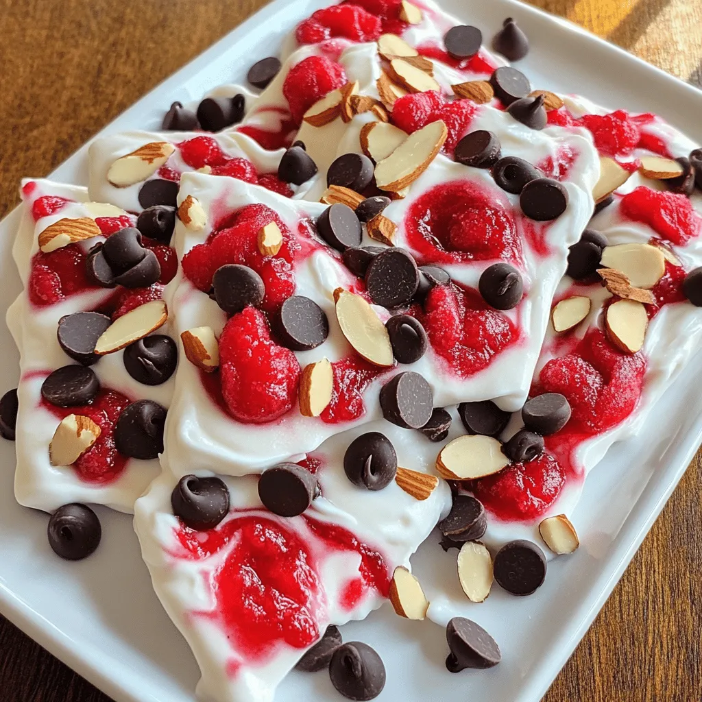 To make Cherry Swirl Frozen Yogurt Bark, you will need: - 2 cups plain Greek yogurt - 1/4 cup honey or maple syrup - 1 teaspoon vanilla extract - 1 cup fresh or frozen cherries, pitted and halved - 1/4 cup dark chocolate chips (optional) - 1/4 cup sliced almonds (optional) These ingredients come together to create a tasty and healthy treat. If you want to swap some ingredients, here’s how: - Greek yogurt: Use regular yogurt or dairy-free yogurt for a vegan option. - Honey or maple syrup: Agave nectar can work well too. - Cherries: Try other berries like strawberries or blueberries for different flavors. - Dark chocolate chips: Use milk chocolate or skip them for a lighter version. - Sliced almonds: Chopped walnuts or pecans can add a nice crunch. These swaps keep the recipe fun and flexible. This frozen yogurt bark is not just sweet; it’s good for you too! - Greek yogurt: It packs protein and calcium. This helps build strong bones and muscles. - Cherries: They are rich in vitamins and antioxidants. These help reduce inflammation and boost health. - Honey: It adds natural sweetness. Honey can provide quick energy and is full of nutrients. Using these key ingredients gives you a delicious treat while keeping it healthy. For the full recipe, check out the details above! To start, gather your ingredients. You will need: - 2 cups plain Greek yogurt - 1/4 cup honey or maple syrup - 1 teaspoon vanilla extract - 1 cup fresh or frozen cherries, pitted and halved - 1/4 cup dark chocolate chips (optional) - 1/4 cup sliced almonds (optional) First, mix the Greek yogurt, honey, and vanilla in a medium bowl. Stir until the mix is smooth. Next, line a baking sheet with parchment paper. Leave some edges hanging for easy removal later. Spread the yogurt mix on the sheet. Make it about 1/4 inch thick. Now, take the cherries and mash them lightly in a small bowl. Drizzle these cherries over the yogurt mix. Use a knife or toothpick to swirl the cherries into the yogurt. This creates a pretty marbled look. If you want, sprinkle dark chocolate chips and sliced almonds on top for extra flavor. Place the baking sheet in the freezer. Freeze it for at least 4 to 6 hours. You want the yogurt bark to be completely firm. After freezing, lift the bark from the parchment paper. Break it into pieces. This is super easy and fun! To serve, arrange the yogurt bark pieces on a platter. For a nice touch, add extra cherry halves and a sprinkle of almonds on top. This makes your treat look even more delicious. Enjoy this refreshing snack or dessert any time! For the full recipe, check out the details above. To get a great swirl, first mash the cherries lightly. This helps release their juice. Then drizzle the mashed cherries over the yogurt layer. Use a knife or toothpick to swirl them in. Don’t overdo it! You want to see both the yogurt and the cherry. A light touch creates a beautiful marbled design. Feel free to mix in other fruits. Strawberries, blueberries, or peaches work well. You can also switch up the yogurt. Try vanilla or coconut yogurt for a twist. Add a splash of almond extract for a nutty flavor. For a fun crunch, include granola or different nuts. The options are endless! Use a medium-sized bowl for mixing the yogurt. A baking sheet lined with parchment paper is key for easy removal. I suggest a spatula to spread the yogurt evenly. A fork is perfect for mashing the cherries. Finally, keep a sharp knife handy for swirling. These simple tools make the process smooth and fun. For the complete recipe, check out the Full Recipe. {{image_2}} You can change the fruit in this yogurt bark. Try mixed berries, bananas, or peaches. Each fruit brings a unique taste. Fresh fruits work best, but frozen ones are fine too. Just make sure to thaw and drain them first. This way, your yogurt bark won’t get too watery. If you love chocolate, add cocoa powder to the yogurt mix. This gives a rich, tasty twist. You can also swirl in peanut butter or almond butter for a nutty flavor. Adding nuts like walnuts or pecans gives a nice crunch. Just sprinkle them on top for added texture. To make this bark dairy-free, use coconut yogurt or almond yogurt. These options taste great and are creamy too. Instead of honey, you can use agave syrup or maple syrup to keep it vegan. This makes the dessert friendly for many diets. Enjoy your creative spins on this easy treat! To keep your Cherry Swirl Frozen Yogurt Bark fresh, wrap it well. Use plastic wrap or foil to cover it tightly. You can also store it in an airtight container. This keeps out air and helps avoid freezer burn. If you use parchment paper, store it in a way that the pieces don't stick together. If stored correctly, your yogurt bark will last up to two months in the freezer. However, for the best taste and texture, enjoy it within the first month. After that, it may lose some of its flavor and creamy feel. When you want to eat your frozen yogurt bark, remove it from the freezer. Let it sit at room temperature for about 5 to 10 minutes. This makes it easier to break into pieces. You can also cut it while it's still a bit frozen for neat edges. Enjoy your cool treat right after it thaws! To make Cherry Swirl Frozen Yogurt Bark, start by mixing 2 cups of plain Greek yogurt with 1/4 cup of honey or maple syrup and 1 teaspoon of vanilla extract in a bowl. Line a baking sheet with parchment paper, leaving some overhang. Spread the yogurt mixture evenly on the sheet, about 1/4 inch thick. Next, lightly mash 1 cup of cherries and drizzle them over the yogurt. Use a knife or toothpick to create a swirl pattern. For extra crunch, add dark chocolate chips and sliced almonds. Freeze for 4-6 hours until firm. Finally, break it into pieces and enjoy! Yes, you can use other types of yogurt. Greek yogurt gives a thick texture, but regular yogurt works too. If you want dairy-free options, try coconut or almond yogurt. These alternatives still offer great taste but may change the texture a bit. Experimenting can lead to fun flavors, so feel free to try what you like best! Cherry Swirl Frozen Yogurt Bark can be a healthy treat. Greek yogurt is rich in protein and calcium. Cherries provide vitamins and antioxidants. Using honey or maple syrup adds natural sweetness without refined sugars. If you choose to add nuts or dark chocolate, they bring healthy fats and minerals. Overall, this dessert is a delicious way to enjoy nutrients while satisfying your sweet tooth. This blog post covered how to make delicious Cherry Swirl Frozen Yogurt Bark. We explored ingredients, step-by-step instructions, and helpful tips for the best results. I shared variations to suit different tastes and how to store your treat properly. In conclusion, you can easily customize this dessert to fit your needs. Enjoy experimenting with flavors to create your own unique bark!