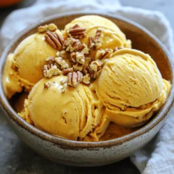 To make pumpkin spice ice cream, you need the following main ingredients: - 2 cups heavy cream - 1 cup whole milk - 1 cup pumpkin puree - 3/4 cup granulated sugar These ingredients form the base of the ice cream. Heavy cream gives it richness, while whole milk adds creaminess. Pumpkin puree provides the warm flavor of fall. The sugar balances the taste and adds sweetness. Next, let’s add the spices that make this ice cream special: - 1 tablespoon vanilla extract - 1 teaspoon ground cinnamon - 1/2 teaspoon ground ginger - 1/4 teaspoon ground nutmeg - 1/4 teaspoon ground cloves These spices bring out the pumpkin flavor. Cinnamon gives warmth, while ginger adds a little kick. Nutmeg and cloves deepen the flavor profile. Don’t forget the vanilla; it enhances all the other flavors too. For added texture and flavor, consider these optional ingredients: - 1/2 cup chopped pecans - Toppings like caramel sauce Chopped pecans add crunch to each bite. Caramel sauce can make your ice cream extra special when drizzled on top. Feel free to get creative with your toppings! For the full recipe, you can refer to the recipe section above. Enjoy making this delightful fall treat! Start by grabbing a large mixing bowl. Combine 2 cups of heavy cream and 1 cup of whole milk. Stir them well until they blend smoothly. Next, add 1 cup of pumpkin puree to the cream mixture. Follow this with 3/4 cup of granulated sugar. Whisk everything together until the sugar dissolves completely. This step is key for a sweet and creamy base. Now it’s time to add the flavors that make this ice cream special. Stir in 1 tablespoon of vanilla extract. Then, add your spices: 1 teaspoon of ground cinnamon, 1/2 teaspoon of ground ginger, 1/4 teaspoon of ground nutmeg, and 1/4 teaspoon of ground cloves. Mix until everything is well combined. If you want a crunchy twist, fold in 1/2 cup of chopped pecans. Cover the bowl tightly with plastic wrap. Place it in the fridge for at least 2 hours. Chilling the mixture helps the flavors meld together. After chilling, it’s time to churn! Pour the mixture into your ice cream maker. Follow the manufacturer's instructions. Churn until it reaches a soft-serve consistency. This usually takes about 20-25 minutes. Once finished, transfer the ice cream to an airtight container. Freeze it for an additional 2 to 4 hours. This step ensures your ice cream is firm and ready to scoop. Before serving, let it sit at room temperature for 5 to 10 minutes. This softens it slightly for easier scooping. Enjoy your delightful pumpkin spice ice cream! If you want to see the full recipe, check it out for all the details. To get the creamiest pumpkin spice ice cream, chill your mixture well. This step makes a big difference. Once you mix your ingredients, cover the bowl and place it in the fridge for at least two hours. The colder the base gets, the smoother your ice cream will be. When using an ice cream maker, pay attention to the instructions. Each machine works a bit differently. Always pour the chilled mixture into the ice cream maker slowly. This helps it churn evenly. A slow churn creates tiny ice crystals and gives you that nice, creamy texture. Want to boost the flavor of your pumpkin spice ice cream? Try adding more spices. A bit of allspice or cardamom can awaken the taste. Just remember to keep it balanced. You don’t want one spice to overpower the others. Toppings can also enhance your ice cream. Chopped nuts, like pecans, give a nice crunch. You can also add caramel sauce or whipped cream on top. These toppings bring extra joy to each scoop. For a beautiful presentation, serve your ice cream in fun bowls or cones. A drizzle of caramel sauce adds a fancy touch. You can also sprinkle some ground cinnamon or nutmeg on top for added flair. Pair your pumpkin spice ice cream with desserts like pie or cake. It also goes well with a warm drink, like coffee or hot chocolate. This combo makes every bite a warm hug on a chilly day. {{image_2}} You can make pumpkin spice ice cream without dairy. Use coconut milk or almond milk instead of cream and whole milk. Coconut milk gives a rich, creamy taste. Almond milk is lighter and has a nutty flavor. Both options work well. Just swap them in the recipe. You still get that cozy pumpkin spice taste. Want to change things up? Add chocolate chips or caramel swirls. Chocolate adds a sweet contrast to the spices. Caramel brings a rich, buttery taste that pairs nicely with pumpkin. You can also create a pumpkin spice latte version. Just stir in a bit of brewed coffee or espresso. This adds a warm, inviting kick to your ice cream. Fall fruits can boost your ice cream. Chopped apples or pears add a fresh twist. They bring out the warm flavors of the spices. You can also mix in other spices like allspice or cardamom. These spices enhance the pumpkin flavor. They add a unique depth to your treat. For more ideas, check out the Full Recipe for inspiration! To store homemade ice cream, use airtight containers. This keeps the ice cream fresh and tasty. Fill the container to the top, leaving little space. This helps prevent ice crystals from forming. You want to maintain the creamy texture of your pumpkin spice ice cream. Your pumpkin spice ice cream lasts about two weeks in the freezer. After that, it may still be safe, but the taste and texture might suffer. To check if it is still good, look for any ice crystals on top. If it appears icy or has a strange smell, it’s best to toss it. If you refreeze ice cream, it can change the texture. Ice cream becomes grainy or icy after being thawed. To avoid this, only take out what you plan to eat. If you do need to refreeze, let it sit at room temperature for a few minutes before scooping again. This helps it regain some of its original creaminess. To make pumpkin spice ice cream, follow these easy steps: 1. Mix heavy cream and whole milk in a bowl. 2. Add pumpkin puree and sugar, whisking until smooth. 3. Stir in vanilla and spices like cinnamon, ginger, nutmeg, and cloves. 4. Refrigerate the mix for two hours. 5. Pour it into an ice cream maker and churn until soft. 6. Freeze for a few hours for a firmer texture. This full recipe gives you a creamy, spiced treat that captures fall's essence. You can find pumpkin spice ice cream in grocery stores during fall. Many ice cream shops also serve it as a seasonal flavor. Check local shops or major brands that offer fall flavors. Availability may vary by region, so look for it starting in late September through November. Pumpkin spice ice cream has some nutritional benefits. It contains pumpkin, which is rich in vitamins A and C, and fiber. However, it also has sugar and cream, so enjoy it in moderation. One serving offers a delightful treat but may not fit all diets. Always check the nutrition label for detailed info. Yes, you can use fresh pumpkin! To do this, roast a small pumpkin until soft. Scoop out the flesh and blend it into a smooth puree. Use the same amount as canned pumpkin. Fresh pumpkin adds a vibrant taste. Just make sure it’s well blended and smooth for best results. You learned how to create delicious pumpkin spice ice cream from scratch. We covered main ingredients, spices, and even fun variations. You now know the steps for mixing, churning, and storing your treat. Remember, cooling your mix makes it creamier. Don't hesitate to try new flavors or toppings. Enjoy this festive dessert with friends and family. Making it at home gives you control over taste and texture. Treat yourself, and share the joy of pumpkin spice ice cream!