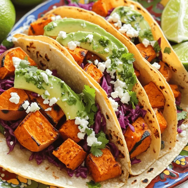 - 2 medium sweet potatoes, peeled and diced - 2 tablespoons olive oil - 1 teaspoon chili powder - 1/2 teaspoon cumin - 1/2 teaspoon smoked paprika - Salt and pepper to taste - 1 avocado, sliced - 1 cup red cabbage, shredded - 1/4 cup fresh cilantro, chopped - 2 tablespoons lime juice - 8 small corn tortillas - 1/4 cup crumbled feta cheese (optional) To make Chili Lime Sweet Potato Tacos, we need fresh and tasty ingredients. Sweet potatoes give a nice, sweet base. Olive oil helps with roasting and adds flavor. For spice, I use chili powder, cumin, and smoked paprika. These spices bring warmth and depth. You can add salt and pepper to suit your taste. Fresh toppings like avocado, red cabbage, and cilantro brighten each bite. A squeeze of lime juice adds a zesty kick. If you want creaminess, sprinkle feta cheese on top. - Calories per serving: About 300 - Macronutrient breakdown: - Carbohydrates: 45g - Fats: 10g - Proteins: 6g This meal is vegan and gluten-free if you skip the feta cheese. It’s a balanced dish, rich in vitamins and minerals. Sweet potatoes are high in fiber and good for digestion. Each taco offers a burst of flavor and nutrition. For the full recipe, check out the details above. Enjoy! First, preheat your oven to 425°F (220°C). This step is key for crispy sweet potatoes. While the oven heats, prepare a baking sheet by lining it with parchment paper. Next, take two medium sweet potatoes, peel and dice them into small cubes. In a large bowl, toss the diced sweet potatoes with two tablespoons of olive oil. Add one teaspoon of chili powder, half a teaspoon of cumin, half a teaspoon of smoked paprika, and sprinkle in salt and pepper to taste. Make sure every piece is well-coated. This will enhance the flavor. Spread the seasoned sweet potatoes on the baking sheet in a single layer. Bake them for 25 to 30 minutes. Stir the sweet potatoes halfway through for even roasting. You want them to be tender and caramelized. Keep an eye on them. If they brown too fast, reduce the heat slightly. While the sweet potatoes roast, warm your tortillas. Use a skillet over medium heat. Heat each tortilla for about 30 seconds on each side until they feel soft and pliable. Now it’s time to assemble your tacos! Start with a generous amount of roasted sweet potatoes on each tortilla. Next, add sliced avocado and shredded red cabbage. Drizzle with a mix of lime juice and chopped cilantro for that fresh zing. If you like, sprinkle crumbled feta cheese on top. This combination brings the flavors to life. For the full recipe, check out the details above. To make these tacos truly shine, adjust the spices to fit your taste. If you enjoy heat, add more chili powder or toss in a pinch of cayenne. For a milder flavor, reduce the chili powder. You can also swap spices. Try adding garlic powder or onion powder for warmth. When it comes to toppings, the options are endless. Instead of avocado, use fresh mango or pineapple for sweetness. You can also add diced tomatoes or radishes for a crunch. Each topping brings its own twist, making the dish unique. Roasting sweet potatoes requires some care. Cut them into even pieces to ensure they cook uniformly. Toss them well in olive oil and spices to enhance their flavor. Spread them out on the sheet, ensuring they don't overlap. This allows for even roasting and a nice caramelized finish. Warming tortillas is simple. Heat a skillet over medium heat. Place the tortillas one at a time for about 30 seconds on each side. This softens them and makes them easy to fold. You can also wrap them in a damp paper towel and warm them in the microwave for about 20 seconds. Visual appeal enhances the meal experience. Serve the tacos on a bright platter to make them pop. Add lime wedges on the side for a burst of color and flavor. Garnish with extra cilantro to create a fresh look. For plating, layer the tacos vertically. This creates height and makes the dish look inviting. You can also drizzle the cilantro-lime mixture over the top. It adds a glossy finish and makes the tacos even more attractive. For the full recipe, check out the details above. {{image_2}} To make these tacos entirely plant-based, skip the feta cheese. Instead, try using a vegan cheese or cashew cream. Both options add a creamy texture without dairy. You can also add more lime juice for a zesty kick. For a gluten-free meal, choose corn tortillas. They work perfectly with sweet potatoes. You can also serve the tacos with a side of black beans or quinoa. These sides keep it hearty and gluten-free. Want to add more protein? Cooked black beans or lentils fit well in these tacos. You can also use shredded chicken or beef. Just season the meat with chili powder and lime juice for great flavor. Cook the meat in a skillet until it's warm, then add it to the tacos. For the full recipe, check out the steps to make these tasty Chili Lime Sweet Potato Tacos! To keep your tacos fresh, store them in an airtight container. Place the tacos in the fridge within two hours of cooking. Do not stack them, as they can get soggy. For the toppings, store them in separate containers. This keeps the avocado and cabbage crispy. Use plastic wrap or lids to cover them well. To freeze roasted sweet potatoes, first let them cool completely. Spread them out on a baking sheet. Freeze them for about one hour until firm. Then, transfer them to a freezer bag. Seal it tightly to prevent freezer burn. When ready to eat, thaw the sweet potatoes in the fridge overnight. Reheat them in the oven or a skillet until hot. This keeps them tasty and firm. In the fridge, your tacos last for about 3 days. If you freeze the sweet potatoes, they can last up to 3 months. Always check for any signs of spoilage before eating. Yes, you can! Some great alternatives are bell peppers, zucchini, or mushrooms. These veggies add unique flavors and textures. For bell peppers, roast for about 20 minutes. Zucchini needs about 15 minutes, while mushrooms can roast in just 10 minutes. Feel free to mix and match to suit your taste! These tacos pair well with many sides. Try a fresh salad, like a corn salad or a simple green salad. You could also serve rice or quinoa for a hearty meal. Black beans make a great side too. They add protein and go well with the tacos' flavors. To add heat, try using jalapeños or adding extra chili powder. You can also mix in hot sauce or fresh chili peppers into the sweet potatoes. Another option is to sprinkle some cayenne pepper on top. Start with a little and taste as you go to find your perfect heat level. Yes, this recipe works great for meal prep! You can roast sweet potatoes in advance and store them in the fridge. Just reheat when you’re ready to eat. However, keep toppings separate to avoid sogginess. This way, your tacos stay fresh and tasty throughout the week. For more details, check out the Full Recipe. In this post, we explored a simple recipe for Chili Lime Sweet Potato Tacos. We covered key ingredients, nutritional details, and step-by-step instructions. You learned how to prep, roast, and assemble these tacos for optimal flavor and fun. Final thoughts: These tacos are not only tasty but also flexible. You can tailor them to fit your diet. With a few easy changes, they can please everyone. Enjoy making these delicious tacos with your favorite toppings!