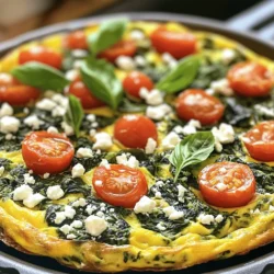 - 6 large eggs - 1 cup fresh spinach, chopped - 1/2 cup cherry tomatoes, halved - 1/4 cup onion, finely chopped - 1/2 cup bell pepper, diced - 1/4 cup feta cheese, crumbled - 2 tablespoons olive oil - Salt and pepper to taste - Fresh basil leaves for garnish (optional) The main ingredients in a spinach frittata are simple yet full of flavor. Eggs serve as the base, giving the frittata its fluffy texture. Fresh spinach adds vibrant color and nutrition. Cherry tomatoes bring sweetness and a burst of juicy flavor. Onions and bell peppers add depth to every bite. Feta cheese crumbles add a salty, creamy touch. Olive oil helps sauté your veggies and adds healthy fats. Salt and pepper help to enhance all the tastes. Lastly, fresh basil leaves can add a lovely aroma and extra flavor when you serve your dish. - Cooked bacon or sausage - Different cheese varieties (cheddar, goat cheese) - Additional vegetables (zucchini, mushrooms) You can customize your frittata by adding extra ingredients. Cooked bacon or sausage gives it a hearty twist. Try different cheeses like cheddar or goat cheese for a new taste. Adding more vegetables, like zucchini or mushrooms, can boost nutrition and flavor. Mix and match to create your perfect breakfast delight! For the full recipe, check the complete guide and get cooking! To start, preheat your oven to 350°F (175°C). This step is vital for even cooking. Next, gather all your ingredients and equipment. You will need a large oven-safe skillet, mixing bowl, and whisk. First, heat two tablespoons of olive oil in the skillet over medium heat. Add 1/4 cup of finely chopped onion and 1/2 cup of diced bell pepper. Sauté these for about 3-4 minutes until they soften. Then, stir in 1 cup of chopped spinach and 1/2 cup of halved cherry tomatoes. Cook this mix for another 2-3 minutes until the spinach wilts. While the veggies cook, whisk together 6 large eggs, salt, and pepper in a large bowl until blended. Once the vegetables are ready, pour the egg mixture over them in the skillet. Gently stir to combine everything. Finally, sprinkle 1/4 cup of crumbled feta cheese evenly on top. Cook the frittata on the stovetop for about 2 minutes. You will see the edges begin to set. Now, transfer the skillet to your preheated oven. Bake for 15-20 minutes until the center is set and lightly golden on top. After baking, remove the skillet from the oven and let it cool for a few minutes. This helps with cutting. Garnish with fresh basil leaves if you like. Serve warm or let it sit at room temperature. Enjoy your tasty spinach frittata full of flavor and nutrition! You can find the full recipe in the earlier section. To make a great spinach frittata, whisk the eggs well. This helps mix the yolks and whites. Aim for a smooth, frothy texture. This adds air and makes your frittata fluffy. To avoid a soggy frittata, remove excess water from your veggies. You can do this by cooking them longer or patting them dry with a paper towel. This step is key! For even cooking, make sure your skillet is the right size. A 10-inch skillet works best. Pour your egg mixture evenly over the veggies. Stir gently for a uniform mix. A spinach frittata pairs well with toast or a fresh salad. Add some sliced avocado on the side for creaminess. This combination makes your breakfast feel complete. For drinks, enjoy your frittata with coffee or fresh juice. Herbal tea also works nicely. These drinks will brighten your morning. You can customize your frittata with seasonal ingredients. Try adding fresh herbs like dill or parsley. Seasonal veggies like zucchini or asparagus also work great. Adjust the seasoning to match your taste. If you like spice, add a pinch of red pepper flakes. Feel free to play with flavors! For the full recipe, check out the Spinach Frittata Sunrise. You'll love how simple it is to make! {{image_2}} You can change up your spinach frittata with many fun flavors. A Mediterranean Spinach Frittata brings in olives, sun-dried tomatoes, and fresh herbs like oregano and thyme. This mix gives a bright and zesty kick. You can also try a Southwest Spinach Frittata. Just add diced bell peppers and a spoonful of salsa. This combo adds a nice spicy twist to your meal. You can cook your frittata in different ways. A skillet method is quick and easy. It gives a nice crispy edge. To make it oven-baked, follow the same recipe but let it cook longer. An Instant Pot Spinach Frittata is perfect if you want a fast option. Just set it to cook for a few minutes under pressure. You'll have a fluffy frittata in no time! If you need gluten-free options, you can enjoy this dish with no worries. The main ingredients are naturally gluten-free. For those avoiding dairy, swap the feta cheese with tofu or nutritional yeast. This keeps the flavors while making it suitable for everyone. You can enjoy your spinach frittata without missing out! For the Full Recipe of the Spinach Frittata Sunrise, check out the main section. To keep your frittata fresh, let it cool down first. Then, place it in the fridge. The best way to store it is in an airtight container. This helps prevent moisture loss and keeps flavors intact. You can store it for about three to four days. When you want to eat your frittata again, you can choose to use the microwave or the oven. If you use the microwave, heat it in short bursts. This helps it warm evenly without getting rubbery. If you want a crispier texture, the oven works best. Preheat it to 350°F (175°C) and heat for about 10 minutes. If you want to save some for later, you can freeze the frittata. Start by cutting it into slices. Wrap each slice tightly in plastic wrap. Then, place them in a freezer-safe bag. This way, you can enjoy it later. When you’re ready to eat, take out a slice and let it thaw overnight in the fridge. Reheat it in the oven or microwave as mentioned above. A spinach frittata lasts about 3 to 4 days in the fridge. To store it, let it cool first. Then, place it in an airtight container. This keeps it fresh. When you want to eat it, check for any off smells or colors. If it looks and smells good, you are good to go! Yes, you can add many veggies to your frittata! Here are some great options: - Zucchini - Mushrooms - Broccoli - Asparagus - Kale These veggies add more flavor and nutrients. Cut them into small pieces for even cooking. Feel free to mix and match based on what you have. The main difference is in how they are cooked. A frittata cooks slowly and finishes in the oven. An omelet cooks quickly on the stovetop. Frittatas usually have more filling and are thicker. Omelets are often folded and filled. Both are tasty, but a frittata is great for sharing! In this article, we explored how to make a delicious spinach frittata. From the key ingredients to optional add-ins, every step counts. We discussed cooking methods, variations, storage, and reheating tips. A frittata can easily fit into your meal plan, whether for breakfast or brunch. Remember, you can always customize it to suit your taste. With a few simple tricks, you can create a tasty dish that uses up ingredients you already have. Enjoy experimenting with flavors and make this frittata your own!