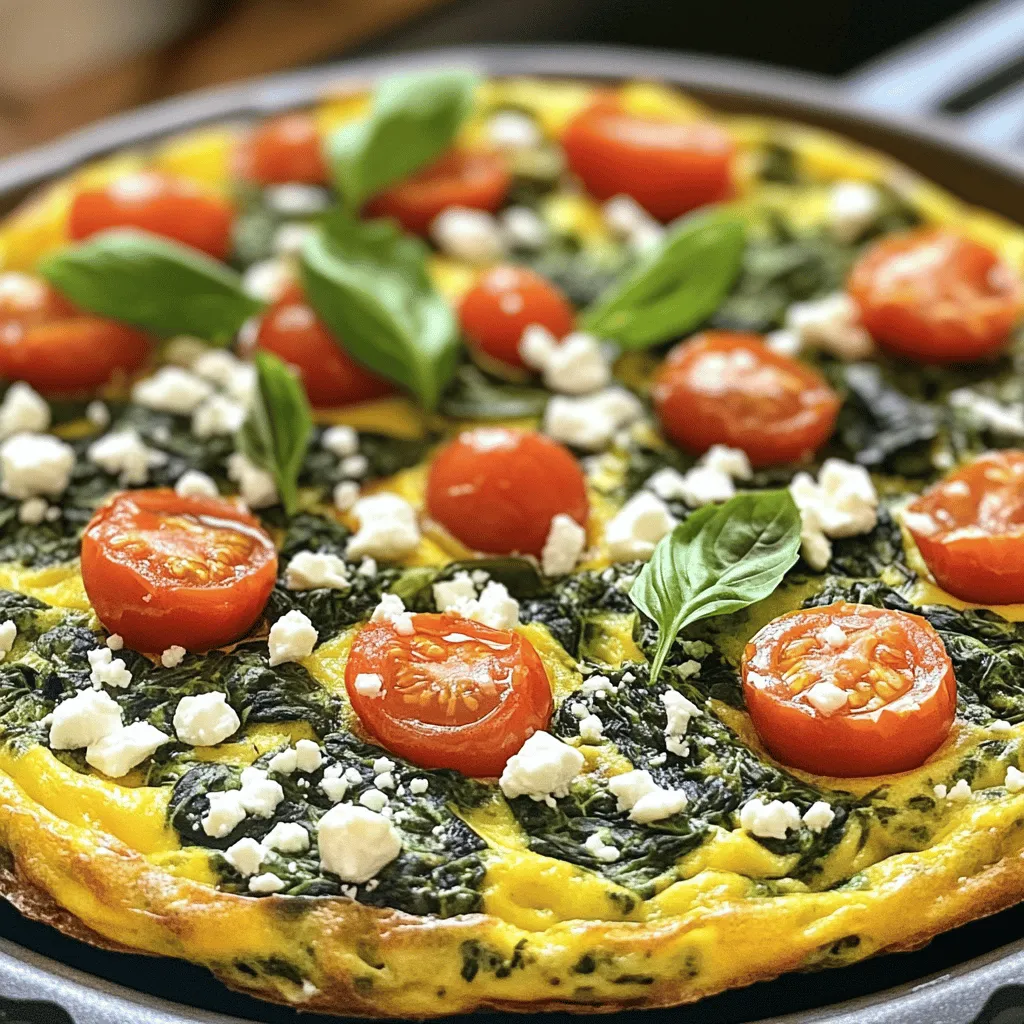 - 6 large eggs - 1 cup fresh spinach, chopped - 1/2 cup cherry tomatoes, halved - 1/4 cup onion, finely chopped - 1/2 cup bell pepper, diced - 1/4 cup feta cheese, crumbled - 2 tablespoons olive oil - Salt and pepper to taste - Fresh basil leaves for garnish (optional) The main ingredients in a spinach frittata are simple yet full of flavor. Eggs serve as the base, giving the frittata its fluffy texture. Fresh spinach adds vibrant color and nutrition. Cherry tomatoes bring sweetness and a burst of juicy flavor. Onions and bell peppers add depth to every bite. Feta cheese crumbles add a salty, creamy touch. Olive oil helps sauté your veggies and adds healthy fats. Salt and pepper help to enhance all the tastes. Lastly, fresh basil leaves can add a lovely aroma and extra flavor when you serve your dish. - Cooked bacon or sausage - Different cheese varieties (cheddar, goat cheese) - Additional vegetables (zucchini, mushrooms) You can customize your frittata by adding extra ingredients. Cooked bacon or sausage gives it a hearty twist. Try different cheeses like cheddar or goat cheese for a new taste. Adding more vegetables, like zucchini or mushrooms, can boost nutrition and flavor. Mix and match to create your perfect breakfast delight! For the full recipe, check the complete guide and get cooking! To start, preheat your oven to 350°F (175°C). This step is vital for even cooking. Next, gather all your ingredients and equipment. You will need a large oven-safe skillet, mixing bowl, and whisk. First, heat two tablespoons of olive oil in the skillet over medium heat. Add 1/4 cup of finely chopped onion and 1/2 cup of diced bell pepper. Sauté these for about 3-4 minutes until they soften. Then, stir in 1 cup of chopped spinach and 1/2 cup of halved cherry tomatoes. Cook this mix for another 2-3 minutes until the spinach wilts. While the veggies cook, whisk together 6 large eggs, salt, and pepper in a large bowl until blended. Once the vegetables are ready, pour the egg mixture over them in the skillet. Gently stir to combine everything. Finally, sprinkle 1/4 cup of crumbled feta cheese evenly on top. Cook the frittata on the stovetop for about 2 minutes. You will see the edges begin to set. Now, transfer the skillet to your preheated oven. Bake for 15-20 minutes until the center is set and lightly golden on top. After baking, remove the skillet from the oven and let it cool for a few minutes. This helps with cutting. Garnish with fresh basil leaves if you like. Serve warm or let it sit at room temperature. Enjoy your tasty spinach frittata full of flavor and nutrition! You can find the full recipe in the earlier section. To make a great spinach frittata, whisk the eggs well. This helps mix the yolks and whites. Aim for a smooth, frothy texture. This adds air and makes your frittata fluffy. To avoid a soggy frittata, remove excess water from your veggies. You can do this by cooking them longer or patting them dry with a paper towel. This step is key! For even cooking, make sure your skillet is the right size. A 10-inch skillet works best. Pour your egg mixture evenly over the veggies. Stir gently for a uniform mix. A spinach frittata pairs well with toast or a fresh salad. Add some sliced avocado on the side for creaminess. This combination makes your breakfast feel complete. For drinks, enjoy your frittata with coffee or fresh juice. Herbal tea also works nicely. These drinks will brighten your morning. You can customize your frittata with seasonal ingredients. Try adding fresh herbs like dill or parsley. Seasonal veggies like zucchini or asparagus also work great. Adjust the seasoning to match your taste. If you like spice, add a pinch of red pepper flakes. Feel free to play with flavors! For the full recipe, check out the Spinach Frittata Sunrise. You'll love how simple it is to make! {{image_2}} You can change up your spinach frittata with many fun flavors. A Mediterranean Spinach Frittata brings in olives, sun-dried tomatoes, and fresh herbs like oregano and thyme. This mix gives a bright and zesty kick. You can also try a Southwest Spinach Frittata. Just add diced bell peppers and a spoonful of salsa. This combo adds a nice spicy twist to your meal. You can cook your frittata in different ways. A skillet method is quick and easy. It gives a nice crispy edge. To make it oven-baked, follow the same recipe but let it cook longer. An Instant Pot Spinach Frittata is perfect if you want a fast option. Just set it to cook for a few minutes under pressure. You'll have a fluffy frittata in no time! If you need gluten-free options, you can enjoy this dish with no worries. The main ingredients are naturally gluten-free. For those avoiding dairy, swap the feta cheese with tofu or nutritional yeast. This keeps the flavors while making it suitable for everyone. You can enjoy your spinach frittata without missing out! For the Full Recipe of the Spinach Frittata Sunrise, check out the main section. To keep your frittata fresh, let it cool down first. Then, place it in the fridge. The best way to store it is in an airtight container. This helps prevent moisture loss and keeps flavors intact. You can store it for about three to four days. When you want to eat your frittata again, you can choose to use the microwave or the oven. If you use the microwave, heat it in short bursts. This helps it warm evenly without getting rubbery. If you want a crispier texture, the oven works best. Preheat it to 350°F (175°C) and heat for about 10 minutes. If you want to save some for later, you can freeze the frittata. Start by cutting it into slices. Wrap each slice tightly in plastic wrap. Then, place them in a freezer-safe bag. This way, you can enjoy it later. When you’re ready to eat, take out a slice and let it thaw overnight in the fridge. Reheat it in the oven or microwave as mentioned above. A spinach frittata lasts about 3 to 4 days in the fridge. To store it, let it cool first. Then, place it in an airtight container. This keeps it fresh. When you want to eat it, check for any off smells or colors. If it looks and smells good, you are good to go! Yes, you can add many veggies to your frittata! Here are some great options: - Zucchini - Mushrooms - Broccoli - Asparagus - Kale These veggies add more flavor and nutrients. Cut them into small pieces for even cooking. Feel free to mix and match based on what you have. The main difference is in how they are cooked. A frittata cooks slowly and finishes in the oven. An omelet cooks quickly on the stovetop. Frittatas usually have more filling and are thicker. Omelets are often folded and filled. Both are tasty, but a frittata is great for sharing! In this article, we explored how to make a delicious spinach frittata. From the key ingredients to optional add-ins, every step counts. We discussed cooking methods, variations, storage, and reheating tips. A frittata can easily fit into your meal plan, whether for breakfast or brunch. Remember, you can always customize it to suit your taste. With a few simple tricks, you can create a tasty dish that uses up ingredients you already have. Enjoy experimenting with flavors and make this frittata your own!