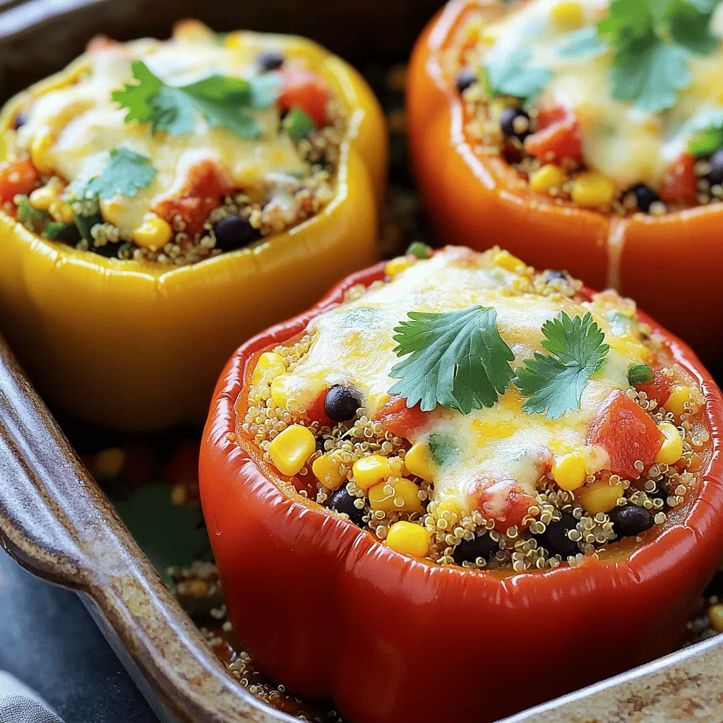 To make stuffed bell peppers, you need a few key items. Here’s what you will need: - 4 large bell peppers (any color) - 1 cup quinoa, rinsed - 2 cups vegetable broth - 1 can (15 oz) black beans, drained and rinsed - 1 cup corn kernels (fresh, frozen, or canned) - 1 small red onion, finely chopped - 2 cloves garlic, minced - 1 teaspoon cumin - 1 teaspoon smoked paprika - 1 teaspoon chili powder - Salt and pepper to taste - 1 cup diced tomatoes (fresh or canned) - ½ cup shredded cheese (cheddar or mozzarella) - Fresh cilantro or parsley for garnish These ingredients create a flavorful mix that fills the peppers. The quinoa provides protein, while the beans and corn add texture and taste. You can make your stuffed peppers unique by adding different ingredients. Here are some ideas: - Ground meat (like turkey or beef) for a protein boost - Other grains like brown rice or farro - Different cheeses like feta or goat cheese - Spices such as paprika or oregano for extra flavor - Extra veggies like zucchini or spinach for more nutrients Feel free to mix and match to suit your taste. Making your own version adds fun to the cooking process. Stuffed bell peppers are not just tasty; they are also good for you! Here’s a quick look at the nutrition: - High in fiber from quinoa and beans - Rich in vitamins from bell peppers and veggies - Good source of protein, especially if you use quinoa and beans - Low in calories, making this meal great for weight control Each stuffed pepper is packed with nutrients, making it a healthy choice. Plus, they are colorful and appealing on the plate! For the full recipe, check out the Vibrant Veggie Stuffed Bell Peppers. Start by preheating your oven to 375°F (190°C). Next, grab your bell peppers. Cut off the tops and take out the seeds and membranes. This step helps the peppers cook evenly. Lightly brush the outside and inside of each pepper with olive oil. This will add flavor and help them brown. Place the peppers upright in a baking dish, ready for stuffing. In a medium saucepan, bring 2 cups of vegetable broth to a boil. Add 1 cup of rinsed quinoa. Lower the heat, cover, and let it simmer for about 15 minutes. The quinoa will absorb the broth and become fluffy. While the quinoa cooks, heat a drizzle of olive oil in a large skillet over medium heat. Add 1 small chopped red onion and sauté for 3-4 minutes until it turns soft. Then, add 2 minced garlic cloves, 1 teaspoon of cumin, 1 teaspoon of smoked paprika, and 1 teaspoon of chili powder. Stir for about a minute until the spices smell great. Next, mix in the drained black beans, corn, diced tomatoes, and the cooked quinoa. Season with salt and pepper to taste, and give it a good stir. Now, it’s time to fill the peppers! Spoon the quinoa and veggie mixture into each pepper. Pack it gently, but don’t overstuff. Top each pepper with ½ cup of shredded cheese. Cover the baking dish with foil and bake for 25 minutes. After that, remove the foil and bake for another 10-15 minutes. You want the peppers to be tender and the cheese to be bubbly and golden. Once done, let them cool for a few minutes. Garnish with fresh cilantro or parsley before serving. For the full recipe, check the earlier section. Enjoy your vibrant veggie stuffed bell peppers! To cook quinoa well, start with rinsing it. Rinsing removes the bitter coating. Use a 2:1 ratio of liquid to quinoa. I like using vegetable broth for added flavor. Bring the broth to a boil, then stir in the rinsed quinoa. Lower the heat, cover, and let it simmer. Cook for about 15 minutes. You know it’s done when it’s fluffy and the liquid is gone. Want to spice up your filling? Try adding fresh herbs like cilantro or parsley. A squeeze of lime juice can also brighten the flavor. For more heat, toss in diced jalapeños or hot sauce. Consider adding chopped nuts for crunch, or a bit of avocado for creaminess. Each addition makes the dish unique and personal. For perfect bell peppers, choose ones that are firm and bright. Cut the tops off and remove seeds carefully. Brush the inside with olive oil for flavor. Bake them covered for about 25 minutes. This keeps them tender. Remove the foil for the last 10-15 minutes. This step helps the cheese melt nicely and gives a golden finish. Follow these tips, and your peppers will impress! Check out the Full Recipe for all the details. {{image_2}} You can easily make stuffed bell peppers vegetarian or vegan. Use quinoa or brown rice as a base. Mix in beans, lentils, or chickpeas for protein. Instead of cheese, top your peppers with avocado or a sprinkle of nutritional yeast. This adds a cheesy flavor without dairy. You can also use a mix of fresh herbs like basil or parsley for added taste. If you prefer meat, ground turkey or beef works well. Cook the meat in a skillet before adding it to the filling. Mix in onions, garlic, and spices to boost the flavor. You can also add diced mushrooms for extra texture. For a twist, use sausage for a spicy kick. Just remember to drain excess fat before mixing it all together. Quinoa is great, but other grains can work too. Try brown rice, farro, or barley. Each grain brings a different taste and texture to your dish. If you're short on time, instant rice or couscous can also be used. Just adjust the cooking time based on the grain you choose. This way, you can customize your stuffed peppers to fit your taste and what you have on hand. For the full recipe, click here. To store leftover stuffed peppers, let them cool first. Place them in an airtight container. You can keep them in the fridge for up to 4 days. Make sure to label the container with the date. This helps you track how long they have been stored. You can freeze stuffed peppers for later meals. Start by wrapping each pepper in plastic wrap. Then, place them in a freezer-safe bag or container. They can last for about 3 months in the freezer. When you are ready to eat, simply thaw them overnight in the fridge. To reheat your stuffed peppers, you have a few options. You can use the oven, microwave, or stovetop. For the oven, preheat it to 350°F (175°C). Place the peppers in a baking dish and cover with foil. Heat for about 20 minutes. If using the microwave, place the pepper on a microwave-safe plate and heat for 2-4 minutes. Just make sure they are hot inside before serving. Enjoy your flavorful meal again! Yes, you can prep stuffed peppers in advance. Just prepare the filling and stuff the peppers. Then, cover and store them in the fridge for up to 24 hours. When ready, simply bake them as directed. This makes dinner easy on busy days. Stuffed bell peppers are great on their own, but side dishes can enhance your meal. Here are some ideas: - Simple green salad - Garlic bread for a crunchy side - Rice or quinoa for a filling addition - Roasted vegetables for more flavor These sides add variety and balance to your plate. To ensure your stuffed peppers are gluten-free, choose gluten-free grains. Quinoa is a great option. Make sure any canned goods, like beans and tomatoes, are labeled gluten-free. This way, everyone can enjoy them without worries. You can find the full recipe for a gluten-free version above. Stuffed bell peppers are a delicious and fun meal. We covered the main ingredients, how to prepare them, and tasty variations. I shared tips to improve your cooking and how to store leftovers. Remember, you can customize the filling to match your tastes or diet. Try different grains or flavors for a twist. With a bit of practice, you'll make perfect stuffed peppers every time. Enjoy creating your own tasty dishes!