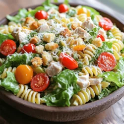 - 2 cups rotini pasta - 1 cup cooked chicken breast, diced - 1 cup romaine lettuce, chopped - ½ cup cherry tomatoes, halved When creating Chicken Caesar Pasta Salad, you want fresh and tasty ingredients. The rotini pasta works well because it holds the sauce nicely. I love using cooked chicken breast for protein. Dicing it into small pieces makes it easy to enjoy. Romaine lettuce adds a nice crunch and freshness. Don't forget the cherry tomatoes; they bring a burst of flavor. - ¼ cup Caesar dressing - 2 tablespoons olive oil - 1 garlic clove, minced - Salt and pepper to taste The dressing is the star of this dish. Caesar dressing gives it that classic taste. I mix it with olive oil for a smoother texture. Adding minced garlic boosts the flavor. Season with salt and pepper to make it just right. - ¼ cup Parmesan cheese, grated - Croutons for topping Parmesan cheese adds richness to the salad. The croutons provide a crunchy topping that everyone loves. These extras make the dish feel fancy and fun. For the full recipe, check the details above. - Bring salted water to a boil. - Cook rotini pasta according to package instructions. First, fill a large pot with water and add a good amount of salt. Salt makes the pasta tasty. Once the water boils, add the rotini. Stir it a bit so it doesn’t stick. Follow the time on the package until it’s al dente. This means it will be firm but cooked. Drain the pasta and rinse it under cold water to stop cooking. This keeps it from getting mushy. - Combine pasta, chicken, lettuce, and tomatoes. - Prepare dressing and pour over salad. In a big bowl, mix the cooled pasta with diced chicken, chopped romaine lettuce, and halved cherry tomatoes. This combination brings freshness and protein. Next, make the dressing. In a small bowl, whisk together Caesar dressing, olive oil, minced garlic, salt, and pepper. Once mixed, pour it over the pasta salad. Toss everything gently to coat. This helps each bite burst with flavor. - Chill salad before serving. - Add toppings just before serving. Let the salad chill in the fridge for about 30 minutes. This helps the flavors blend well. Right before you serve, top it with croutons. This adds a nice crunch. You can also sprinkle grated Parmesan cheese on top for extra taste. Enjoy your Chicken Caesar Pasta Salad! For the full recipe, check out the detailed instructions above. Fresh ingredients make a big difference in taste. Use ripe cherry tomatoes and crisp romaine. These add color and crunch. For the best flavor, adjust the seasoning to your preference. Taste as you mix, and add salt and pepper until it’s just right. Rotisserie chicken is a great shortcut. It saves time and adds great flavor. You can also chop your vegetables ahead of time. This makes it easy to throw everything together on busy days. You can use store-bought Caesar dressing for quick meals. However, making your own gives a fresh twist. If you buy dressing, look for brands that use natural ingredients. This ensures your salad stays healthy and tasty. For the best results, check labels for quality. For detailed steps and all the ingredients, refer to the Full Recipe. {{image_2}} You can make Chicken Caesar Pasta Salad even better with some fun add-ins. Try adding crispy bacon for a salty crunch. It pairs well with the creamy dressing. If you want a vegetarian option, toss in some avocado for creaminess and healthy fats. You can also switch up the protein. Instead of chicken, use shrimp for a seafood twist. For a plant-based option, tofu works well too. Just ensure it’s seasoned nicely. While rotini is a classic choice, feel free to explore other pasta types. Penne or fusilli can add a new texture. They hold the dressing well and give a fun bite. If you follow a gluten-free diet, look for gluten-free pasta. Many brands offer great options that taste delicious. You won’t miss the regular pasta at all! Switching out the veggies can really change the dish. Instead of romaine, use spinach or kale for a nutrient boost. These greens add great color and flavor. You can also throw in some bell peppers for crunch and sweetness. Cucumbers add a refreshing taste that works well in summer. Feel free to get creative! Adjust the salad to fit the season and your taste. For the full recipe, check out the instructions above. To keep your Chicken Caesar Pasta Salad fresh, store it in an airtight container. You can refrigerate leftover salad for up to three days. Make sure to separate toppings like croutons. This prevents them from getting soggy. If you have extra dressing, store it in a small jar. This keeps the salad crisp and tasty. For longer storage, you can freeze some components. Cooked pasta and chicken freeze well. Place them in freezer bags and remove as much air as possible. You can freeze the salad without the dressing. This helps keep flavors bright. When ready to eat, thaw overnight in the fridge. Dress the salad just before serving. If you want to refresh your salad, add a little olive oil or dressing. This brings back moisture and flavor. Avoid reheating the salad in the microwave. It can make the pasta mushy and the greens limp. Instead, let it sit at room temperature for about 15 minutes. This helps revive the salad's fresh taste. Enjoy your flavorful Chicken Caesar Pasta Salad! You can store Chicken Caesar Pasta Salad for up to three days in the fridge. This keeps the flavors fresh while ensuring the ingredients stay safe to eat. For best results, use an airtight container. This helps prevent the salad from drying out or soaking up other fridge smells. Yes, you can make this salad ahead of time! Preparing it a day in advance can enhance the flavor. Just mix all the ingredients and store them in the fridge. Keep the croutons separate until serving to maintain their crunch. This makes it a great choice for busy days or gatherings. Absolutely! Chicken Caesar Pasta Salad is perfect for meal prep. You can make a big batch and enjoy it throughout the week. It saves time on busy days and offers a healthy meal option. The variety of textures and flavors keeps it exciting. Plus, it stays tasty for several days, making it a smart choice for lunch or dinner. This blog post covered how to make a tasty Chicken Caesar Pasta Salad. We first looked at the key ingredients like rotini pasta, chicken, and fresh veggies. Then, I shared step-by-step instructions for cooking and mixing. You learned tips for the best flavor and ways to change up the recipe. Lastly, we discussed storage options for leftovers. I hope this guide helps you enjoy a fresh, easy meal anytime. Dive in, get cooking, and savor every bite!
