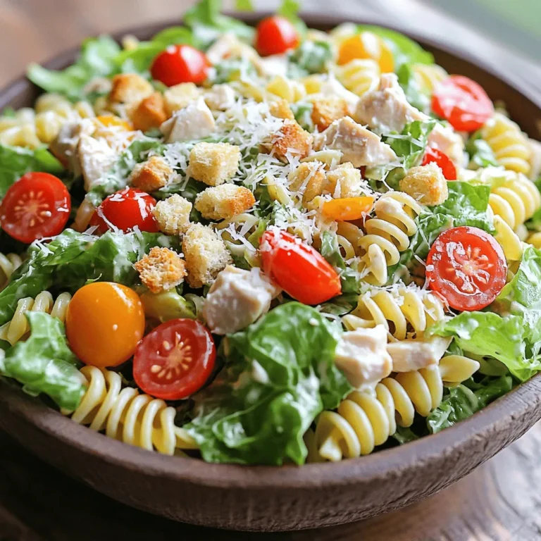 - 2 cups rotini pasta - 1 cup cooked chicken breast, diced - 1 cup romaine lettuce, chopped - ½ cup cherry tomatoes, halved When creating Chicken Caesar Pasta Salad, you want fresh and tasty ingredients. The rotini pasta works well because it holds the sauce nicely. I love using cooked chicken breast for protein. Dicing it into small pieces makes it easy to enjoy. Romaine lettuce adds a nice crunch and freshness. Don't forget the cherry tomatoes; they bring a burst of flavor. - ¼ cup Caesar dressing - 2 tablespoons olive oil - 1 garlic clove, minced - Salt and pepper to taste The dressing is the star of this dish. Caesar dressing gives it that classic taste. I mix it with olive oil for a smoother texture. Adding minced garlic boosts the flavor. Season with salt and pepper to make it just right. - ¼ cup Parmesan cheese, grated - Croutons for topping Parmesan cheese adds richness to the salad. The croutons provide a crunchy topping that everyone loves. These extras make the dish feel fancy and fun. For the full recipe, check the details above. - Bring salted water to a boil. - Cook rotini pasta according to package instructions. First, fill a large pot with water and add a good amount of salt. Salt makes the pasta tasty. Once the water boils, add the rotini. Stir it a bit so it doesn’t stick. Follow the time on the package until it’s al dente. This means it will be firm but cooked. Drain the pasta and rinse it under cold water to stop cooking. This keeps it from getting mushy. - Combine pasta, chicken, lettuce, and tomatoes. - Prepare dressing and pour over salad. In a big bowl, mix the cooled pasta with diced chicken, chopped romaine lettuce, and halved cherry tomatoes. This combination brings freshness and protein. Next, make the dressing. In a small bowl, whisk together Caesar dressing, olive oil, minced garlic, salt, and pepper. Once mixed, pour it over the pasta salad. Toss everything gently to coat. This helps each bite burst with flavor. - Chill salad before serving. - Add toppings just before serving. Let the salad chill in the fridge for about 30 minutes. This helps the flavors blend well. Right before you serve, top it with croutons. This adds a nice crunch. You can also sprinkle grated Parmesan cheese on top for extra taste. Enjoy your Chicken Caesar Pasta Salad! For the full recipe, check out the detailed instructions above. Fresh ingredients make a big difference in taste. Use ripe cherry tomatoes and crisp romaine. These add color and crunch. For the best flavor, adjust the seasoning to your preference. Taste as you mix, and add salt and pepper until it’s just right. Rotisserie chicken is a great shortcut. It saves time and adds great flavor. You can also chop your vegetables ahead of time. This makes it easy to throw everything together on busy days. You can use store-bought Caesar dressing for quick meals. However, making your own gives a fresh twist. If you buy dressing, look for brands that use natural ingredients. This ensures your salad stays healthy and tasty. For the best results, check labels for quality. For detailed steps and all the ingredients, refer to the Full Recipe. {{image_2}} You can make Chicken Caesar Pasta Salad even better with some fun add-ins. Try adding crispy bacon for a salty crunch. It pairs well with the creamy dressing. If you want a vegetarian option, toss in some avocado for creaminess and healthy fats. You can also switch up the protein. Instead of chicken, use shrimp for a seafood twist. For a plant-based option, tofu works well too. Just ensure it’s seasoned nicely. While rotini is a classic choice, feel free to explore other pasta types. Penne or fusilli can add a new texture. They hold the dressing well and give a fun bite. If you follow a gluten-free diet, look for gluten-free pasta. Many brands offer great options that taste delicious. You won’t miss the regular pasta at all! Switching out the veggies can really change the dish. Instead of romaine, use spinach or kale for a nutrient boost. These greens add great color and flavor. You can also throw in some bell peppers for crunch and sweetness. Cucumbers add a refreshing taste that works well in summer. Feel free to get creative! Adjust the salad to fit the season and your taste. For the full recipe, check out the instructions above. To keep your Chicken Caesar Pasta Salad fresh, store it in an airtight container. You can refrigerate leftover salad for up to three days. Make sure to separate toppings like croutons. This prevents them from getting soggy. If you have extra dressing, store it in a small jar. This keeps the salad crisp and tasty. For longer storage, you can freeze some components. Cooked pasta and chicken freeze well. Place them in freezer bags and remove as much air as possible. You can freeze the salad without the dressing. This helps keep flavors bright. When ready to eat, thaw overnight in the fridge. Dress the salad just before serving. If you want to refresh your salad, add a little olive oil or dressing. This brings back moisture and flavor. Avoid reheating the salad in the microwave. It can make the pasta mushy and the greens limp. Instead, let it sit at room temperature for about 15 minutes. This helps revive the salad's fresh taste. Enjoy your flavorful Chicken Caesar Pasta Salad! You can store Chicken Caesar Pasta Salad for up to three days in the fridge. This keeps the flavors fresh while ensuring the ingredients stay safe to eat. For best results, use an airtight container. This helps prevent the salad from drying out or soaking up other fridge smells. Yes, you can make this salad ahead of time! Preparing it a day in advance can enhance the flavor. Just mix all the ingredients and store them in the fridge. Keep the croutons separate until serving to maintain their crunch. This makes it a great choice for busy days or gatherings. Absolutely! Chicken Caesar Pasta Salad is perfect for meal prep. You can make a big batch and enjoy it throughout the week. It saves time on busy days and offers a healthy meal option. The variety of textures and flavors keeps it exciting. Plus, it stays tasty for several days, making it a smart choice for lunch or dinner. This blog post covered how to make a tasty Chicken Caesar Pasta Salad. We first looked at the key ingredients like rotini pasta, chicken, and fresh veggies. Then, I shared step-by-step instructions for cooking and mixing. You learned tips for the best flavor and ways to change up the recipe. Lastly, we discussed storage options for leftovers. I hope this guide helps you enjoy a fresh, easy meal anytime. Dive in, get cooking, and savor every bite!