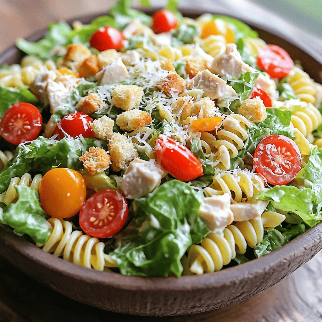 - 2 cups rotini pasta - 1 cup cooked chicken breast, diced - 1 cup romaine lettuce, chopped - ½ cup cherry tomatoes, halved When creating Chicken Caesar Pasta Salad, you want fresh and tasty ingredients. The rotini pasta works well because it holds the sauce nicely. I love using cooked chicken breast for protein. Dicing it into small pieces makes it easy to enjoy. Romaine lettuce adds a nice crunch and freshness. Don't forget the cherry tomatoes; they bring a burst of flavor. - ¼ cup Caesar dressing - 2 tablespoons olive oil - 1 garlic clove, minced - Salt and pepper to taste The dressing is the star of this dish. Caesar dressing gives it that classic taste. I mix it with olive oil for a smoother texture. Adding minced garlic boosts the flavor. Season with salt and pepper to make it just right. - ¼ cup Parmesan cheese, grated - Croutons for topping Parmesan cheese adds richness to the salad. The croutons provide a crunchy topping that everyone loves. These extras make the dish feel fancy and fun. For the full recipe, check the details above. - Bring salted water to a boil. - Cook rotini pasta according to package instructions. First, fill a large pot with water and add a good amount of salt. Salt makes the pasta tasty. Once the water boils, add the rotini. Stir it a bit so it doesn’t stick. Follow the time on the package until it’s al dente. This means it will be firm but cooked. Drain the pasta and rinse it under cold water to stop cooking. This keeps it from getting mushy. - Combine pasta, chicken, lettuce, and tomatoes. - Prepare dressing and pour over salad. In a big bowl, mix the cooled pasta with diced chicken, chopped romaine lettuce, and halved cherry tomatoes. This combination brings freshness and protein. Next, make the dressing. In a small bowl, whisk together Caesar dressing, olive oil, minced garlic, salt, and pepper. Once mixed, pour it over the pasta salad. Toss everything gently to coat. This helps each bite burst with flavor. - Chill salad before serving. - Add toppings just before serving. Let the salad chill in the fridge for about 30 minutes. This helps the flavors blend well. Right before you serve, top it with croutons. This adds a nice crunch. You can also sprinkle grated Parmesan cheese on top for extra taste. Enjoy your Chicken Caesar Pasta Salad! For the full recipe, check out the detailed instructions above. Fresh ingredients make a big difference in taste. Use ripe cherry tomatoes and crisp romaine. These add color and crunch. For the best flavor, adjust the seasoning to your preference. Taste as you mix, and add salt and pepper until it’s just right. Rotisserie chicken is a great shortcut. It saves time and adds great flavor. You can also chop your vegetables ahead of time. This makes it easy to throw everything together on busy days. You can use store-bought Caesar dressing for quick meals. However, making your own gives a fresh twist. If you buy dressing, look for brands that use natural ingredients. This ensures your salad stays healthy and tasty. For the best results, check labels for quality. For detailed steps and all the ingredients, refer to the Full Recipe. {{image_2}} You can make Chicken Caesar Pasta Salad even better with some fun add-ins. Try adding crispy bacon for a salty crunch. It pairs well with the creamy dressing. If you want a vegetarian option, toss in some avocado for creaminess and healthy fats. You can also switch up the protein. Instead of chicken, use shrimp for a seafood twist. For a plant-based option, tofu works well too. Just ensure it’s seasoned nicely. While rotini is a classic choice, feel free to explore other pasta types. Penne or fusilli can add a new texture. They hold the dressing well and give a fun bite. If you follow a gluten-free diet, look for gluten-free pasta. Many brands offer great options that taste delicious. You won’t miss the regular pasta at all! Switching out the veggies can really change the dish. Instead of romaine, use spinach or kale for a nutrient boost. These greens add great color and flavor. You can also throw in some bell peppers for crunch and sweetness. Cucumbers add a refreshing taste that works well in summer. Feel free to get creative! Adjust the salad to fit the season and your taste. For the full recipe, check out the instructions above. To keep your Chicken Caesar Pasta Salad fresh, store it in an airtight container. You can refrigerate leftover salad for up to three days. Make sure to separate toppings like croutons. This prevents them from getting soggy. If you have extra dressing, store it in a small jar. This keeps the salad crisp and tasty. For longer storage, you can freeze some components. Cooked pasta and chicken freeze well. Place them in freezer bags and remove as much air as possible. You can freeze the salad without the dressing. This helps keep flavors bright. When ready to eat, thaw overnight in the fridge. Dress the salad just before serving. If you want to refresh your salad, add a little olive oil or dressing. This brings back moisture and flavor. Avoid reheating the salad in the microwave. It can make the pasta mushy and the greens limp. Instead, let it sit at room temperature for about 15 minutes. This helps revive the salad's fresh taste. Enjoy your flavorful Chicken Caesar Pasta Salad! You can store Chicken Caesar Pasta Salad for up to three days in the fridge. This keeps the flavors fresh while ensuring the ingredients stay safe to eat. For best results, use an airtight container. This helps prevent the salad from drying out or soaking up other fridge smells. Yes, you can make this salad ahead of time! Preparing it a day in advance can enhance the flavor. Just mix all the ingredients and store them in the fridge. Keep the croutons separate until serving to maintain their crunch. This makes it a great choice for busy days or gatherings. Absolutely! Chicken Caesar Pasta Salad is perfect for meal prep. You can make a big batch and enjoy it throughout the week. It saves time on busy days and offers a healthy meal option. The variety of textures and flavors keeps it exciting. Plus, it stays tasty for several days, making it a smart choice for lunch or dinner. This blog post covered how to make a tasty Chicken Caesar Pasta Salad. We first looked at the key ingredients like rotini pasta, chicken, and fresh veggies. Then, I shared step-by-step instructions for cooking and mixing. You learned tips for the best flavor and ways to change up the recipe. Lastly, we discussed storage options for leftovers. I hope this guide helps you enjoy a fresh, easy meal anytime. Dive in, get cooking, and savor every bite!