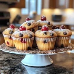 - 1 cup all-purpose flour - 1/2 cup whole wheat flour - 1/2 cup granulated sugar - 1/4 cup brown sugar, packed - 2 teaspoons baking powder - 1/2 teaspoon baking soda - 1/4 teaspoon salt - 2 large eggs - 1/2 cup milk - 1/4 cup vegetable oil - 1 teaspoon vanilla extract - 1 cup fresh cherries, pitted and halved - 1/2 cup dark chocolate chips - 1 tablespoon powdered sugar (for dusting) To make cherry chocolate chip muffins, you need simple ingredients. First, I use all-purpose and whole wheat flour. They give the muffins a nice texture. Next, I mix granulated and brown sugar. This blend adds sweetness and depth to the flavor. I also add baking powder and baking soda. These help the muffins rise. A pinch of salt balances the sweetness. For the wet ingredients, I whisk together eggs, milk, vegetable oil, and vanilla extract. The eggs provide structure, while the milk keeps the muffins moist. The oil adds richness, and the vanilla enhances the taste. Now for the stars of the show: fresh cherries and dark chocolate chips. The cherries burst with flavor, while the chocolate adds a delightful touch. Finally, I use powdered sugar to dust the tops. It gives the muffins a pretty finish. This ingredient list makes the cherry chocolate chip muffins easy and fun to make. You can find the full recipe to get started! 1. First, preheat your oven to 375°F (190°C). This step helps the muffins bake evenly. 2. Next, line your muffin tin with paper liners or lightly grease it with cooking spray. This keeps the muffins from sticking. 3. In a large mixing bowl, combine the all-purpose flour, whole wheat flour, granulated sugar, brown sugar, baking powder, baking soda, and salt. Whisk these dry ingredients together until they look even. 4. In another bowl, whisk the eggs, milk, vegetable oil, and vanilla extract until mixed well. This forms your wet ingredients. 5. Pour the wet mixture into the dry mixture. Stir gently with a wooden spoon or spatula. Be careful not to overmix; a few lumps are fine. 1. Now, fold in the halved cherries and dark chocolate chips. Make sure they spread evenly throughout the batter. 2. Spoon the batter into your prepared muffin tin, filling each cup about two-thirds full. This gives the muffins room to rise. 1. Bake your muffins in the preheated oven for 18-20 minutes. To check for doneness, insert a toothpick into the center of a muffin. If it comes out clean, they are ready. 2. Let the muffins cool in the pan for about 5 minutes. Then, transfer them to a wire rack to cool completely. 3. Once cooled, dust the tops with powdered sugar for a sweet touch. This adds a nice finish to your muffins. For a complete list of ingredients and instructions, refer to the Full Recipe. To bake the best cherry chocolate chip muffins, follow these tips. - Avoid Overmixing: When mixing your batter, stir gently. Overmixing can make muffins tough. You want a tender, fluffy texture. - Check Your Leavening Agents: Make sure your baking powder and baking soda are fresh. Old leavening agents can lead to flat muffins. - Use Room Temperature Ingredients: Eggs and milk should be at room temperature. This helps create a smooth batter. - Fill Muffin Tins Correctly: Fill each cup about two-thirds full. This allows room for the muffins to rise nicely. Presentation matters, especially with these delightful muffins. - Serve on a Colorful Platter: Arrange your muffins on a decorative plate. A bright platter adds visual appeal. - Garnish with Fresh Cherries: Place whole cherries around the muffins. This adds color and hints at the flavors inside. - Dust with Powdered Sugar: A light sprinkle of powdered sugar on top gives a sweet finish. It makes the muffins look even more tempting. - Pair with a Beverage: Serve with coffee, tea, or milk for a complete treat. This makes for a cozy breakfast or snack. For the complete recipe, check the [Full Recipe]. {{image_2}} You can easily change some ingredients in this recipe. Here are some ideas: - Alternative flours or sugars: You can swap all-purpose flour with almond or oat flour. If you want less sugar, try using honey or maple syrup. Just reduce the liquid a bit since these sweeteners are liquid. - Dairy-free or egg-free options: Use almond or oat milk instead of regular milk. For an egg substitute, you can use one tablespoon of flaxseed meal mixed with three tablespoons of water. Let it sit for a few minutes to thicken up. Adding unique flavors can make your muffins stand out. - Adding spices or other fruits: Try adding a pinch of cinnamon or nutmeg for warmth. You can also mix in blueberries or raspberries for a fruity twist. Just keep the same amount for a balanced flavor. - Chocolate variations and additional mix-ins: For a richer taste, use milk or white chocolate chips instead of dark. You can also add nuts like walnuts or pecans for a crunchy texture. Just chop them up and fold them in with the cherries. These variations let you play with flavors and textures. You can make a new version every time you bake! For the full recipe, check out the main guide. To keep your cherry chocolate chip muffins fresh, store them properly. Place the muffins in an airtight container. This keeps moisture in and helps them stay soft. You can also use a zip-top bag for storage. Make sure to remove as much air as possible. You can store muffins at room temperature for up to three days. If your kitchen is warm, they may not last as long. If you want to keep them longer, consider refrigeration. But remember, refrigeration may dry them out a bit. If you choose this option, wrap them in plastic wrap first. Freezing your muffins is a great way to enjoy them later. To freeze muffins correctly, let them cool completely first. Then, wrap each muffin in plastic wrap. After that, place the wrapped muffins in a freezer bag. Make sure to label the bag with the date. For thawing, take a muffin out and let it sit at room temperature. This usually takes about an hour. If you want to warm it up, use the microwave for about 15 seconds. This brings back that fresh-baked taste. Enjoy your muffins any time! For the full recipe, check back to the beginning of this article. What can I use instead of cherries? If you don't have cherries, try using blueberries or raspberries. You can even use chopped strawberries. Each fruit gives a different flavor but stays sweet and yummy. How can I tell if my muffins are done baking? To check if muffins are done, insert a toothpick into the center. If it comes out clean, your muffins are ready. If it has batter on it, bake them a bit longer. Can I make these muffins ahead of time? Yes, you can make these muffins ahead. They taste great for up to two days stored in an airtight container. You can also freeze them for later. What is the best way to reheat muffins? To reheat muffins, place them in the microwave for about 10 to 15 seconds. You can also warm them in an oven at 350°F (175°C) for 5 to 10 minutes. Reheating brings back their soft texture. For the full recipe, check out the Cherry Chocolate Chip Muffins section above. In this blog post, we explored how to make cherry chocolate chip muffins. I shared a detailed list of ingredients and easy step-by-step instructions for mixing and baking. You also learned tips for perfect muffins and fun variations to try. Remember to store them correctly for lasting freshness. Baking can be fun and creative. Enjoy these muffins with friends or family, and don’t be afraid to experiment with flavors. Happy baking!