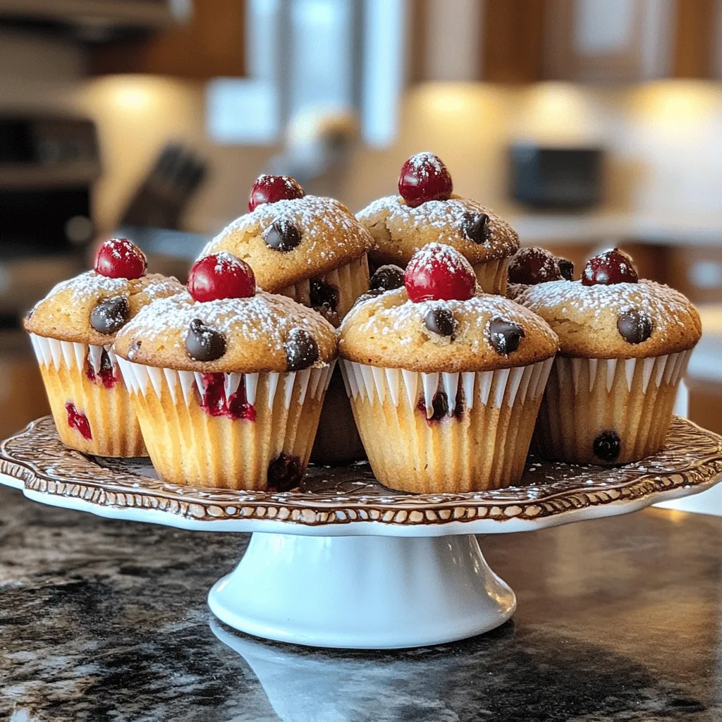 - 1 cup all-purpose flour - 1/2 cup whole wheat flour - 1/2 cup granulated sugar - 1/4 cup brown sugar, packed - 2 teaspoons baking powder - 1/2 teaspoon baking soda - 1/4 teaspoon salt - 2 large eggs - 1/2 cup milk - 1/4 cup vegetable oil - 1 teaspoon vanilla extract - 1 cup fresh cherries, pitted and halved - 1/2 cup dark chocolate chips - 1 tablespoon powdered sugar (for dusting) To make cherry chocolate chip muffins, you need simple ingredients. First, I use all-purpose and whole wheat flour. They give the muffins a nice texture. Next, I mix granulated and brown sugar. This blend adds sweetness and depth to the flavor. I also add baking powder and baking soda. These help the muffins rise. A pinch of salt balances the sweetness. For the wet ingredients, I whisk together eggs, milk, vegetable oil, and vanilla extract. The eggs provide structure, while the milk keeps the muffins moist. The oil adds richness, and the vanilla enhances the taste. Now for the stars of the show: fresh cherries and dark chocolate chips. The cherries burst with flavor, while the chocolate adds a delightful touch. Finally, I use powdered sugar to dust the tops. It gives the muffins a pretty finish. This ingredient list makes the cherry chocolate chip muffins easy and fun to make. You can find the full recipe to get started! 1. First, preheat your oven to 375°F (190°C). This step helps the muffins bake evenly. 2. Next, line your muffin tin with paper liners or lightly grease it with cooking spray. This keeps the muffins from sticking. 3. In a large mixing bowl, combine the all-purpose flour, whole wheat flour, granulated sugar, brown sugar, baking powder, baking soda, and salt. Whisk these dry ingredients together until they look even. 4. In another bowl, whisk the eggs, milk, vegetable oil, and vanilla extract until mixed well. This forms your wet ingredients. 5. Pour the wet mixture into the dry mixture. Stir gently with a wooden spoon or spatula. Be careful not to overmix; a few lumps are fine. 1. Now, fold in the halved cherries and dark chocolate chips. Make sure they spread evenly throughout the batter. 2. Spoon the batter into your prepared muffin tin, filling each cup about two-thirds full. This gives the muffins room to rise. 1. Bake your muffins in the preheated oven for 18-20 minutes. To check for doneness, insert a toothpick into the center of a muffin. If it comes out clean, they are ready. 2. Let the muffins cool in the pan for about 5 minutes. Then, transfer them to a wire rack to cool completely. 3. Once cooled, dust the tops with powdered sugar for a sweet touch. This adds a nice finish to your muffins. For a complete list of ingredients and instructions, refer to the Full Recipe. To bake the best cherry chocolate chip muffins, follow these tips. - Avoid Overmixing: When mixing your batter, stir gently. Overmixing can make muffins tough. You want a tender, fluffy texture. - Check Your Leavening Agents: Make sure your baking powder and baking soda are fresh. Old leavening agents can lead to flat muffins. - Use Room Temperature Ingredients: Eggs and milk should be at room temperature. This helps create a smooth batter. - Fill Muffin Tins Correctly: Fill each cup about two-thirds full. This allows room for the muffins to rise nicely. Presentation matters, especially with these delightful muffins. - Serve on a Colorful Platter: Arrange your muffins on a decorative plate. A bright platter adds visual appeal. - Garnish with Fresh Cherries: Place whole cherries around the muffins. This adds color and hints at the flavors inside. - Dust with Powdered Sugar: A light sprinkle of powdered sugar on top gives a sweet finish. It makes the muffins look even more tempting. - Pair with a Beverage: Serve with coffee, tea, or milk for a complete treat. This makes for a cozy breakfast or snack. For the complete recipe, check the [Full Recipe]. {{image_2}} You can easily change some ingredients in this recipe. Here are some ideas: - Alternative flours or sugars: You can swap all-purpose flour with almond or oat flour. If you want less sugar, try using honey or maple syrup. Just reduce the liquid a bit since these sweeteners are liquid. - Dairy-free or egg-free options: Use almond or oat milk instead of regular milk. For an egg substitute, you can use one tablespoon of flaxseed meal mixed with three tablespoons of water. Let it sit for a few minutes to thicken up. Adding unique flavors can make your muffins stand out. - Adding spices or other fruits: Try adding a pinch of cinnamon or nutmeg for warmth. You can also mix in blueberries or raspberries for a fruity twist. Just keep the same amount for a balanced flavor. - Chocolate variations and additional mix-ins: For a richer taste, use milk or white chocolate chips instead of dark. You can also add nuts like walnuts or pecans for a crunchy texture. Just chop them up and fold them in with the cherries. These variations let you play with flavors and textures. You can make a new version every time you bake! For the full recipe, check out the main guide. To keep your cherry chocolate chip muffins fresh, store them properly. Place the muffins in an airtight container. This keeps moisture in and helps them stay soft. You can also use a zip-top bag for storage. Make sure to remove as much air as possible. You can store muffins at room temperature for up to three days. If your kitchen is warm, they may not last as long. If you want to keep them longer, consider refrigeration. But remember, refrigeration may dry them out a bit. If you choose this option, wrap them in plastic wrap first. Freezing your muffins is a great way to enjoy them later. To freeze muffins correctly, let them cool completely first. Then, wrap each muffin in plastic wrap. After that, place the wrapped muffins in a freezer bag. Make sure to label the bag with the date. For thawing, take a muffin out and let it sit at room temperature. This usually takes about an hour. If you want to warm it up, use the microwave for about 15 seconds. This brings back that fresh-baked taste. Enjoy your muffins any time! For the full recipe, check back to the beginning of this article. What can I use instead of cherries? If you don't have cherries, try using blueberries or raspberries. You can even use chopped strawberries. Each fruit gives a different flavor but stays sweet and yummy. How can I tell if my muffins are done baking? To check if muffins are done, insert a toothpick into the center. If it comes out clean, your muffins are ready. If it has batter on it, bake them a bit longer. Can I make these muffins ahead of time? Yes, you can make these muffins ahead. They taste great for up to two days stored in an airtight container. You can also freeze them for later. What is the best way to reheat muffins? To reheat muffins, place them in the microwave for about 10 to 15 seconds. You can also warm them in an oven at 350°F (175°C) for 5 to 10 minutes. Reheating brings back their soft texture. For the full recipe, check out the Cherry Chocolate Chip Muffins section above. In this blog post, we explored how to make cherry chocolate chip muffins. I shared a detailed list of ingredients and easy step-by-step instructions for mixing and baking. You also learned tips for perfect muffins and fun variations to try. Remember to store them correctly for lasting freshness. Baking can be fun and creative. Enjoy these muffins with friends or family, and don’t be afraid to experiment with flavors. Happy baking!