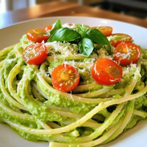 - 2 ripe avocados, halved and pitted - 2 cloves garlic - 2 tablespoons fresh lemon juice - 1/4 cup fresh basil leaves - 1/4 cup extra virgin olive oil - Salt and black pepper to taste - 8 ounces spaghetti or your choice of pasta These fresh ingredients make the dish vibrant and tasty. Ripe avocados give a creamy texture. Fresh lemon juice adds a nice zing. Garlic and basil bring out rich flavors. - 1/4 cup grated Parmesan cheese (optional) - Cherry tomatoes, halved for garnish Adding Parmesan cheese gives a savory touch. Cherry tomatoes add color and sweetness. Feel free to skip these if you prefer a simpler dish. - Large pot for boiling pasta - Food processor for blending sauce - Mixing bowl for combining pasta and sauce - Measuring spoons and cups for accuracy - Tongs or pasta fork for tossing These tools help you prepare the dish with ease. A food processor makes blending quick. A large pot ensures you cook pasta evenly. With these items, you can create this creamy avocado pasta perfectly. For the full recipe, check out the detailed instructions! To start, bring a large pot of salted water to a boil. This adds flavor to your pasta. Add 8 ounces of spaghetti or your pasta choice. Cook according to package instructions until it is al dente, which means firm but not hard. This usually takes about 8 to 10 minutes. When it’s done, reserve 1/2 cup of the pasta water. Drain the pasta and set it aside. Next, we make the creamy avocado sauce. In a food processor, add the following: - 2 ripe avocados, halved and pitted - 2 cloves garlic - 2 tablespoons fresh lemon juice - 1/4 cup fresh basil leaves - 1/4 cup extra virgin olive oil - Salt and black pepper to taste Blend all these ingredients until smooth and creamy. If the sauce is too thick, add a little reserved pasta water. This will help you achieve the perfect consistency. Now, it’s time to mix everything together. In a large mixing bowl, combine your cooked pasta with the avocado sauce. Toss gently until the pasta is well coated. Taste your dish and adjust seasoning with more salt, pepper, or lemon juice if needed. Serve your creamy avocado pasta in bowls. You can add grated Parmesan cheese and halved cherry tomatoes on top for flavor and color. Enjoy this delightful meal! For the full recipe, please refer to the earlier section. To find ripe avocados, look for ones that feel slightly soft when you press them. If they feel too firm, they need more time to ripen. A dark green skin often signals ripeness. You can also check the stem; if it comes off easily and the skin underneath is green, the avocado is ready. Using pasta water helps make your sauce smooth and creamy. When you cook the pasta, save a cup of the water before draining. This water has starch that adds a nice texture. Mix it into the avocado sauce a little bit at a time. It helps the sauce cling to the pasta better. Make your creamy avocado pasta look great on the plate. Serve it in shallow bowls for a nice touch. Drizzle a bit of olive oil on top for shine. Add fresh basil leaves or halved cherry tomatoes for color. A wedge of lemon on the side adds a pop and lets everyone add more flavor. For the full recipe, follow the instructions above! {{image_2}} If you want a vegan version, skip the cheese. You can add nutritional yeast for a cheesy flavor. This keeps it creamy and yummy. You can also use plant-based pasta. It’s a great way to enjoy this dish without animal products. For a gluten-free meal, choose gluten-free pasta. There are many types available, like rice or chickpea pasta. These options taste great and mix well with the creamy sauce. Just cook them as you would regular pasta. Your dish will still be delicious! Add more fun to your pasta by including extras. Try mixing in spinach or arugula for greens. You can also add chopped nuts for crunch. A sprinkle of red pepper flakes brings heat. If you like sweet, add roasted cherry tomatoes. These small changes make the dish exciting. For the full recipe, check the section above. To store leftover creamy avocado pasta, place it in an airtight container. You want to keep it fresh. Add a little lemon juice on top to slow down browning. This will help keep the bright green color. Store it in the fridge and use it within two days for the best taste. When you reheat your creamy avocado pasta, do it slowly. Use a pan over low heat. Add a splash of water or olive oil to keep it creamy. Stir often to avoid burning. You can also microwave it on low power. This method helps keep the sauce smooth and tasty. Freezing creamy avocado pasta isn’t the best option. The texture may change after thawing. If you must freeze it, place the pasta in a freezer bag. Squeeze out the air and seal tightly. You can freeze it for up to a month. When ready to eat, thaw it in the fridge overnight before reheating. Yes, you can make creamy avocado pasta ahead of time. However, the avocado sauce may brown as it sits. To keep it fresh, store the sauce in an airtight container. Add a little lemon juice on top to slow down browning. You can cook the pasta and mix it just before serving. This keeps the dish fresh and tasty. Avocado pasta has many health benefits. Avocados are high in healthy fats, which help your heart. They also contain fiber, which is good for digestion. The garlic in the recipe can boost your immune system. Plus, fresh basil adds vitamins and minerals. This meal is not only delicious but also packed with nutrients. You can easily change the creamy avocado pasta recipe. For a vegan option, skip the Parmesan cheese or use a vegan substitute. If you need gluten-free pasta, choose a gluten-free option like rice or quinoa pasta. You can also add or swap veggies based on your needs. Cherry tomatoes, spinach, or peas add color and flavor. In this blog post, I covered how to make creamy avocado pasta. You learned about fresh ingredients and kitchen tools needed. I shared step-by-step instructions for cooking pasta and blending sauce. Tips helped you choose avocados and make the dish look great. We explored tasty variations and storage tips for leftovers. In closing, this dish is simple and healthy. You'll enjoy experimenting and making it your own. Get cooking and savor every bite!