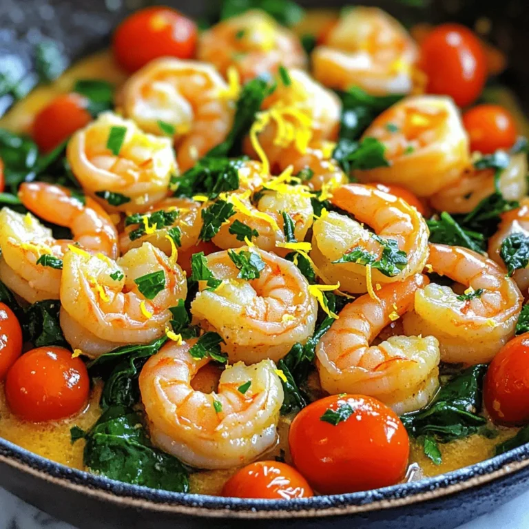 - 1 pound large shrimp - 4 tablespoons unsalted butter - 4 cloves garlic Large shrimp are the star of this dish. They cook fast and soak up all the flavors. I prefer using fresh shrimp when I can. Unsalted butter gives a rich taste and helps the garlic shine. Minced garlic adds depth and a warm aroma that fills your kitchen. - Zest of 1 lemon - 2 tablespoons fresh lemon juice - 1 teaspoon red pepper flakes (adjust to taste) - Salt and pepper to taste - 2 tablespoons fresh parsley, chopped Lemon zest adds a bright note. It wakes up the whole dish. Fresh lemon juice adds zing and balances the butter. Red pepper flakes give a nice kick. You can adjust the heat to your liking. Fresh parsley adds a pop of color and freshness. - 1 cup cherry tomatoes, halved - 1 cup baby spinach Cherry tomatoes bring a sweet burst. They soften and add color. Baby spinach wilts down and adds nutrition. This mix of veggies makes the dish vibrant and healthy. For the full recipe, check out [Full Recipe]. - Prep the shrimp: Start by patting the shrimp dry with paper towels. This helps them sear well. Next, season the shrimp with salt and pepper. Set them aside for later. - Melt the butter: In a large skillet, heat 2 tablespoons of butter over medium heat. Let it melt and get bubbly. This will add rich flavor to our dish. - Sauté garlic: Add minced garlic to the skillet. Cook it for about 1 minute. Keep an eye on it so it does not burn. You want it fragrant and golden. - Cook the shrimp: Turn the heat up to medium-high. Place the shrimp in the skillet in a single layer. Cook them for 2-3 minutes on one side. Watch for the shrimp to turn pink. Flip them over and cook for another 1-2 minutes until they are fully cooked. - Add tomatoes and spinach: Now, stir in the halved cherry tomatoes and baby spinach. Cook until the spinach wilts, which takes about 2 minutes. The bright colors add to the dish's appeal. - Flavor it up: Add the lemon zest, lemon juice, red pepper flakes, and the rest of the butter to the skillet. Stir well to combine all the flavors. Cook for another minute to let everything meld together. - Garnish and serve: Remove the skillet from heat. Sprinkle fresh parsley on top. Adjust the seasoning with salt and pepper to taste. Serve hot, right from the skillet, or plate it beautifully. For more details, check the Full Recipe. Enjoy this quick and tasty meal! To make your shrimp perfect, avoid overcooking. Shrimp cooks fast. When it turns pink and curls slightly, it's ready. If you cook it too long, it becomes tough. Best seasoning practices include using salt and pepper before cooking. This simple step boosts flavor. You can add red pepper flakes for a touch of heat. Adjust the amount based on your taste. Sautéing is key for great flavor. Start by melting butter in a hot skillet. This helps the garlic release its aroma. Add garlic and sauté for about a minute. Be careful not to let it burn. Heat management is important in skillet cooking. Start at medium heat to melt the butter. Then, increase to medium-high for the shrimp. This ensures they cook evenly and quickly. Pair your dish with crusty bread or rice. Both options soak up the delicious sauce. They add a nice texture to the meal. For presentation, serve the shrimp in the skillet for a rustic look. You can also plate each serving. Garnish with fresh parsley and lemon wedges. This adds color and freshness to your dish. For the full recipe, check out the details above. {{image_2}} You can easily swap shrimp for other proteins. Chicken works well here. Just cut it into small pieces. Tofu is a great option for a plant-based meal. Press it to remove excess water. This adds texture and absorbs flavors nicely. For veggies, you have many choices. Bell peppers add sweetness and color. Zucchini can bring a nice crunch. You can even use broccoli or asparagus for a different twist. Want to change the taste? Try adding fresh herbs like basil or cilantro. They give a fresh kick. You can also use dried herbs like oregano or thyme for added depth. Citrus lovers can explore other flavors too. Lime juice and zest can replace lemon. You could even try orange zest for a sweet twist. Each option will give your meal a new vibe. If you want a different cooking style, try oven-baking. Preheat your oven to 400°F. Spread the shrimp and veggies on a baking sheet. Drizzle with the lemon garlic butter and bake for about 10 minutes. Grilling shrimp adds a smoky flavor. Marinate the shrimp in the garlic butter first. Grill them on skewers for about 2-3 minutes per side. You’ll impress everyone at your next cookout. For more tips and a complete guide, check the Full Recipe. To keep your Lemon Garlic Butter Shrimp fresh, store it in an airtight container. This helps lock in flavors and moisture. Let the skillet cool before you pack it away. You can keep it in the fridge for up to three days. If you want to save it longer, freezing is a great option. For the best results, use glass containers. They are safe for reheating and do not absorb odors. If you use plastic, choose BPA-free options that are microwave-safe. When reheating, you want to keep the shrimp juicy and tasty. The stovetop is my go-to method. Heat a non-stick skillet over medium heat. Add a splash of water or a bit of butter to prevent sticking. Once warm, add your shrimp and heat for about 2-3 minutes. Stir gently to ensure even warming. You can also use a microwave. Place the shrimp in a microwave-safe dish. Cover it with a damp paper towel. Heat in short bursts of 30 seconds, checking in between. This method works, but it may not keep the same texture as the stovetop. If you have leftover shrimp, you can freeze them for later. Place the shrimp in a single layer on a baking sheet. Freeze until solid, then transfer to a freezer bag. Squeeze out as much air as you can. This helps prevent freezer burn. Frozen shrimp can last for up to three months. When you're ready to use frozen shrimp, thaw them in the fridge overnight. You can also run cold water over the sealed bag. Avoid thawing at room temperature, as it can lead to bacteria growth. After thawing, use the shrimp within one day for the best taste. To make this dish, follow these steps: 1. Prep the Shrimp: Pat the shrimp dry. Season with salt and pepper. 2. Melt the Butter: In a large skillet, melt 2 tablespoons of butter over medium heat. 3. Sauté Garlic: Add minced garlic and sauté for about 1 minute. 4. Cook the Shrimp: Raise the heat to medium-high. Add the shrimp and cook for 2-3 minutes on one side. Flip and cook 1-2 more minutes until pink. 5. Add Tomatoes and Spinach: Stir in cherry tomatoes and spinach. Cook until spinach wilts, about 2 minutes. 6. Flavor It Up: Add lemon zest, lemon juice, red pepper flakes, and the remaining butter. Stir and cook for another minute. 7. Garnish and Serve: Remove from heat, add parsley, and adjust seasoning as needed. This dish pairs well with: - Crusty bread for dipping. - Rice to soak up the sauce. - Pasta for a hearty meal. - A fresh salad for a light side. Yes, you can use frozen shrimp. Here are some tips: - Thawing: Thaw shrimp in the fridge overnight or under cold water for quick results. - Cooking: Cook them a bit longer to ensure they heat through. - Freshness: Fresh shrimp may taste better, but frozen works fine. Yes, this recipe is great for meal prep. Here are some storage tips: - Storing: Store in airtight containers in the fridge for up to 3 days. - Reheating: Reheat in the microwave or on the stove over low heat. Add a splash of water to keep it moist. - Freezing: You can freeze leftovers, but the texture may change when thawed. For the complete recipe, check the [Full Recipe]. This blog post detailed how to make a delicious Lemon Garlic Butter Shrimp Skillet. We covered the main ingredients like shrimp, butter, and garlic. You learned about cooking steps, tips for perfect shrimp, and fun variations. Serving ideas and storage tips helped wrap up your cooking journey. Incorporating these steps will enhance your cooking skills. Enjoy trying new flavors and techniques. Happy cooking!