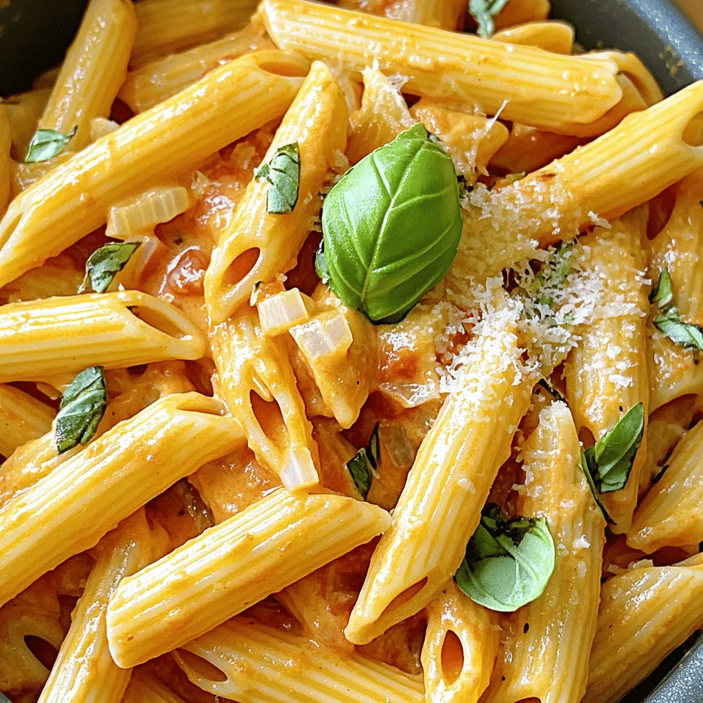 To make this tasty dish, you need: - 12 oz (340g) penne pasta - 1 tablespoon olive oil - 1 medium onion, finely chopped - 3 cloves garlic, minced - 1 teaspoon red pepper flakes (optional) - 1 (14 oz) can crushed tomatoes - 2 cups vegetable broth - 1 cup heavy cream - 1 teaspoon dried basil - 1 teaspoon dried oregano - Salt and pepper to taste - ½ cup grated Parmesan cheese (plus extra for serving) - Fresh basil leaves for garnish You can add these to make your pasta even better: - A splash of balsamic vinegar for tang - Spinach or kale for some green goodness - A pinch of sugar to balance the acidity of the tomatoes If you have dietary needs, here are some swaps: - Use gluten-free pasta for a gluten-free dish - Almond or coconut milk can replace heavy cream - Nutritional yeast can stand in for Parmesan cheese This recipe comes together quickly and brings comfort to your table. For the full recipe, check out the details above! To make One-Pot Creamy Tomato Pasta, start by heating olive oil in a large pot over medium heat. Add finely chopped onion and cook for about 4-5 minutes until it looks clear. Next, stir in minced garlic and the optional red pepper flakes. Cook this for 1-2 minutes until you smell the garlic. Then, add the crushed tomatoes, vegetable broth, and heavy cream to the pot. Mix everything well. Bring the mixture to a light boil. Once it bubbles, add the penne pasta. Make sure the pasta is fully covered by the sauce. Cover the pot and let it cook for 12-15 minutes. Stir it every few minutes to keep it from sticking. Check if the pasta is al dente and has soaked up most of the liquid. When the pasta is ready, take the pot off the heat. Stir in grated Parmesan cheese, and season with salt and pepper. If you find the sauce too thick, add a bit more broth or cream to thin it out. Serve it hot with fresh basil leaves and extra Parmesan on top. To get the best pasta, use a large pot to give it room. Stir it often during cooking to stop it from clumping together. Make sure to check the pasta a minute or two before the time is up. You want it firm but cooked through. If it seems too dry, add a little more broth or cream to keep it creamy. - Heating olive oil and cooking onion: 4-5 minutes - Adding garlic and red pepper flakes: 1-2 minutes - Mixing in tomatoes, broth, and cream: 2 minutes - Bringing to a simmer: 2-3 minutes - Cooking penne pasta: 12-15 minutes - Stirring in cheese and seasoning: 2 minutes This breakdown helps you see how quickly this dish comes together. You can prepare a tasty meal in just about 25 minutes using the Full Recipe. Enjoy the rich flavors and creamy texture of this comforting dish! One of the biggest mistakes is overcooking the pasta. Pasta should be al dente. It cooks more in the pot after you add the cream. Another mistake is adding all the ingredients at once. Start with the aromatics like onion and garlic. This builds a strong base for flavor. Skipping the seasoning can ruin your dish. Always taste and adjust salt and pepper as you go. To make cleanup easy, use a large pot. Cook everything in this pot to reduce dishes. Line your pot with parchment paper if you want. This helps with sticking. Use a wooden spoon to avoid scratches. Clean as you go. Rinse utensils and bowls right after use. This saves time later. To enhance your one-pot creamy tomato pasta, add fresh herbs. Fresh basil adds a bright taste. You can also try thyme or parsley. For a kick, include a pinch of red pepper flakes. If you want a deeper flavor, add a splash of balsamic vinegar. A dash of lemon juice can brighten the dish, too. For more richness, consider a sprinkle of smoked paprika or a bit of nutmeg. These small additions can make a big difference. {{image_2}} You can make this dish vegetarian or vegan easily. To make it vegetarian, just use vegetable broth and keep the heavy cream. For a vegan version, swap the heavy cream for coconut milk or cashew cream. This keeps the dish rich and creamy. You can also add nutritional yeast for a cheesy flavor. Using vegan cheese can add extra taste too. If you want to add protein, chicken or shrimp works well. For chicken, cut it into small pieces and cook it with the onion at the start. This helps it soak up all the great flavors. For shrimp, add them when you stir in the pasta. Cook them just until they turn pink. This keeps them tender and juicy. Adding veggies boosts nutrition and flavor. Spinach, bell peppers, or zucchini are great options. You can toss them in with the garlic for a few minutes to soften them. You can also use frozen peas or broccoli. Just stir them in during the last few minutes of cooking. This keeps them bright and fresh. Feel free to get creative with these ideas! You can find the Full Recipe at the end for all the details. To keep your One-Pot Creamy Tomato Pasta fresh, first let it cool. Place it in an airtight container. Store it in the fridge for up to three days. This way, you can enjoy it later without losing flavor. When you reheat, use a pot on low heat. Add a splash of vegetable broth or cream to keep it creamy. Stir often to avoid sticking. You can also microwave it in a bowl. Cover it with a damp paper towel. Heat in short bursts, stirring in between. If you want to freeze your pasta, use a freezer-safe container. Portion it out into single servings for easy meals. It will stay good for up to three months. To reheat, let it thaw overnight in the fridge. Then, reheat as mentioned above for the best results. It takes about 25 minutes to make One-Pot Creamy Tomato Pasta. You spend 10 minutes prepping and 15 minutes cooking. This quick time makes it great for busy nights. You can enjoy a tasty meal without a lot of fuss. Yes, you can use different types of pasta. Penne works well, but you can try spaghetti, fusilli, or farfalle. Just keep an eye on cooking times, as they may vary. Remember, thicker pasta may take longer to cook. You can use several substitutes for heavy cream. A popular choice is half-and-half. You can also use coconut milk for a dairy-free option. Another option is to blend silken tofu with a bit of water. Each choice will give a different flavor and texture. We covered the key steps to make One-Pot Creamy Tomato Pasta. You learned about essential ingredients, cooking instructions, and tips to avoid common mistakes. We also discussed fun variations and how to store leftovers. This easy dish is perfect for busy nights. Try adding your favorite proteins or veggies for an extra twist. With these tips, you can simplify cooking and enjoy delicious pasta any time. Happy cooking!