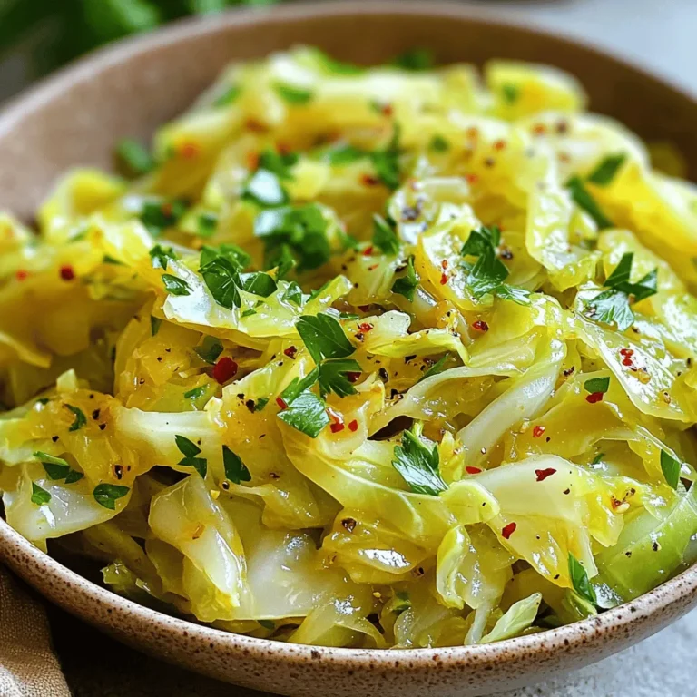 - 1 medium head of green cabbage, shredded - 4 cloves of garlic, minced - 2 tablespoons olive oil - 1 tablespoon butter - 1 teaspoon red pepper flakes (optional for heat) - 2 tablespoons apple cider vinegar - Salt and pepper to taste - Fresh parsley, chopped (for garnish) You might want to switch up the cabbage. Try savoy or napa cabbage for a twist. If you are out of garlic, shallots make a great substitute. For a vegan dish, simply skip the butter and use more olive oil. Choosing the right cabbage is key. Look for firm heads with no brown spots. Fresh garlic should feel firm and have a strong smell. For olive oil, select extra virgin for the best flavor. Shredding the cabbage Start with one medium head of green cabbage. Cut it into quarters and remove the core. Then, shred the cabbage into thin strips. This will help it cook evenly and quickly. After shredding, rinse the cabbage under cold water to clean it. Set it aside in a colander to drain. Mincing the garlic Next, take four cloves of garlic. Peel them and chop them finely. A sharp knife works best for this. You want small pieces to release their flavor while cooking. If you have a garlic press, that can work too. Just make sure to get those flavors ready! Heating olive oil and butter In a large skillet, pour in two tablespoons of olive oil and one tablespoon of butter. Heat the skillet over medium heat. You want the oil and butter to shimmer, but not smoke. This is important for a good sauté. Sautéing garlic Once the oil and butter are ready, add the minced garlic to the skillet. Stir it continuously for about one minute. You want it to smell fragrant, but not browned. Overcooking the garlic can make it bitter. Adding cabbage and spices Now, increase the heat a bit and add your shredded cabbage to the skillet. Stir well to coat the cabbage with the oil and garlic. Sprinkle in one teaspoon of red pepper flakes, salt, and pepper to taste. Cook the cabbage for about 7 to 10 minutes. Stir occasionally until it softens and caramelizes slightly. Incorporating apple cider vinegar After the cabbage is tender, pour in two tablespoons of apple cider vinegar. This adds a nice tang. Stir it well to mix everything together. Let it cook for an additional two minutes to blend the flavors. Adjusting seasoning Finally, taste your sautéed cabbage. Adjust the seasoning as needed. If you like, add more salt, pepper, or vinegar. For the full recipe, check out my instructions above! To make garlic sautéed cabbage even more tasty, you can add herbs and spices. Fresh herbs like thyme or dill work well. You can also try dried herbs, such as oregano or basil. These add depth to your dish. Adding a splash of acidity can brighten flavors. Use apple cider vinegar or a squeeze of lemon juice. This extra tang cuts through the richness of the butter. It makes the cabbage taste fresh and lively. The best way to sauté cabbage is over medium heat. This allows the cabbage to cook evenly and become tender. Use a large skillet for plenty of space. It helps the cabbage cook without steaming. Stirring is key while cooking. It helps to coat the cabbage with oil and garlic. Stirring also prevents burning. Aim to stir every minute or so for the best results. When serving garlic sautéed cabbage, plate it in a shallow bowl or on a platter. This allows everyone to see the beautiful colors. Drizzle a bit of extra olive oil on top for shine. Garnish with fresh parsley for a pop of color. You can also sprinkle some red pepper flakes for extra heat. These small touches make your dish look gourmet and inviting. For the full recipe, check out the Garlic Sautéed Cabbage Delight! {{image_2}} You can easily add protein to garlic sautéed cabbage. Chicken and shrimp work well. Cook the protein first, then add the garlic and cabbage. This gives you a tasty, filling dish. You can also mix in other vegetables. Carrots and bell peppers add color and crunch. Just chop them small and add them with the cabbage. For a vegan version, skip the butter. Use more olive oil instead. This keeps the dish rich and tasty. Garlic sautéed cabbage is naturally gluten-free. It fits into many diets. If you want a low-carb meal, this dish is great. Cabbage is low in carbs and high in fiber. You can give garlic sautéed cabbage a twist with global flavors. For an Asian flair, add soy sauce or sesame oil. This gives the dish a savory kick. For a Mediterranean touch, try adding feta or olives. These ingredients bring a salty, creamy flavor to your meal. Each variation adds something new and exciting to this simple dish. For more ideas, check out the Full Recipe. After you make garlic sautéed cabbage, you will want to store any leftovers properly. First, place the cabbage in a clean, airtight container. This helps keep it fresh. Store it in the fridge for up to four days. Make sure to let the cabbage cool before sealing the container. This step prevents moisture buildup. If you want to save garlic sautéed cabbage for a longer time, freezing is a great option. To freeze it, let the sautéed cabbage cool completely. Then, place it in a freezer-safe bag or container. Remove as much air as possible. This helps prevent freezer burn. When you’re ready to eat it, thaw the cabbage in the fridge overnight. Reheat it on the stove over low heat. Stir it gently to maintain the texture. Garlic sautéed cabbage lasts about four days in the fridge. After that, it may spoil. Look for signs of spoilage like a sour smell or discoloration. If you see any mold, toss it out right away. Keeping an eye on your leftovers helps you enjoy this tasty dish while it's fresh. For the full recipe, check the earlier sections. Yes, you can mix different vegetables with cabbage. Try carrots, bell peppers, or onions. Each vegetable adds its own flavor and texture. For carrots, slice them thin and add them with the cabbage. Bell peppers can go in at the same time as the garlic. Onions should be cooked first for about 2 minutes before you add the cabbage. This way, each vegetable cooks just right. Garlic sautéed cabbage works great with many meals. It pairs nicely with grilled meats like chicken or pork. You can also serve it with rice or quinoa for a healthy option. Try it with fried eggs for a simple breakfast or brunch. Its savory taste complements dishes like stir-fries or tacos. Yes, garlic sautéed cabbage is very healthy. Cabbage is low in calories but high in vitamins C and K. It also has fiber, which is great for digestion. Garlic adds health benefits too, helping to boost your immune system. Using olive oil adds healthy fats. Overall, this dish is nutritious and delicious! This blog post covered essential ingredients for garlic sautéed cabbage and how to prepare it. I provided tips for flavor, cooking techniques, and variations to fit your taste. Remember, fresh ingredients make a big impact. Explore alternative vegetables and seasonings to make the dish your own. Finally, proper storage will keep your leftovers tasty. Enjoy experimenting with this simple, healthy recipe that you can adapt in many ways. Your next meal is waiting.