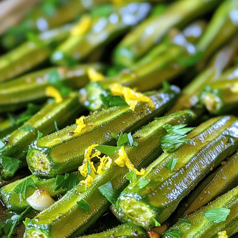 To make Lemon Herb Roasted Okra, you will need: - 1 pound fresh okra, trimmed - 2 tablespoons olive oil - Zest of 1 lemon - Juice of 1 lemon - 2 cloves garlic, minced - 1 teaspoon dried thyme - 1 teaspoon dried oregano - ½ teaspoon smoked paprika - Salt and pepper to taste - Fresh parsley, chopped (for garnishing) Using fresh okra is key. Look for bright green pods. They should feel firm and smooth. Try to select okra that is less than four inches long. For the best taste, use fresh herbs. Fresh thyme and oregano can add more flavor than dried ones. When using lemon, make sure it is juicy and firm. If you can, zest it right before cooking. This keeps the oils fresh and flavorful. Keep all ingredients stored properly to maintain freshness. If you cannot find fresh okra, frozen okra can work. Just thaw it first. You can swap olive oil for avocado oil or canola oil if needed. For herbs, try using Italian seasoning instead of thyme and oregano. If you want more zest, add a bit of lemon pepper. You can also skip the smoked paprika if you prefer a milder flavor. Garnish with cilantro or chives instead of parsley for a twist. For the full recipe, check out Full Recipe. First, wash the okra well under cold water. Trim the ends to remove any tough parts. Dry the okra with a clean towel. You want to remove as much moisture as possible. This helps it roast better. In a large bowl, combine the okra with olive oil, lemon zest, and lemon juice. Add minced garlic, dried thyme, dried oregano, and smoked paprika. Sprinkle salt and pepper over the mix. Toss everything together. Make sure each piece of okra is coated well. This step is key for great flavor! Preheat your oven to 425°F (220°C). Spread the okra on a baking sheet in a single layer. Avoid crowding the pan; this helps the okra roast evenly. Roast for 15-20 minutes. Halfway through, shake the pan gently to turn the okra. You want it tender and slightly crispy. When done, let it cool for a few minutes. Garnish with fresh parsley before serving. Enjoy your Lemon Herb Roasted Okra! For a detailed guide, check the Full Recipe. To get that nice crunch, always use fresh okra. Fresh okra has a firmer texture. Cut the okra into equal pieces for even cooking. Spread them out on the baking sheet. Avoid overcrowding the pan; this helps them crisp up nicely. Shake the pan halfway through cooking. This action helps the okra cook evenly and get crispy all around. Lemon adds a bright taste to the okra. You can try different herbs like rosemary or basil for a twist. Adding a bit of cayenne pepper gives it a spicy kick. If you want a smoky flavor, increase the smoked paprika. For a creamy touch, serve with yogurt or tahini sauce. These additions can take your dish from good to great! You can serve Lemon Herb Roasted Okra as a side dish or snack. It pairs well with grilled chicken or fish. For a vegetarian meal, serve it over rice or quinoa. Garnish with fresh parsley for a pop of color. This dish is also great for parties. Guests will love the unique taste and crunch! For the full recipe, check out the [Full Recipe]. {{image_2}} You can change the flavors in Lemon Herb Roasted Okra by using different spices. Try adding cumin for a warm, earthy taste. For a kick, use chili powder or cayenne. If you love herbs, mix in basil or rosemary. Each choice brings a new twist, making the dish exciting every time. You can also add other veggies to your okra. Bell peppers, zucchini, or carrots roast well with okra. Cut them into similar sizes for even cooking. This mix not only adds color but also boosts nutrition. You get a tasty medley that is fun to eat. This recipe is naturally vegan and gluten-free. You don’t need to change much to keep it that way. Just use fresh ingredients and the right seasonings. If you want more protein, add chickpeas or lentils. They roast nicely and pair well with okra. This makes for a filling dish that everyone can enjoy. These variations keep your Lemon Herb Roasted Okra fresh and fun. You can explore new tastes while keeping the dish simple. Check out the Full Recipe for more details! You can store leftover Lemon Herb Roasted Okra in the fridge. Place it in an airtight container. It stays fresh for about three days. When you are ready to eat, check for any signs of spoilage. If it looks or smells off, throw it away. Always trust your senses when it comes to food safety. Freezing okra is a great option if you want to keep it longer. First, let the okra cool completely. Then, place it in a freezer-safe bag. Make sure to remove as much air as possible. Label the bag with the date. Frozen okra can last up to six months. When ready to use, thaw it in the fridge overnight. Reheating Lemon Herb Roasted Okra is simple. You can use the oven for the best results. Preheat your oven to 350°F (175°C). Spread the okra on a baking sheet. Heat for about 10 minutes or until warm. You can also use a microwave, but it may lose some crispiness. If using a microwave, cover it loosely with a paper towel. Enjoy your tasty leftovers! Yes, you can use frozen okra. However, fresh okra tastes better. Frozen okra may have more moisture. To use frozen, thaw it first. Pat it dry with a towel. This helps keep the okra crispy when roasted. To add heat, use a pinch of cayenne pepper. You can also add red pepper flakes. Mix them in with your seasonings. If you want more flavor, add hot sauce as a garnish. Adjust the amount based on your spice level. Lemon Herb Roasted Okra goes well with many dishes. It pairs nicely with grilled chicken or fish. You can serve it alongside rice or quinoa. It also works well in tacos or salads. For a fun twist, try it with a spicy dip. For the full recipe, refer to the Lemon Herb Roasted Okra section. This blog covered how to make Lemon Herb Roasted Okra, step by step. We explored the best ingredients, tips for freshness, and ways to substitute them. You learned how to prepare, season, and roast okra to get that perfect crispy texture. I also shared flavor tips, variations, and how to store leftovers properly. Embrace your cooking journey with this tasty dish. Enjoy exploring your own flavor twists!