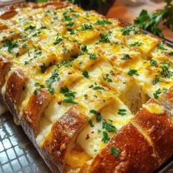 - 1 large loaf of artisanal bread (sourdough or ciabatta) - 1 cup shredded mozzarella cheese - 1 cup shredded cheddar cheese - 4 tablespoons unsalted butter, melted - 3-4 cloves garlic, minced - 1 tablespoon fresh parsley, chopped - 1 teaspoon garlic powder - Salt and pepper to taste - ½ teaspoon red pepper flakes (optional) - Extra cheese varieties (e.g., Parmesan or Gouda) - Fresh herbs (e.g., thyme or basil) - Serrated bread knife - Brush or spoon for applying the garlic mixture - Aluminum foil The main ingredients make this bread so tasty. You need a good loaf of artisanal bread. Sourdough or ciabatta works best. The cheese adds richness. Mozzarella and cheddar mixed together create a great flavor. Garlic gives it a punch, while butter adds moisture. Fresh parsley brightens the taste. Do not forget the garlic powder for extra depth. Red pepper flakes add a bit of heat if you like spice. You can customize your cheesy pull-apart garlic bread. Add different cheese types like Parmesan or Gouda for more flavor. Fresh herbs like thyme or basil can enhance the taste too. Gathering the right tools is key. A serrated bread knife helps cut the bread without crushing it. A brush or spoon makes applying the garlic mixture easier. Finally, aluminum foil helps keep the bread warm and toasty while baking. For the full recipe, check the instructions to bring this cheesy delight to life! - Preheat your oven to 375°F (190°C). - In a bowl, mix melted butter with minced garlic, parsley, garlic powder, salt, pepper, and red pepper flakes. This garlic butter will add great flavor. - Take your loaf and cut it lengthwise, then crosswise. Make sure not to cut all the way through the bottom. This helps the bread stay together. - Place the loaf on a sheet of aluminum foil. The shiny side should face up. - Drizzle your garlic butter into all the cuts. Make sure it soaks in well. - Stuff shredded mozzarella and cheddar cheese into the cuts of the bread. Spread it evenly so every bite is cheesy. - Wrap the loaf in the foil, then put it on a baking sheet. This keeps the bread moist while it bakes. Now, your cheesy pull-apart garlic bread is ready for the oven. Enjoy the rich aroma as it bakes! For the full recipe, refer to the recipe section above. To get that perfect melt, choose melty cheeses like mozzarella and cheddar. These cheeses stretch and ooze beautifully. If you want a twist, try adding some creamy Gouda or sharp Parmesan. Distributing the garlic butter evenly is key. Use a brush or spoon and spread it into the cuts of the bread. Make sure it seeps deep inside. This helps every piece soak up that rich, garlicky flavor. Baking times can change based on the bread type. For softer breads like ciabatta, bake for about 15-20 minutes. For crustier breads like sourdough, you may need 20-25 minutes. After baking, open the foil and turn on the broiler for 5-10 minutes. This step adds that extra crispiness on top. Keep an eye on it, so it doesn’t burn. For dips, marinara or creamy ranch work great. They add a nice touch to the cheesy garlic bread. You can also serve it with a fresh salad for balance. When plating, arrange the bread on a wooden board for a rustic look. Garnish with extra parsley for color. This makes it even more inviting for guests. {{image_2}} You can spice up your pull-apart bread easily. To make spicy garlic cheese pull-apart bread, add chili flakes or diced jalapeños. This will give your bread a nice kick. If you want fresh flavors, try using different herbs like thyme or basil. Mixing in herbs adds a new depth to the taste. Experimenting with cheese makes this dish even better. You can blend in feta cheese for a tangy taste or pepper jack for a spicy twist. If you need a dairy-free option, use vegan cheese. There are many great substitutes that melt well and taste delicious. The type of bread you use can change the whole dish. Instead of sourdough or ciabatta, try a baguette or a soft dinner roll. Each bread adds its own flavor and texture. If you feel adventurous, you can even make homemade bread. Fresh-baked bread can elevate your cheesy pull-apart garlic bread to new heights. For the full recipe, check out the details above! After enjoying your cheesy pull-apart garlic bread, store any leftovers carefully. Wrap the bread tightly in plastic wrap. This keeps it fresh and prevents it from drying out. Place the wrapped bread in the fridge. It stays good for about three days. To freeze your cheesy pull-apart garlic bread, first let it cool completely. Wrap it tightly in plastic wrap, then in aluminum foil. This double wrapping prevents freezer burn. Label the package with the date. You can freeze it for up to three months. When you’re ready to eat, take it out of the freezer. Unwrap it and let it thaw in the fridge overnight. To reheat, preheat your oven to 375°F (190°C). Place the bread on a baking sheet. Bake for about 15-20 minutes until warm. This method restores the cheesy, gooey texture. When serving stored or frozen garlic bread, ensure it is warm. If it feels a bit dry, drizzle a little olive oil or melted butter on top. This helps bring back moisture. You can also sprinkle some fresh herbs for added flavor. Enjoy this tasty treat just like you made it fresh! Cheesy pull-apart garlic bread is a fun, tasty dish. It features a soft loaf of bread filled with gooey cheese and rich garlic flavor. Common ingredients include: - 1 large loaf of artisanal bread (like sourdough or ciabatta) - 1 cup shredded mozzarella cheese - 1 cup shredded cheddar cheese - 4 tablespoons unsalted butter, melted - 3-4 cloves garlic, minced - 1 tablespoon fresh parsley, chopped - 1 teaspoon garlic powder - Salt and pepper to taste - ½ teaspoon red pepper flakes (optional for heat) This dish is perfect for sharing at parties or family gatherings. You pull apart the pieces, making it easy to enjoy! Yes, you can prep cheesy pull-apart garlic bread ahead of time. You can make the garlic butter mixture and cut the bread a few hours before baking. Just keep the bread wrapped in foil in the fridge. When you're ready to serve, bake it as the recipe suggests. Cheesy pull-apart garlic bread pairs well with many dishes. Here are some ideas: - Tomato soup for a classic combo - Salad for a fresh side - Pasta dishes for a hearty meal - Grilled meats for a tasty barbecue These options make your meal more complete and delicious! For the detailed cooking steps and measurements, check out the [Full Recipe](#). This guide covered how to make cheesy pull-apart garlic bread. We listed key ingredients, tools, and step-by-step instructions. I've shared tips for perfect melting cheese and ideas for serving. You can also explore fun variations using different breads or cheeses. In closing, cheesy garlic bread is a fun dish to make and enjoy. Experiment with flavors and share it with friends. You'll impress everyone with your skills!