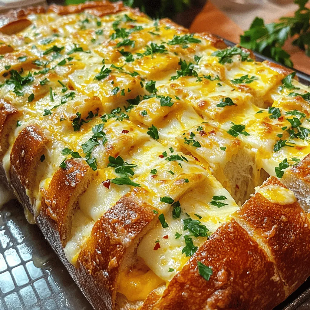 - 1 large loaf of artisanal bread (sourdough or ciabatta) - 1 cup shredded mozzarella cheese - 1 cup shredded cheddar cheese - 4 tablespoons unsalted butter, melted - 3-4 cloves garlic, minced - 1 tablespoon fresh parsley, chopped - 1 teaspoon garlic powder - Salt and pepper to taste - ½ teaspoon red pepper flakes (optional) - Extra cheese varieties (e.g., Parmesan or Gouda) - Fresh herbs (e.g., thyme or basil) - Serrated bread knife - Brush or spoon for applying the garlic mixture - Aluminum foil The main ingredients make this bread so tasty. You need a good loaf of artisanal bread. Sourdough or ciabatta works best. The cheese adds richness. Mozzarella and cheddar mixed together create a great flavor. Garlic gives it a punch, while butter adds moisture. Fresh parsley brightens the taste. Do not forget the garlic powder for extra depth. Red pepper flakes add a bit of heat if you like spice. You can customize your cheesy pull-apart garlic bread. Add different cheese types like Parmesan or Gouda for more flavor. Fresh herbs like thyme or basil can enhance the taste too. Gathering the right tools is key. A serrated bread knife helps cut the bread without crushing it. A brush or spoon makes applying the garlic mixture easier. Finally, aluminum foil helps keep the bread warm and toasty while baking. For the full recipe, check the instructions to bring this cheesy delight to life! - Preheat your oven to 375°F (190°C). - In a bowl, mix melted butter with minced garlic, parsley, garlic powder, salt, pepper, and red pepper flakes. This garlic butter will add great flavor. - Take your loaf and cut it lengthwise, then crosswise. Make sure not to cut all the way through the bottom. This helps the bread stay together. - Place the loaf on a sheet of aluminum foil. The shiny side should face up. - Drizzle your garlic butter into all the cuts. Make sure it soaks in well. - Stuff shredded mozzarella and cheddar cheese into the cuts of the bread. Spread it evenly so every bite is cheesy. - Wrap the loaf in the foil, then put it on a baking sheet. This keeps the bread moist while it bakes. Now, your cheesy pull-apart garlic bread is ready for the oven. Enjoy the rich aroma as it bakes! For the full recipe, refer to the recipe section above. To get that perfect melt, choose melty cheeses like mozzarella and cheddar. These cheeses stretch and ooze beautifully. If you want a twist, try adding some creamy Gouda or sharp Parmesan. Distributing the garlic butter evenly is key. Use a brush or spoon and spread it into the cuts of the bread. Make sure it seeps deep inside. This helps every piece soak up that rich, garlicky flavor. Baking times can change based on the bread type. For softer breads like ciabatta, bake for about 15-20 minutes. For crustier breads like sourdough, you may need 20-25 minutes. After baking, open the foil and turn on the broiler for 5-10 minutes. This step adds that extra crispiness on top. Keep an eye on it, so it doesn’t burn. For dips, marinara or creamy ranch work great. They add a nice touch to the cheesy garlic bread. You can also serve it with a fresh salad for balance. When plating, arrange the bread on a wooden board for a rustic look. Garnish with extra parsley for color. This makes it even more inviting for guests. {{image_2}} You can spice up your pull-apart bread easily. To make spicy garlic cheese pull-apart bread, add chili flakes or diced jalapeños. This will give your bread a nice kick. If you want fresh flavors, try using different herbs like thyme or basil. Mixing in herbs adds a new depth to the taste. Experimenting with cheese makes this dish even better. You can blend in feta cheese for a tangy taste or pepper jack for a spicy twist. If you need a dairy-free option, use vegan cheese. There are many great substitutes that melt well and taste delicious. The type of bread you use can change the whole dish. Instead of sourdough or ciabatta, try a baguette or a soft dinner roll. Each bread adds its own flavor and texture. If you feel adventurous, you can even make homemade bread. Fresh-baked bread can elevate your cheesy pull-apart garlic bread to new heights. For the full recipe, check out the details above! After enjoying your cheesy pull-apart garlic bread, store any leftovers carefully. Wrap the bread tightly in plastic wrap. This keeps it fresh and prevents it from drying out. Place the wrapped bread in the fridge. It stays good for about three days. To freeze your cheesy pull-apart garlic bread, first let it cool completely. Wrap it tightly in plastic wrap, then in aluminum foil. This double wrapping prevents freezer burn. Label the package with the date. You can freeze it for up to three months. When you’re ready to eat, take it out of the freezer. Unwrap it and let it thaw in the fridge overnight. To reheat, preheat your oven to 375°F (190°C). Place the bread on a baking sheet. Bake for about 15-20 minutes until warm. This method restores the cheesy, gooey texture. When serving stored or frozen garlic bread, ensure it is warm. If it feels a bit dry, drizzle a little olive oil or melted butter on top. This helps bring back moisture. You can also sprinkle some fresh herbs for added flavor. Enjoy this tasty treat just like you made it fresh! Cheesy pull-apart garlic bread is a fun, tasty dish. It features a soft loaf of bread filled with gooey cheese and rich garlic flavor. Common ingredients include: - 1 large loaf of artisanal bread (like sourdough or ciabatta) - 1 cup shredded mozzarella cheese - 1 cup shredded cheddar cheese - 4 tablespoons unsalted butter, melted - 3-4 cloves garlic, minced - 1 tablespoon fresh parsley, chopped - 1 teaspoon garlic powder - Salt and pepper to taste - ½ teaspoon red pepper flakes (optional for heat) This dish is perfect for sharing at parties or family gatherings. You pull apart the pieces, making it easy to enjoy! Yes, you can prep cheesy pull-apart garlic bread ahead of time. You can make the garlic butter mixture and cut the bread a few hours before baking. Just keep the bread wrapped in foil in the fridge. When you're ready to serve, bake it as the recipe suggests. Cheesy pull-apart garlic bread pairs well with many dishes. Here are some ideas: - Tomato soup for a classic combo - Salad for a fresh side - Pasta dishes for a hearty meal - Grilled meats for a tasty barbecue These options make your meal more complete and delicious! For the detailed cooking steps and measurements, check out the [Full Recipe](#). This guide covered how to make cheesy pull-apart garlic bread. We listed key ingredients, tools, and step-by-step instructions. I've shared tips for perfect melting cheese and ideas for serving. You can also explore fun variations using different breads or cheeses. In closing, cheesy garlic bread is a fun dish to make and enjoy. Experiment with flavors and share it with friends. You'll impress everyone with your skills!