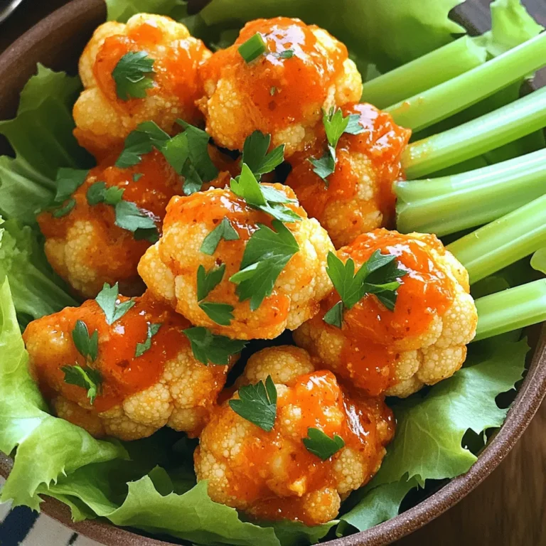 - 1 medium head of cauliflower, cut into bite-sized florets - 1 cup all-purpose flour - 1 cup water - 1 teaspoon garlic powder - 1 teaspoon onion powder - 1 teaspoon smoked paprika - ½ teaspoon cayenne pepper (adjust to taste) - Salt and pepper to taste - ½ cup hot sauce (like Frank's RedHot) - 2 tablespoons unsalted butter, melted - Fresh parsley, chopped (for garnish) Gather these ingredients before starting. Fresh cauliflower gives the best taste. The spices add flavor and heat. You can change the hot sauce to suit your taste. - Baking sheet - Parchment paper - Mixing bowl - Whisk Make sure you have these tools ready. The baking sheet helps with even cooking. Parchment paper makes cleanup easy. A whisk helps mix the batter well. - Preheat oven and prepare baking sheet - Whisk dry ingredients together First, set your oven to 450°F (230°C). Line your baking sheet with parchment paper. This helps the bites cook evenly. In a large bowl, mix the flour, garlic powder, onion powder, smoked paprika, cayenne pepper, salt, and pepper. - Combine flour and water with seasonings - Ensure a smooth consistency Next, add water to the dry mix. Stir until you have a smooth batter. The batter should coat the cauliflower well. - Dip cauliflower florets in batter - Initial baking time and temperature - Tossing in sauce and additional baking time Now, dip each cauliflower floret into the batter. Make sure they are fully covered. Place them on the baking sheet. Bake for 20-25 minutes until golden and crispy. While they bake, mix your hot sauce and melted butter in a bowl. When the cauliflower is ready, toss them in the sauce. Return them to the oven for another 10 minutes. This helps the sauce stick. For the full recipe, you can check the instructions provided earlier. Enjoy your crispy Buffalo cauliflower bites! To make sure your Buffalo Cauliflower Bites are crispy, follow some simple steps. First, preheat your oven to 450°F (230°C). A hot oven helps them cook quickly and evenly. Next, use parchment paper on your baking sheet. This prevents sticking and helps with crispiness. Be mindful of your batter. It should be thick enough to coat each floret. If it’s too runny, add a bit more flour. Lastly, bake them until golden brown. This usually takes about 20-25 minutes. Adjusting cayenne pepper can control the heat level. If you want a milder version, start with less cayenne. You can always add more later if you prefer a spicier kick. If you need gluten-free options, you can use almond or rice flour instead of all-purpose flour. These flours work well and still give you a nice coating. For those who avoid dairy, substitute vegan butter with olive oil or coconut oil. These options will keep your bites tasty without losing flavor. To impress guests, present your Buffalo Cauliflower Bites in a bowl lined with fresh lettuce leaves. This adds color and makes it look fancy. You can also serve celery sticks on the side for a crunchy bite. Pair these bites with dips like ranch or blue cheese. Both are classic choices that complement the spicy flavor well. Don't forget to offer extra hot sauce for those who love more heat! You can make Buffalo Cauliflower Bites in two ways: baked or fried. Baking is the healthier choice. It uses less oil, which cuts down on calories. To bake, just follow the steps in the Full Recipe. Keep the oven hot, and use parchment paper for easy cleanup. If you want extra crunch, frying is the way to go. Heat oil in a deep pan. Dip each floret in the batter, then fry until golden brown. This method gives a nice crispy outer layer. Just be careful with the hot oil! Spice things up by adding different flavors! You can mix various spices into the batter. Try cumin for a warm taste or smoked paprika for a deeper flavor. Each change adds a new twist to your bites. You can also create different sauces. Instead of classic hot sauce, try honey garlic for a sweet touch. Teriyaki sauce works if you want an Asian flavor. Each sauce gives a fresh feel to your dish. Making Buffalo Cauliflower Bites in bulk is smart. You can keep them ready for quick snacks. Just bake a large batch and let them cool. Store them in an airtight container. If you want to save for later, freezing is a great option. Make sure they cool completely before freezing. You can reheat them in the oven for that nice crunch. This way, you can enjoy a tasty snack anytime! {{image_2}} To keep your Buffalo Cauliflower Bites fresh, store them in the fridge. Place them in an airtight container. This helps seal in flavor and keeps them from getting soggy. You can use glass or plastic containers for this. Just ensure they are well-sealed. When reheating, you want to keep that crispy texture. The best way to do this is to use an oven. Preheat your oven to 375°F (190°C). Spread the bites on a baking sheet and heat for about 10 minutes. This method crisps them back up. If you're in a hurry, you can use a microwave, but this may make them soft. If you choose the microwave, heat them for just a minute or two. Leftovers can last about 3 to 5 days in the fridge. Always check for signs of spoilage. If you see mold or notice an off smell, it’s best to toss them. If you want to keep them longer, consider freezing. When frozen, they can last for up to 3 months. Just remember, the texture might change slightly after thawing. Yes, you can use frozen cauliflower. However, the texture may change. Frozen cauliflower has more water, so it might become soggy. To improve the crispiness, thaw the cauliflower first. Pat it dry with a towel to remove excess moisture. This way, your Buffalo Cauliflower Bites will still be crispy and tasty. Yes, Buffalo Cauliflower Bites can be vegan. Use plant-based butter instead of regular butter. You can also use a gluten-free flour mix if needed. The hot sauce is usually vegan, but check the label to be sure. With these swaps, you can enjoy a delicious snack that fits a vegan diet. Buffalo Cauliflower Bites pair well with many sides. Try serving them with celery sticks or carrot sticks for crunch. A creamy dip like ranch or blue cheese dressing adds flavor. You can also serve them on a bed of lettuce for a fresh look. These options make your snack even more enjoyable. To make your bites milder, reduce the cayenne pepper. You can also use a milder hot sauce. For a spicier kick, add more cayenne or use a hotter sauce. Taste the batter before baking to adjust the spice to your liking. This way, you can find the perfect heat level for everyone. This blog post covered how to make delicious Buffalo Cauliflower Bites. You learned about the key ingredients, the baking process, and useful tips for crispiness. Remember, you can customize the flavors and serve them with various dips. These bites are a great snack or party treat. Enjoy your cooking and impress your friends with these tasty, healthier options!