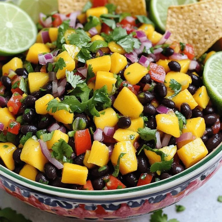 To make Mango Black Bean Salsa, you need: - 2 ripe mangoes, diced - 1 can (15 oz) black beans, rinsed and drained - 1 red bell pepper, diced - 1 small red onion, finely chopped - 1 jalapeño, deseeded and minced - 1/4 cup fresh cilantro, chopped - Juice of 2 limes - 1 tablespoon olive oil - Salt and pepper to taste You can swap ingredients to suit your taste. - Use canned corn instead of black beans for a sweeter touch. - Green bell pepper works well if you prefer less sweetness. - If you want less heat, skip the jalapeño or use a milder pepper. - Lemon juice can replace lime juice if you like a different tang. - Fresh parsley can be a good stand-in for cilantro. - Mangoes: They are high in vitamin C and help boost your immune system. - Black Beans: Packed with protein and fiber, they support heart health. - Red Bell Peppers: They are rich in vitamins A and C, promoting healthy skin. - Red Onions: They have antioxidants that help reduce inflammation. - Jalapeño: Contains capsaicin, which may help boost metabolism. - Cilantro: This herb aids digestion and is full of vitamins. - Limes: They provide vitamin C and can help with hydration. - Olive Oil: It offers healthy fats that are good for your heart. - Salt and Pepper: These enhance flavor but should be used in moderation. This Mango Black Bean Salsa is not just tasty; it's also packed with good nutrients! You can find the full recipe above to get started. To make Mango Black Bean Salsa, start by gathering your ingredients. You will need two ripe mangoes, a can of black beans, a red bell pepper, a small red onion, a jalapeño, fresh cilantro, lime juice, olive oil, salt, and pepper. First, dice the mangoes and red bell pepper. Finely chop the red onion and minutely mince the jalapeño after removing the seeds. In a large mixing bowl, combine all these fresh ingredients with the black beans and cilantro. When mixing, use a gentle hand. You want to keep the mangoes intact, so be careful. Pour your dressing made from lime juice, olive oil, salt, and pepper over the mixture. Then, toss everything lightly until it is well mixed. Make sure every piece is coated in the dressing. This step ensures that each bite bursts with flavor. After mixing, let the salsa rest for at least 15 minutes. This time allows the flavors to blend nicely. If you can wait longer, 30 minutes works even better. The longer it sits, the more intense the taste becomes. This simple step makes a big difference in your salsa's flavor. For the full recipe, refer to the earlier section. Enjoy your fresh and colorful dish! To boost the taste of your mango black bean salsa, think about adding a pinch of cumin or smoked paprika. These spices give depth and warmth. You can also try adding diced avocados for creaminess. Fresh lime juice brightens the flavors, so don’t skip it. One mistake is using overripe mangoes. They can turn mushy and watery. Always choose ripe but firm mangoes. Another issue is skipping the resting time. Allowing the salsa to sit helps the flavors mix well. It makes the salsa taste better! Fresh ingredients add vibrant flavor and texture. However, canned black beans are great for quick prep. Just rinse them well to remove extra salt. If you use fresh beans, soak and cook them first. Fresh herbs, like cilantro, bring a burst of freshness that dried herbs can’t match. For the complete recipe, check out the [Full Recipe]. {{image_2}} You can modify this salsa by adding other fruits. Pineapple brings a nice sweetness. Try diced kiwi for a tart twist. Avocado adds creaminess and richness, making it even more satisfying. You can also use peaches or nectarines when they're in season. Each fruit changes the flavor, making your salsa unique. If you like heat, add more jalapeño. You can also try a dash of cayenne pepper. For a milder version, leave out the jalapeño or use a sweet pepper. If you want a smoky flavor, add smoked paprika. Adjusting spices helps you create the perfect heat balance for your taste. This salsa pairs well with many foods. Use it as a topping for grilled chicken or fish. It also goes great with tacos and quesadillas. Serve it with tortilla chips for a tasty snack. You can even mix it into salads for a fresh kick. The options are endless! For the complete dish, check out the [Full Recipe]. I recommend using airtight glass containers. They keep the salsa fresh and tasty. You can also use plastic containers with tight lids. Just make sure they are clean and dry before use. This way, your salsa stays crisp. Store your salsa in the fridge for up to three days. After that, the flavors may fade. If you notice any weird smell or color, it’s best to throw it out. Always check before you dig in! You can freeze Mango Black Bean Salsa if you want to keep it longer. Use freezer-safe bags or containers. Leave some space for the salsa to expand. It can last for up to three months in the freezer. When you want to eat it, thaw it in the fridge overnight. To make Mango Black Bean Salsa, you need fresh ingredients. Here’s how to do it: 1. Dice 2 ripe mangoes and add them to a large bowl. 2. Rinse and drain 1 can of black beans, then mix them in. 3. Chop 1 red bell pepper and 1 small red onion, and add both to the bowl. 4. Mince 1 jalapeño and toss it in for some heat. 5. Chop 1/4 cup of fresh cilantro and stir it into the mix. 6. In a separate bowl, whisk the juice of 2 limes, 1 tablespoon of olive oil, and some salt and pepper. 7. Pour this dressing over the salsa and mix gently. Allow the salsa to sit for at least 15 minutes. This lets the flavors blend well. You can find the Full Recipe above for more details. Mango Black Bean Salsa is very versatile. You can serve it with: - Tortilla chips for a crunchy snack. - Grilled chicken for a fresh topping. - Fish tacos to add some zest. - Burrito bowls for added flavor and color. It also pairs well with rice or quinoa for a healthy meal. Yes, you can prepare Mango Black Bean Salsa ahead of time. Make it up to a day in advance. Keep it in the fridge in an airtight container. The flavors will deepen as it sits. Just remember to give it a good stir before serving. Enjoy this fresh dish any time! In this post, we explored the essential ingredients for Mango Black Bean Salsa. We discussed swaps for each ingredient and their nutritional benefits. I detailed the preparation steps, mixing tips, and how to enhance flavors. We also addressed common mistakes and ways to adapt the salsa. Lastly, I offered storage tips to keep it fresh longer. Mango Black Bean Salsa is easy to make and enjoy. It’s a versatile dish for any meal. Dive in and get creative with your salsa today!
